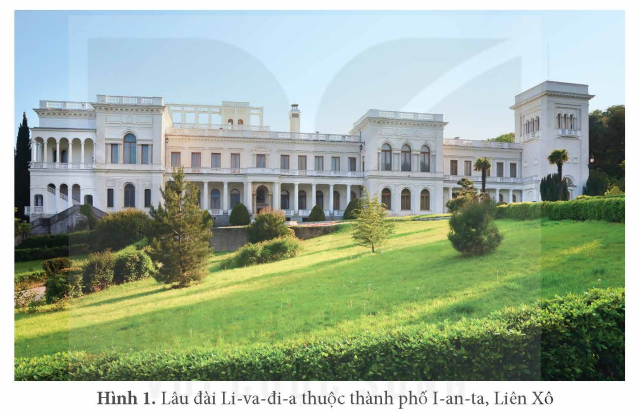 A large white building with many columns with Livadia Palace in the background

Description automatically generated