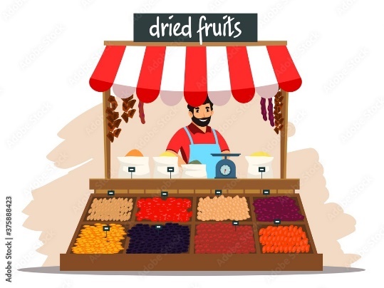 Street market stall with dried fruit illustration. Outdoor local fair kiosk vector. Man standing and selling fruits at table at tent with roof. Wooden booth with merchant in uniform Stock Vector | Adobe Stock