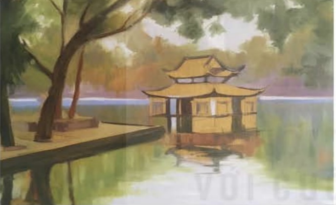 A painting of a pagoda in water

Description automatically generated