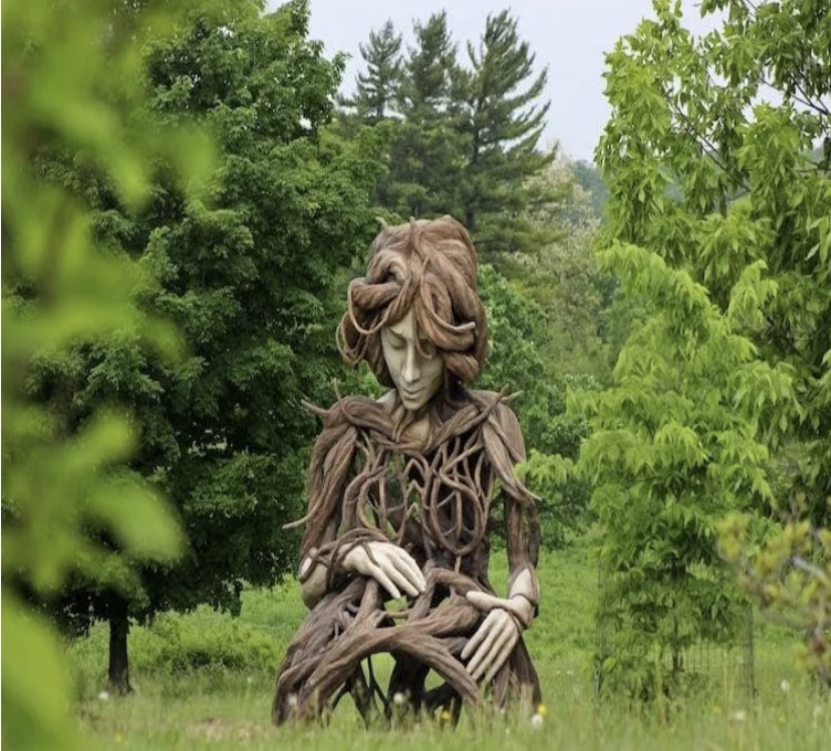 A statue of a person sitting in a grassy area

Description automatically generated