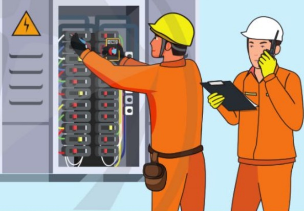 A couple of men wearing hardhats and orange jumpsuits

Description automatically generated