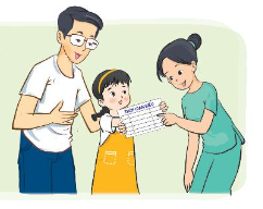 A cartoon of a family holding a sign

Description automatically generated