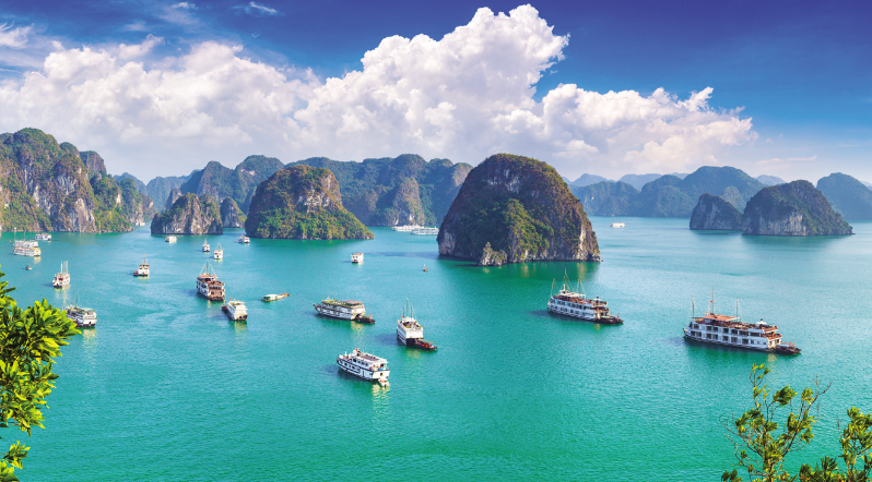 Boats in the water with islands in the background with Ha Long Bay in the background

Description automatically generated