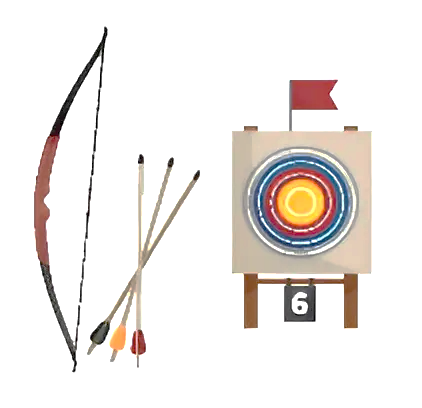 A bow and arrows next to a target

Description automatically generated