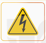 A yellow triangle sign with black lightning bolt

Description automatically generated