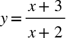 Title: y equals fraction numerator x plus 3 over denominator x plus 2 end fraction - Description: {"mathml":"<math style=\"font-family:stix;font-size:16px;\" xmlns=\"http://www.w3.org/1998/Math/MathML\"></span><mstyle mathsize=\"16px\"><mi>y</mi><mo>=</mo><mfrac><mrow><mi>x</mi><mo>+</mo><mn>3</mn></mrow><mrow><mi>x</mi><mo>+</mo><mn>2</mn></mrow></mfrac></mstyle></math>","origin":"MathType for Microsoft Add-in"}