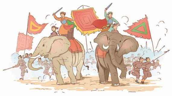 A group of people riding elephants

Description automatically generated