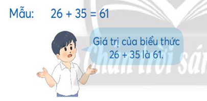 LÀM QUEN VỚI BIỂU THỨC A. KHỞI ĐỘNGGV nói, HS viết phép tính trên bảng con.B. HOẠT ĐỘNG HÌNH THÀNH KIẾN THỨCHoạt động 1: Giới thiệu biểu thứcBăng giấy trắng lúc đầu dài bao nhiêu đề-xi-mét?Dự kiến sản phẩm:2 + 2 + 3 = 7Hoạt động 2: Giới thiệu giá trị của biểu thức1. Tính giá trị của mỗi biểu thức rồi nói theo mẫu:a) 187 – 42b) 30 : 5c) 70 – 50 + 80Dự kiến sản phẩm:a) 187 – 42 = 145Giá trị của biểu thức 187 – 42 là 145.b) 30 : 5 = 6Giá trị của biểu thức 30 : 5 là 6.c) 70 – 50 + 80 = 100Giá trị của biểu thức 70 – 50 + 80 là 100.C. HOẠT ĐỘNG LUYỆN TẬPCâu 1 : Chọn số thích hợp điền vào chỗ chấm34 + 67 = ...A. 67B. 101C. 91D. 87Câu 2 : Chọn số thích hợp điền vào chỗ chấm45 + 45 = ...A. 50B. 100C. 90D. 40Câu 3 : Chọn số thích hợp điền vào chỗ chấm4 x 7 = ...A. 3B. 11C. 21D. 28Câu 4 : Chọn số thích hợp điền vào chỗ chấm100 - 17 = ...A. 63B. 83C. 23D. 117Câu 5 : Chọn số thích hợp điền vào chỗ chấm5 x 6 = ...A. 67B. 101C. 90D. 30Dự kiến sản phẩm:Câu hỏi12345Đáp ánBCCBDD. HOẠT ĐỘNG VẬN DỤNG