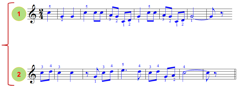 A sheet music with blue notes

Description automatically generated