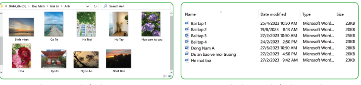 PHIẾU HỌC TẬP 1C2. BÀI 2: TÌM KIẾM TỆP VÀ THƯ MỤCEm hãy nêu các bước để tìm kiếm tệp trong thư mục?....................................................................................................................................................................................................................................................................................................................................................................................................................................................................................................................................................................2. Em hãy nêu tên các dạng hiển thị tệp, thư mục?....................................................................................................................................................................................................................................................................................................................................................................................................................................................................................................................................................................3.  Sắp xếp các việc dưới đây theo thứ tự đúng để thực hiện tìm tập, thư mục trong máy tính bằng công cụ tìm kiếm.A. Gõ từ khóa vào ô tìm kiếm.B. Kích hoạt phần mềm File Explorer.C. Chọn tập (thư mục) trong danh sách kết quả tìm kiếm, nháy phải chuột rồi chọn Open file location (Open folder location) D. Gõ phím Enter hoặc nháy chuột vào nút lệnh là ở bên phải ô tìm kiếm.E. Gõ phim Enter F. Chọn phạm vi tìm kiếm..............................................................................................................................................................................................................................................................................................................................................................................................................................................................................................................................................................................................................................................................................................................Em hãy nêu tên công cụ tìm kiếm tệp và thư mục?...........................................................................................................................................................................................................................................................................................................................................................................................................................5. Em hãy nêu sự khác nhau giữa hai hình dưới đây?....................................................................................................................................................................................................................................................................................................................................................................................................................................................................................................................................................................PHIẾU HỌC TẬP 2