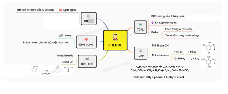 Sơ đồ tư duy phenol:HOẠT ĐỘNG LUYỆN TẬPTừ nội dung bài học,GV yêu cầu HS hoàn thành các bài tập trắc nghiệm sau:Câu 1: Alcohol no, đơn chức có 10 nguyên tử H trong phân tử có số đồng phân làA. 5.B. 3.C. 4. D. 2.Câu 2: Khi đun nóng dẫn xuất halogen X với dung dịch NaOH tạo thành hợp chất acetic aldehyde. Tên của hợp chất X là         A. 1,2- dibromoethane.B. 1,1- dibromoethane.C. ethyl chloride.D. 1,1,1-trichloroethane.Câu 3: Đốt cháy một alcohol đơn chức, mạch hở X thu được CO2 và hơi nước theo tỉ lệ thể tích VCO2 : VH2O = 4 : 5. CTPT của X làA. C4H10O. B. C3H6O. C. C5H12O.D. C2H6O.Câu 4: Cho 9,4 gam phenol (C6H5OH) tác dụng hết với bromine dư thì số mol bromine tham gia phản ứng là:A. 1 molB. 0,1 mol C. 3 mol     D. 0,3 molCâu 5: Từ 1,2 kg cumen có thể điều chế được tối đa bao nhiêu gam phenol. Cho biết hiệu suất toàn bộ quá trình đạt 80%.A. 752 gam B. 940 gam C. 1175 gam         D. 725 gamSản phẩm dự kiến:Câu 1 - CCâu 2 - BCâu 3 - ACâu 4 - DCâu 5 - AHOẠT ĐỘNG VẬN DỤNG