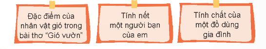 HOẠT ĐỘNG KHỞI ĐỘNGGV yêu cầu HS thảo luận và trả lời: iết trước em đã ôn tập về tính từ, hãy đặt 2 câu về bạn thân của em trong đó có sử dụng tính từ?HOẠT ĐỘNG HÌNH THÀNH KIẾN THỨCHoạt động 1: Tìm tính từ chỉ hình dáng, màu sắc, hương thơmHS thảo luận trả lời câu hỏi: Câu 1: Xếp tính từ có trong đoạn thơ dưới đây vào hai nhóm:“Hoa cà tim tímHoa mướp vàng vàngHoa lựu chói changĐỏ như đốm lửaHoa vừng nho nhỏHoa đỗ xinh xinhHoa mận trắng tinhRung rinh trong gió”Thu Hàa. Tính từ chỉ màu sắc.b. Tính từ chỉ hình dáng.Câu 2: Tìm 1 – 2 từ ngữ chỉ hình dáng, màu sắc, hương thơm của loài hoa em thích.Sản phẩm dự kiến:Câu 1:a. Tính từ chỉ màu sắc: tim tím, vàng vàng, chói chang, đỏ, trắng tinh.b. Tính từ chỉ hình dáng: nho nhỏ, xinh xinh.Câu 2: Hình 1: đỏ thắm, ngào ngạt, xinh đẹp, gai góc,...Hình 2: hồng hồng, thơm ngát, mỏng manh,...Hình 3: Khum tròn, trăng trắng, nhè nhẹ,...Hoạt động 2: Tìm tính từ chỉ đặc điểm phù hợpHS thảo luận trả lời câu hỏi: Tìm tính từ chỉ đặc điểm phù hợp thay cho * trong mỗi câu sau:a. Những cơn gió * thổib. Dòng xác xối * từ trên cao xuống.c. Trong bữa cơm tối, mọi người cười nói *.d. Trên bầu trời, những đám mây * trôi.e. Trong nôi, em bé ngủ *Sản phẩm dự kiến:a. Nhè nhẹ, ào ạt.b. Ào ào.c. Vui vẻ, rôm rả.d. Lững lờ, nhè nhẹ.e. Ngon, say.Hoạt động 3: Viết câu có sử dụng tính từHS thảo luận trả lời câu hỏi:Viết 2 – 3 câu theo một trong các nội dung dưới đây, trong đó có sửa dụng tính từ.Sản phẩm dự kiến:+ Chiếc quạt nhà em đã sử dụng từ mấy năm rồi, nó cao đến bụng em. + Chiếc quạt nhà em có khung màu xanh, cánh màu xámHOẠT ĐỘNG LUYỆN TẬP