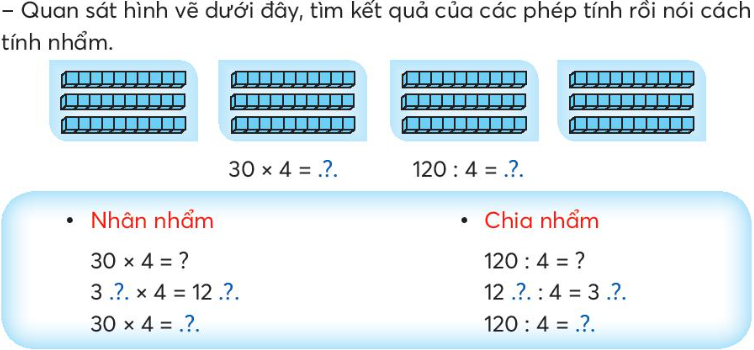 NHÂN NHẨM, CHIA NHẨM A. KHỞI ĐỘNGGV tổ chức cho HS múa hát tập thể tạo không khí lớp học vui tươi. B. HOẠT ĐỘNG HÌNH THÀNH KIẾN THỨCHoạt động 1: Nhân nhẩm, chia nhẩm các số tròn trăm4 kg  2 = ? ( kg)5 m  3 = ? ( m) 2 trăm  3 = ( trăm)Dự kiến sản phẩm:4 kg  2 = 8 kg5 m  3 = 15 m 2 trăm  3 = 6 trămHoạt động 2: Nhân nhẩm, chia nhẩm các số tròn chụcDự kiến sản phẩm:+ Ba chục nhân bốn bằng mười hai chục. + Ba mươi nhân bốn bằng một trăm hai mươi + Mười hai chục chia bốn bằng ba chục.+ Một trăm hai mươi chia bốn bằng ba mươi C. HOẠT ĐỘNG LUYỆN TẬPCâu 1 : Tính nhẩm và điền số thích hợp vào chỗ chấm2 x ... = 200A. 100B. 20C. 10D. 40Câu 2 : Tính nhẩm và điền số thích hợp vào chỗ chấm4 x ... = 240A. 40B. 30C. 60D. 20Câu 3 : Tính nhẩm và điền số thích hợp vào chỗ chấm3 x ... = 150A. 20B. 40C. 30D. 50Câu 4 : Tính nhẩm và điền số thích hợp vào chỗ chấm2 x ... = 100A. 10B. 40C. 50D. 20Câu 5 : Tính nhẩm và điền số thích hợp vào chỗ chấm40 x ... = 320A. 4B. 6C. 8D. 3Dự kiến sản phẩm:Câu hỏi12345Đáp ánACDCCD. HOẠT ĐỘNG VẬN DỤNG