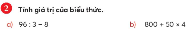 EM LÀM ĐƯỢC NHỮNG GÌ? A. KHỞI ĐỘNG- GV tổ chức múa hát tập thể tạo không khí lớp học vui tươi.B. HOẠT ĐỘNG LUYỆN TẬPBài tập 1: Tính nhẩm Dự kiến sản phẩm:a. 2  4 = 8             b. 6 : 3 = 220  4 = 80                60 : 3 = 20200  4 = 800           600 : 3 = 200c. 40  5 = 200       200 : 5 = 40200 : 4 = 50Bài tập 2: Tính giá trị của biểu thứcDự kiến sản phẩm:a. 96 : 3 – 8 = 32 – 8 = 24b. 800 + 50  4 = 800 + 200 = 1000 C. HOẠT ĐỘNG LUYỆN TẬPCâu 1 : Điền số thích hợp vào chỗ chấm32 x 4 = ...A. 120B. 128C. 239D. 127Câu 2 : Điền số thích hợp vào chỗ chấm36 x 2 = ...A. 28B. 39C. 72D. 39Câu 3 : Điền số thích hợp vào chỗ chấm20 x 5 = ...A. 100B. 30C. 40D. 50Câu 4 : Điền số thích hợp vào chỗ chấm25 + 8 + 37 = ...A. 59B. 39C. 70D. 49Câu 5 : Điền số thích hợp vào chỗ chấm36 x 2 - 20 = ...A. 38B. 69C. 49D. 52Dự kiến sản phẩm:Câu hỏi12345Đáp ánBCACDD. HOẠT ĐỘNG VẬN DỤNG