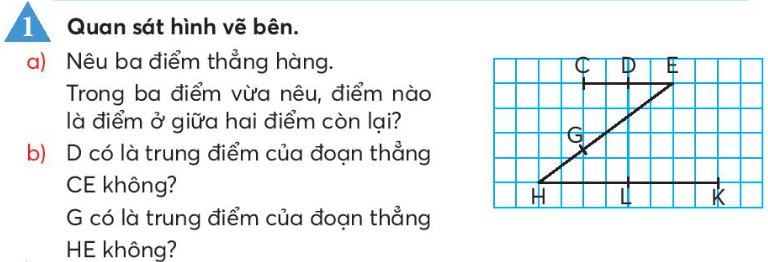 ĐIỂM Ở GIỮA. TRUNG ĐIỂM CỦA ĐOẠN THẲNG A. KHỞI ĐỘNG- GV yêu cầu HS quan sát hình ảnh, nhận biết Thọ đứng ở vị trí như thế nào so với Sơn và Thuý? B. HOẠT ĐỘNG HÌNH THÀNH KIẾN THỨCHoạt động 1: Giới thiệu điểm ở giữa hai điểm Dự kiến sản phẩm:+ Ba điểm A, O, B cùng nằm trên một đường thẳng. + Ba điểm A, O, B thẳng hàng.  Hoạt động 2: Giới thiệu trung điểm của đoạn thẳng GV vẽ một đoạn thẳng AB (dài 40 cm), tiếp theo vẽ điểm M.+ Nhận xét vị trí điểm MDự kiến sản phẩm:Điểm M là điểm nằm giữa hai điểm A và B. Hoạt động 3: Thực hànhDự kiến sản phẩm:a. Ba điểm H, G, E thẳng hàng (cùng nằm trên một đường thẳng). Điểm G ở giữa hai điểm H và E. Ba điểm H, L, K thẳng hàng (cùng nằm trên một đường thẳng). Điểm L ở giữa hai điểm H và K.b. G không là trung điểm của đoạn thẳng HE (điểm G ở giữa hai điểm H và E nhưng GH không bằng GE)C. HOẠT ĐỘNG LUYỆN TẬPD. HOẠT ĐỘNG VẬN DỤNG