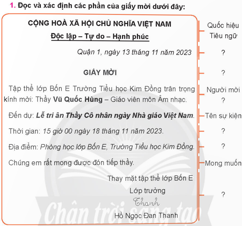 HOẠT ĐỘNG KHỞI ĐỘNGGV yêu cầu HS thảo luận và trả lời:+ Em đã từng nhận được giấy mời tham dự hoạt động, sự kiện gì?+ Trên giấy mời đó ghi những thông tin gì?HOẠT ĐỘNG HÌNH THÀNH KIẾN THỨCHoạt động 1: Nhận biết các phần của giấy mờiHS thảo luận trả lời câu hỏi: Sản phẩm dự kiến:Các phần của giấy mời: Quốc hiệu → Tiêu ngữ → Thời gian viết giấy mời → Tên “Giấy mời” → Người mời → Người được mời → Tên sự kiện → Thời gian diễn ra → Địa điểm diễn ra → Mong muốn → Kí tên người mời.Hoạt động 2: Viết và trang trí giấy mờiHS thảo luận trả lời câu hỏi:Sản phẩm dự kiến:HS trang trí theo sở thích.HOẠT ĐỘNG LUYỆN TẬP