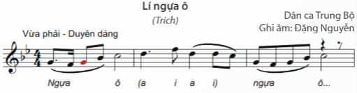 BÀI 7 – TIẾT 14: HÁT: BÀI HÁT LÍ NGỰA Ô (DÂN CA NAM BỘ). NGHE NHẠC: BÀI HÁT LÍ NGỰA Ô (DÂN CA TRUNG BỘ)A. KHỞI ĐỘNGGV hướng dẫn HS gõ âm hình tiết tấu B. HOẠT ĐỘNG HÌNH THÀNH KIẾN THỨCI. Bài hát lí ngựa ô1. Hát mẫu, cảm thụ âm nhạcGV hát mẫu cho HS nghe một lần bài hát, hát lại và cảm thụ âm nhạcSản phẩm dự kiến:HS lắng nghe bài hát Lí ngựa ô (Dân ca Nam Bộ). Có những cảm thụ ban đầu về lời ca, giai điệu bài hát.2. Tìm hiểu bài hátTrình bày những tìm hiểu của em bài hát Lí ngựa ô.Sản phẩm dự kiến:- Nội dung, ý nghĩa: thể hiện tính cách hồn hậu, chân phương, mộc mạc của người dân các miền quê Nam Bộ.- Hình thức: gồm 3 câu+ Câu 1: Khốp con ngựa ... kiệu vàng.+ Câu 2: Anh tra khốp bạc ... anh bịt đồng (thà).+ Câu 3: Anh ư ... về dinh.3. Khởi động giọngHS khởi động giọng theo mẫu tự chọn dưới sự hướng dẫn của GV. 4. Dạy hát- Nhịp 2/4.- Kí hiệu: dấu luyến, dấu hoa mĩ, dấu nhắc lại, khung thay đổi, đảo ngoài II. Nghe nhạc: Nghe bài hát lí ngựa ô1. Tìm hiểu xuất xứChia sẻ hiểu biết của em về bài hát Lí ngựa ô (Dân ca Trung Bộ).Sản phẩm dự kiến:Bài Lí ngựa ô có đến gần 30 dị bản, phổ biến:- Lí ngựa ô (Dân ca Nam Bộ):- Lí ngựa ô (Dân ca Trung Bộ):- Lí ngựa ô (Dân ca Trung Bộ):2. Nghe nhạcHS lắng nghe bài hát và vận động theo nhịp điệu bản nhạc.C. HOẠT ĐỘNG LUYỆN TẬPCâu 1: Bài hát Lí ngựa ô thuộc thể loại dân ca nào?A. Dân ca Bắc Bộ.B. Dân ca Trung Bộ.C. Dân ca Nam Bộ.D. Dân ca Tây Nguyên.Câu 2: Bài hát Lí ngựa ô thường được sử dụng để diễn tả điều gì?A. Tình yêu đôi lứa.B. Các lễ hội truyền thống.C. Cuộc sống nông thôn.D. Tình yêu quê hương, đất nước.Câu 3: Nhạc cụ thường dùng được sử dụng để đệm cho bài hát Lí ngựa ô?A. Sáo trúc.B. Trống cơm.C. Thanh phách.D. Đàn piano.Câu 4: Bài hát Lí ngựa ô có nhịp điệu như thế nào?A. Chậm, buồn bã.B. Nhẹ nhàng, trữ tình.C. Hơi nhanh, rộn ràng.D. Hùng tráng, mạnh mẽ.Câu 5: Bài hát Lí ngựa ô được chia thành mấy câu?A. 2 câu.B. 3 câu.C. 1 câu.D. 6 câu. Đáp án gợi ý:Câu 1Câu 2Câu 3Câu 4Câu 5CAACBD. HOẠT ĐỘNG VẬN DỤNG 