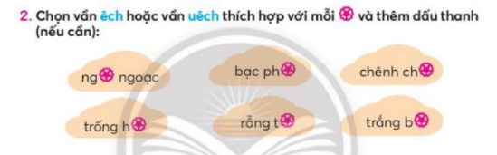 BÀI 3: NHƯ CÓ AI ĐI VẮNG (TIẾT 8 – 11)TIẾT 10KHỞI ĐỘNG- GV cho HS đọc đoạn trong bài “Vườn trưa”, trả lời 2 - 3 câu hỏi về nội dung bài vănB. HOẠT ĐỘNG HÌNH THÀNH KIẾN THỨC1. Phân biệt êch/ uêch- GV cho HS đọc yêu cầu BT 2 và tiếng đã cho trước.  - GV cho HS cùng bạn (nhóm đôi) chọn vần êch hoặc vần uêch phù hợp với mỗi chỗ trống.- GV cho HS làm bài vào VBT Sản phẩm dự kiến:nguệch ngoạc, bạc phếch, chênh chếch, trống huếch, rỗng tuếch, trắng bệch.- GV cho HS đọc lại các từ đã điền và giải nghĩa một số từ+ Nguệch ngoạc: thường để chỉ nét viết hoặc nét vẽ xiên xẹo, méo mó do chưa thạo hoặc do vội vàng, thiếu cẩn thận + Bạc phếch: bị phai màu đến mức ngả sang màu trắng đục, trông cũ và xấu+ Chênh chếc: hơi chếch về một phía+ Trống huếch: trống rỗng và hở rộng ra, hoàn toàn không thấy có gì ở bên trong+ Rỗng tuếch: hoàn toàn trống rỗng, hàm ý chê+ Trắng bệch: trăng một cách nhợt nhạt,...2. phân biệt ch/ tr hoặc ac/ at- GV cho HS đọc yêu cầu BT (3), chọn BT phân biệt phương ngữ ch/ tr hoặc ac/ at phù hợp để thực hiện.- GV cho HS tìm trong nhóm đôi chọn chữ hoặc vẫn thích hợp với mỗi chỗ trốngSản phẩm dự kiến:chải, trắng, chổi, trong; b. nhạc, hát, xạc, bát.-GV cho  HS đọc lại và giải nghĩa một số từ ngữ đã điền: + Xạc xào: từ mô phỏng tiếng như tiếng lá cây lay động va chạm nhẹ vào nhau + Bát ngát: rộng lớn đến mức tầm mắt không sao bao quát hết được.+ Đồng nghĩa: bao la, mênh mông, mông mênh,... TIẾT 11