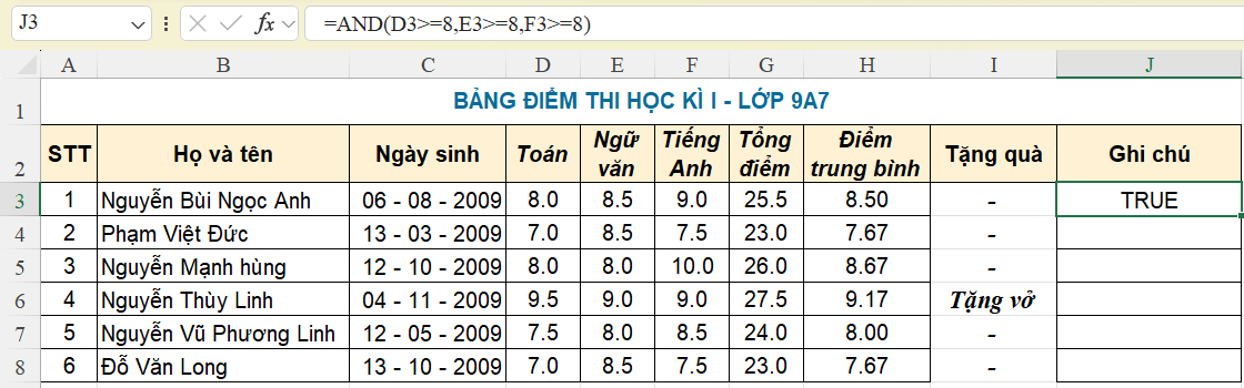 BÀI 2: HÀM ĐIỀU KIỆN IFA. KHỞI ĐỘNGGV trình bày vấn đề; HS lắng nghe và trả lời câu hỏi.B. HOẠT ĐỘNG HÌNH THÀNH KIẾN THỨCHoạt động 1: Tìm hiểu về hàm điều kiện IFNhiệm vụ 1: Tìm hiểu quy tắc viết hàm IFGV nêu nhiệm vụ; HS đọc thông tin mục 1 SGK trang 38 - 39 và tìm hiểu về quy tắc viết hàm IF.Dự kiến sản phẩm:Quy tắc:IF(<ĐK>,<GT1>,<GT2>)Trong đó, <ĐK> ở dạng đơn giản là một biểu thức so sánh được viết như sau:<Biểu thức 1><Phép so sánh><Biểu thức 2><Phép so sánh> là một toán tử.Bảng 1. Các phép so sánhKí hiệuÝ nghĩa<>So sánh khác>=Lớn hơn hoặc bằng>Lớn hơn<=Nhỏ hơn hoặc bằng<Nhỏ hơn=Bằng+ <Biểu thức 1>, <Biểu thức 2>, <GT1>, <GT2> có thể là một giá trị dữ liệu cụ thể (như một giá trị số, một cụm từ), hoặc một địa chỉ ô tính, hoặc kết quả của một biểu thức tính toán…Hoạt động 2: Tìm hiểu về hàm liên kết nhiều điều kiện AND, ORGV đặt vấn đề, nêu nhiệm vụ; HS đọc thông tin mục 2 SGK tr.39 và tìm hiểu về hàm liên kết nhiều điều kiện AND, OR.Dự kiến sản phẩm:- Hàm AND trả về giá trị TRUE khi tất cả các biểu thức logic trong danh sách tham số đều có giá trị TRUE. Hàm AND trả về giá trị FALSE trong các trường hợp khác.Ví dụ:- Hàm OR trả về giá trị FALSE khi tất cả các biểu thức logic trong danh sách tham số đều có giá trị FALSE. Hàm OR trả về giá trị TRUE trong các trường hợp các.Ví dụ:Hoạt động 3: Thực hànhTrên bảng dữ liệu, đã có cột Tặng quà sau phần Hoạt động, em hãy thực hiện các yêu cầu sau:1) Tạo thêm cột Nhắc việc tại cột J và điền dữ liệu theo quy tắc: Nếu điểm trung bình nhỏ hơn 8 thì ghi là “Tìm hiểu nguyên nhân , ngược lại ghi là “Đạt