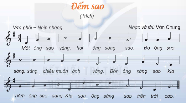 CHỦ ĐỀ 5: THIÊN NHIÊN TƯƠI ĐẸP(15 CÂU) A. CÂU HỎI TRẮC NGHIỆM1. NHẬN BIẾT (10 CÂU)Câu 1:  Bài hát Đếm sao có giai điệu:A. Nhịp nhàng. B. Nhanh. C. Chậm rãi. D. Vừa phải. Câu 2: Nhịp 3/4 có số phạc trong một ô nhịp là:   A. 4B. 2 C. 1 D.  3 Câu 3: Bài hát Em đi giữa biển vàng thể hiện:A. Vẻ đẹp cánh đồng lúa quê hương qua con mắt trẻ thơ. B. Sức sống mãnh liệt của cây lúa chín ngoài đồng. C. Niềm tin của người nông dân khi lúa trổ bông. D. Ước mơ của các em nhỏ về một mùa màng bội thu. Câu 4: Bài hát Em đi giữa biển vàng được phổ nhạc bởi nhạc sĩ:A. Xuân PhươngB.  Nguyễn Đăng KhoaC.  Bùi Đình Thảo.   D. Quốc Dũng. Câu 5: Mỗi phách của nhịp 3/4 có giá trị bằng:A. 2 nốt đen. B. 1 nốt đen.C. 1 nốt móc đơn. D. 1 nốt móc kép.  Câu 6: Quy luật phách mạnh và nhẹ của nhịp 3/4 là:A. Nhẹ – mạnh – nhẹ. B. Mạnh – nhẹ - mạnh.C. Mạnh – mạnh – nhẹ. D. Mạnh – nhẹ –  nhẹ.Câu 7:  Bài Em đi giữa biển vàng viết theo nhịp:A. 3/4B. 2/2C. 2/4D. 4/4……………………2. THÔNG HIỂU (2 CÂU)Câu 1: Đâu không phải là ý đúng khi nói về bài hát Sách bút thân yêu ơi!?A. Bài hát có giai điệu hồn nhiên, vui tươi, lời ca dung dị. B. Bài hát thể hiện tình cảm gắn bó, thân thiết của các bạn nhỏ với những đồ dùng học tập thân quen. C. Bài hát nhắc nhở các bạn nhỏ luôn chăm chỉ, cố gắng học tập. D. Bài hát được nhạc sĩ Bùi Đình Thảo phổ theo thơ của nhà thơ Trần Đăng Khoa. Câu 2: Bài hát nào không được viết bằng nhịp 3/4?A. Bụi Phấn.B.  Đếm saoC.  Duyên dáng mùa xuânD.  Em đi giữa biển vàng---------------- Còn tiếp ------------------ CHỦ ĐỀ 6: ƯỚC MƠ TUỔI THƠ(15 CÂU)