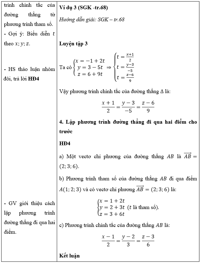 CHƯƠNG V: PHƯƠNG TRÌNH MẶT PHẲNG, ĐƯỜNG THẲNG, MẶT CẦU TRONG KHÔNG GIANBÀI 1: PHƯƠNG TRÌNH MẶT PHẲNG (5 TIẾT)I. MỤC TIÊU                          1. Về kiến thứcSau bài học này, HS sẽ:Nhận biết được phương trình mặt phẳng.Viết phương trình mặt phẳng trong các trường hợp: qua một điểm và biết vectơ pháp tuyến, qua một điểm và biết cặp vectơ chỉ phương, qua ba điểm không thẳng hàng.Nhận biết hai mặt phẳng song song, hai mặt phẳng vuông góc.Tính khoảng cách từ một điểm đến một mặt phẳng.Vận dụng kiến thức về phương trình mặt phẳng, công thức tính khoảng cách từ một điểm đến một mặt phẳng vào một số bài toán liên quan đến thực tiễn.2. Về năng lựcNăng lực chung:Năng lực tự chủ và tự học: Chủ động tìm tòi, khám phá kiến thức mới.Năng lực giao tiếp và hợp tác: Có thái độ tôn trọng thầy cô, bạn bè trong trong bày, thảo luận và làm việc nhóm.Năng lực giải quyết vấn đề và sáng tạo: Giải quyết được các vấn đề trong thực tiễn một cách sáng tạo.Năng lực riêng:Năng lực tư duy và lập luận toán học: So sánh, phân tích dữ liệu, phân tích, lập luận để giải thích được khái niệm phương trình mặt phẳng.Năng lực mô hình hóa toán học: Xác định được điểm, biểu diễn được vectơ xuất hiện trong bài toán thực tiễn.Năng lực giải quyết vấn đề toán học: Tính khoảng cách từ một điểm đến một mặt phẳng.Năng lực giao tiếp toán học: Đọc, hiểu thông tin toán học.Năng lực sử dụng công cụ, phương tiện học toán: Sử dụng được máy tính cầm tay.3. Về phẩm chấtChăm chỉ: Chủ động, kiên trì thực hiện nhiệm vụ thu thập các dữ liệu để khám phá vấn đề.Trung thực: Có ý thức báo cáo các kết quả đã thu thập chính xác, khách quan.Trách nhiệm: Tự giác hoàn thành công việc thu thập các dữ liệu bản thân được phân công, phối hợp với thành viên trong nhóm để hoàn thành nhiệm vụ.II. THIẾT BỊ DẠY HỌC VÀ HỌC LIỆU1. Đối với GV:  SGK, Tài liệu giảng dạy, giáo án, đồ dùng dạy học.2. Đối với HS: SGK, SBT, vở ghi, giấy nháp, đồ dùng học tập (bút, thước...), bảng nhóm, bút viết bảng nhóm.III. TIẾN TRÌNH DẠY HỌCA. HOẠT ĐỘNG KHỞI ĐỘNG (MỞ ĐẦU)a) Mục tiêu:- Tạo hứng thú, thu hút HS tìm hiểu nội dung bài học.b) Nội dung: HS đọc tình huống mở đầu, suy nghĩ trả lời câu hỏi.c) Sản phẩm: HS đưa ra được nhận định ban đầu về câu hỏi mở đầu.d) Tổ chức thực hiện: Bước 1: Chuyển giao nhiệm vụ:- GV yêu cầu HS đọc tình huống mở đầu:Người ta muốn sản xuất một chi tiết máy được cắt ra từ một ống trụ thép gia công cơ khí chính xác (Hình 1). Để làm chi tiết máy đó, người ta cần xác định phương trình của mặt cắt trong một hệ tọa độ thích hợp và đưa những dữ liệu đó vào hệ thống máy tính điều khiển các máy gia công cơ khí kĩ thuật số.Trong không gian vơi hệ tọa độ , phương trình của mặt phẳng là gì? Làm thế nào để lập được phương trình của mặt phẳng?Bước 2: Thực hiện nhiệm vụ: HS quan sát và chú ý lắng nghe, thảo luận nhóm đôi hoàn thành yêu cầu.Bước 3: Báo cáo, thảo luận: GV gọi một số HS trả lời, HS khác nhận xét, bổ sung.Bước 4: Kết luận, nhận định: GV đánh giá kết quả của HS, trên cơ sở đó dẫn dắt HS vào bài học mới: “Trong chương này, chúng ta sẽ tìm hiểu những nội dung sau: phương trình mặt phẳng trong không gian; phương trình đường thẳng trong không gian; phương trình mặt cầu trong không gian. Hôm nay chúng ta sẽ học đơn vị kiến thức đầu tiên, phương trình mặt phẳng.”.Bài mới: Phương trình mặt phẳng.B. HÌNH THÀNH KIẾN THỨC MỚIHoạt động 1: Vectơ pháp tuyến. Cặp vectơ chỉ phương của mặt phẳnga) Mục tiêu: Nhận biết được vectơ pháp tuyến, vectơ chỉ phương của mặt phẳng.b) Nội dung: HS đọc SGK, nghe giảng, thực hiện các nhiệm vụ được giao, suy nghĩ trả lời câu hỏi, thực hiện các HĐ1, 2, 3, Luyện tập 1; 2; 3 và các ví dụ.c) Sản phẩm: HS hình thành được kiến thức bài học, câu trả lời của HS cho các câu hỏi. HS nhận biết khái niệm vectơ pháp tuyến, vectơ chỉ phương.d) Tổ chức thực hiện:HĐ CỦA GV VÀ HSSẢN PHẨM DỰ KIẾNBước 1: Chuyển giao nhiệm vụ:  - HS trả lời HĐ1.      - GV dẫn dắt:   được gọi là một vectơ pháp tuyến của mặt phẳng . Từ đó, giới thiệu khái niệm vectơ pháp tuyến.    - GV đặt câu hỏi: Một mặt phẳng có bao nhiêu vectơ pháp tuyến? Từ đó dẫn đến nhận xét.- GV cho HS thực hiện Ví dụ 1:Vectơ nào vuông góc với mặt phẳng ?- HS thực hiện Luyện tập 1.         - HS trả lời HĐ2.           - GV giới thiệu cho HS khái niệm cặp vectơ chỉ phương. - HS tìm hiểu Ví dụ 2. - HS thực hiện Luyện tập 2:     - HS thảo luận nhóm đôi, hoàn thành HĐ3.+ Tìm vectơ  sao cho .+ Vectơ  có vuông góc với mặt phẳng  không?  - GV đưa công thức xác định vectơ pháp tuyến từ tích có hướng của hai cặp vectơ chỉ phương. HS tìm hiểu Ví dụ 3. HS áp dụng Nhận xét ở mục 1, thực hiện Luyện tập 3.Bước 2: Thực hiện nhiệm vụ: - HS theo dõi SGK, chú ý nghe, tiếp nhận kiến thức, hoàn thành các yêu cầu, thảo luận nhóm.- GV quan sát hỗ trợ.Bước 3: Báo cáo, thảo luận: - HS giơ tay phát biểu, lên bảng trình bày- Một số HS khác nhận xét, bổ sung cho bạn. Bước 4: Kết luận, nhận định: GV tổng quát lưu ý lại kiến thức trọng tâm và yêu cầu HS ghi chép đầy đủ vào vở.I. Vectơ pháp tuyến. Cặp vectơ chỉ phương của mặt phẳng1. Vectơ pháp tuyếnHĐ1:Giá của vectơ  là đường thẳng .Vì  là hình hộp chữ nhật nên .Vậy giá của vectơ  vuông góc với mặt phẳng Khái niệmCho mặt phẳng . Nếu vectơ khác  và có giá vuông góc với mặt phẳng  thì  được gọi là vectơ pháp tuyến của mặt phẳng .Vectơ  là một vectơ pháp tuyến của mặt phẳng .Nhận xét: Nếu  là vectơ pháp tuyến của một mặt phẳng thì  cũng là vectơ pháp tuyến của mặt phẳng đó.Ví dụ 1 (SGK -tr.51)Hướng dẫn giải: SGK – tr.51 Luyện tập 1a) Vectơ  có giá là trục  và  nên  là một vectơ pháp tuyến của mặt phẳng .b) Vectơ  có giá là trục  và  nên  là một vectơ pháp tuyến của mặt phẳng .2. Cặp vectơ chỉ phươngHĐ2           + Vì  là hình hộp nên hai đường thẳng  và  chéo nhau. Do đó, hai vectơ  không cùng phương.+ Vì  nên giá của vectơ  nằm trong mặt phẳng .+ Vì  nên giá của vectơ song song mặt phẳng .Kết luậnCho mặt phẳng . Hai vectơ không cùng phương có giá song song hoặc nằm trong mặt phẳng  được gọi là cặp vectơ chỉ phương của mặt phẳng Ví dụ 2 (SGK -tr.51)Hướng dẫn giải: SGK – tr.52Luyện tập 2+ Do hai vectơ  không cùng phương và có giá cùng nằm trong mặt phẳng  nên  là cặp vectơ chỉ phương của mặt phăng .+ Do hai vectơ  không cùng phương và có giá cùng nằm trong mặt phẳng  nên  là cặp vectơ chỉ phương của mặt phăng .+ Do hai vectơ  không cùng phương và có giá cùng nằm trong mặt phẳng  nên  là cặp vectơ chỉ phương của mặt phăng .3. Xác định vectơ pháp tuyến của mặt phẳng khi biết cặp vectơ chỉ phươngHĐ3a) Xét vectơ  có:;.Vậy  vuông góc với cả hai vectơ và .b) Vì  vuông góc với cả hai vectơ và có nghĩa là giá của nó vuông góc với hai đường thẳng cắt nhau của mặt phẳng .Suy ra giá của vectơ  vuông góc với mặt phẳng .Mà , do đó vectơ  là một vectơ pháp tuyến của mặt phẳng . Kết luậnNếu hai vectơ  là cặp vectơ chỉ phương của mặt phẳng  thì  là một vectơ pháp tuyến của mặt phẳng .Ví dụ 3 (SGK -tr.52)Hướng dẫn giải: SGK – tr.52Luyện tập 3Ta có Do đó vectơ  vuông góc với cả hai vectơ  và . Vậy vectơ  cũng là một vectơ pháp tuyến của mặt phẳng .  ----------------------------------------------------------- Còn tiếp ----------------------Ngày soạn:.../.../...Ngày dạy:.../.../... CHƯƠNG V: PHƯƠNG TRÌNH MẶT PHẲNG, ĐƯỜNG THẲNG, MẶT CẦU TRONG KHÔNG GIANBÀI 2: PHƯƠNG TRÌNH ĐƯỜNG THẲNG (5 TIẾT)I. MỤC TIÊU 1. Về kiến thứcSau bài học này, HS sẽ:Nhận biết được các phương trình tham số, chính tắc của đường thẳng.Viết được phương trình đường thẳng đi qua một điểm và biết vectơ chỉ phương.Viết được phương trình đường thẳng đi qua hai điểm.Nhận biết vị trí tương đối của hai đường thẳng.Vận dụng kiến thức về phương trình đường thẳng, vị trí tương đối về phương trình đường thẳng, vị trí tương đối giữa hai đường thẳng vào một số bài toán liên quan đến thực tiễn.Tính góc giữa hai đường thẳng, góc giữa đường thẳng với mặt phẳng, góc giữa hai mặt phẳng.Vận dụng kiến thức về góc vào một số bài toán liên quan đến thực tiễn.2. Về năng lựcNăng lực chung:Năng lực tự chủ và tự học: Chủ động tìm tòi, khám phá kiến thức mới.Năng lực giao tiếp và hợp tác: Có thái độ tôn trọng thầy cô, bạn bè trong trong bày, thảo luận và làm việc nhóm.Năng lực giải quyết vấn đề và sáng tạo: Giải quyết được các vấn đề trong thực tiễn một cách sáng tạo.Năng lực riêng:Tư duy và lập luận toán học: So sánh, phân tích dữ liệu, phân tích, lập luận để giải thích được khái niệm được các phương trình tham số, chính tắc của đường thẳng.Mô hình hóa toán học: mô tả các dữ kiện bài toán thực tế, giải quyết bài toán liên quan đến phương trình đường thẳng và góc trong không gian.Giải quyết vấn đề toán học: viết được phương trình đường thẳng, xác định được vị trí tương đối của hai đường thẳng trong không gian; Tính góc giữa hai đường thẳng, góc giữa đường thẳng với mặt phẳng, góc giữa hai mặt phẳng. Giao tiếp toán học: đọc, hiểu thông tin toán học.3. Về phẩm chấtChăm chỉ: Chủ động, kiên trì thực hiện nhiệm vụ thu thập các dữ liệu để khám phá vấn đề.Trung thực: Có ý thức báo cáo các kết quả đã thu thập chính xác, khách quan.Trách nhiệm: Tự giác hoàn thành công việc thu thập các dữ liệu bản thân được phân công, phối hợp với thành viên trong nhóm để hoàn thành nhiệm vụ.II. THIẾT BỊ DẠY HỌC VÀ HỌC LIỆU1. Đối với GV:  SGK, Tài liệu giảng dạy, giáo án, đồ dùng dạy học, laptop, ppt.2. Đối với HS: SGK, SBT, vở ghi, giấy nháp, đồ dùng học tập (bút, thước...), bảng nhóm, bút viết bảng nhóm.III. TIẾN TRÌNH DẠY HỌCA. HOẠT ĐỘNG KHỞI ĐỘNG (MỞ ĐẦU)a) Mục tiêu: Gợi động cơ, tạo hứng thú, thu hút HS tìm hiểu nội dung bài học.b) Nội dung: HS đọc tình huống mở đầu, suy nghĩ trả lời câu hỏi về tọa độ của vectơ.c) Sản phẩm: HS đưa ra được nhận định ban đầu về câu hỏi mở đầu.d) Tổ chức thực hiện: Bước 1: Chuyển giao nhiệm vụ:- GV yêu cầu HS đọc tình huống mở đầu:Cầu Bãi Cháy nối Hòn Gai và Bãi Cháy (Quảng Ninh). Dây cáp   của cầu gợi nên hình ảnh đường thẳng trong không gian với hệ tọa độ  (Hình 22).Trong hệ tọa độ , phương trình của đường thẳng là gì? Làm thế nào để lập được phương trình đường thẳng?Bước 2: Thực hiện nhiệm vụ: HS quan sát và chú ý lắng nghe, thảo luận nhóm đôi hoàn thành yêu cầu.Bước 3: Báo cáo, thảo luận: GV gọi một số HS trả lời, HS khác nhận xét, bổ sung.Bước 4: Kết luận, nhận định: GV đánh giá kết quả của HS, trên cơ sở đó dẫn dắt HS vào bài học mới: “Để viết phương trình đường thẳng trong  thì chúng ta cần biết vectơ chỉ phương và một điểm thuộc đường thẳng đó. Phương trình đường thẳng trong không gian có giống như vậy không, bài học hôm nay sẽ trả lời câu hỏi đó.”.Bài mới: Phương trình đường thẳng.B. HÌNH THÀNH KIẾN THỨC MỚIHoạt động 1: Phương trình đường thẳnga) Mục tiêu: Nhận biết vectơ chỉ phương của đường thẳng.Nhận biết được các phương trình tham số, chính tắc của đường thẳng.Viết được phương trình đường thẳng đi qua một điểm và biết vectơ chỉ phương.Viết được phương trình đường thẳng đi qua hai điểm.b) Nội dung: HS đọc SGK, nghe giảng, thực hiện các nhiệm vụ được giao, suy nghĩ trả lời câu hỏi, thực hiện các HĐ1, 2,3, 4 Luyện tập 1; 2; 3, 4 và các ví dụ.c) Sản phẩm: HS hình thành được kiến thức bài học, câu trả lời của HS cho các câu hỏi. HS nhận biết và viết được phương trình đường thẳng.d) Tổ chức thực hiện:----------------------------------------------------------- Còn tiếp ---------------------- II. TRẮC NGHIỆM KÌ 2 TOÁN 12 CÁNH DIỀUPhiếu trắc nghiệm Toán 12 cánh diều Bài 1: Nguyên hàmPhiếu trắc nghiệm Toán 12 cánh diều Bài 2: Nguyên hàm của một số hàm số sơ cấpPhiếu trắc nghiệm Toán 12 cánh diều Bài 3: Tích phânPhiếu trắc nghiệm Toán 12 cánh diều Bài 4: Ứng dụng hình học của tích phânPhiếu trắc nghiệm Toán 12 cánh diều Bài tập cuối chương IVPhiếu trắc nghiệm Toán 12 cánh diều Hoạt động thực hành và trải nghiệm Chủ đề 2: Thực hành tạo đồng hồ Mặt trờiPhiếu trắc nghiệm Toán 12 cánh diều Bài 1: Phương trình mặt phẳngPhiếu trắc nghiệm Toán 12 cánh diều Bài 2: Phương trình đường thẳngPhiếu trắc nghiệm Toán 12 cánh diều Bài 3: Phương trình mặt cầuPhiếu trắc nghiệm Toán 12 cánh diều Bài tập cuối chương VPhiếu trắc nghiệm Toán 12 cánh diều Bài 1: Xác suất có điều kiệnPhiếu trắc nghiệm Toán 12 cánh diều Bài 2: Công thức xác suất toàn phần. Công thức BayesPhiếu trắc nghiệm Toán 12 cánh diều Bài tập cuối chương VI CHƯƠNG IV. NGUYÊN HÀM. TÍCH PHÂNBÀI 1: NGUYÊN HÀM A. TRẮC NGHIỆM NHIỀU ĐÁP ÁN LỰA CHỌN1. NHẬN BIẾT (6 CÂU)Câu 1: Mệnh đề nào sau đây sai?A. Nếu  là một nguyên hàm của  trên  và  là hằng số thì .B. Mọi hàm số liên tục trên  đều có nguyên hàm trên .C.  là một nguyên hàm của  trên . D. Câu 2: Cho hai hàm số  là hàm số liên tục, có  lần lượt là nguyên hàm của . Xét các mệnh đề sau:(I)  là một nguyên hàm của (II)  là một nguyên hàm của .(III)  là một nguyên hàm của Số mệnh đề đúng là:A. 1.B. C. D. .Câu 3: Trong các khẳng định sau, khẳng định nào sai?A. B. Nếu  và  đều là nguyên hàm của hàm số  thì  là hằng số.C.  là một nguyên hàm của .D.  là một nguyên hàm của .Câu 4: Mệnh đề nào sau đây sao?A. với mọi hằng số  và với mọi hàm số  liên tục trên .B. , với mọi hàm số  liên tục trên .C. , với mọi hàm số  liên tục trên .D.  với mọi hàm số  có đạo hàm trên .Câu 5: Cho hàm số  xác định trên  và  là một nguyên hàm của  trên . Khẳng định nào dưới đây đúng?A. .B. .C. .D. .Câu 6: Cho hàm số  xác định trên . Khẳng định nào sau đây sai?A. Nếu hàm số  là một nguyên hàm của  trên  thì với mỗi hằng số , hàm số  cũng là một nguyên hàm của  trên .B. Hàm số  được gọi là một nguyên hàm của  trên  nếu  với mọi .C. Nếu hàm số  là một nguyên hàm của  trên  thì hàm số  là một nguyên hàm của  trên .D. Nếu  liên tục trên  thì nó có nguyên hàm trên .2. THÔNG HIỂU (10 CÂU)Câu 1: Họ nguyên hàm của hàm số  là:A. .B. .C. .D. .Câu 2: Nguyên hàm của hàm số  là:A. .B. .C. .D. Câu 3: Cho hàm số . Khẳng định nào dưới đây đúng?A. B. .C. .D. .Câu 4: Tìm nguyên hàm của hàm số A. .B. .C. .D. .----------------------------------------------------------- Còn tiếp ----------------------CHƯƠNG V. PHƯƠNG TRÌNH MẶT PHẲNG. ĐƯỜNG THẲNG. MẶT CẦU TRONG KHÔNG GIANBÀI 3: PHƯƠNG TRÌNH MẶT CẦU