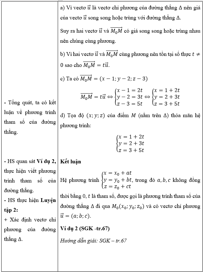 CHƯƠNG V: PHƯƠNG TRÌNH MẶT PHẲNG, ĐƯỜNG THẲNG, MẶT CẦU TRONG KHÔNG GIANBÀI 1: PHƯƠNG TRÌNH MẶT PHẲNG (5 TIẾT)I. MỤC TIÊU                          1. Về kiến thứcSau bài học này, HS sẽ:Nhận biết được phương trình mặt phẳng.Viết phương trình mặt phẳng trong các trường hợp: qua một điểm và biết vectơ pháp tuyến, qua một điểm và biết cặp vectơ chỉ phương, qua ba điểm không thẳng hàng.Nhận biết hai mặt phẳng song song, hai mặt phẳng vuông góc.Tính khoảng cách từ một điểm đến một mặt phẳng.Vận dụng kiến thức về phương trình mặt phẳng, công thức tính khoảng cách từ một điểm đến một mặt phẳng vào một số bài toán liên quan đến thực tiễn.2. Về năng lựcNăng lực chung:Năng lực tự chủ và tự học: Chủ động tìm tòi, khám phá kiến thức mới.Năng lực giao tiếp và hợp tác: Có thái độ tôn trọng thầy cô, bạn bè trong trong bày, thảo luận và làm việc nhóm.Năng lực giải quyết vấn đề và sáng tạo: Giải quyết được các vấn đề trong thực tiễn một cách sáng tạo.Năng lực riêng:Năng lực tư duy và lập luận toán học: So sánh, phân tích dữ liệu, phân tích, lập luận để giải thích được khái niệm phương trình mặt phẳng.Năng lực mô hình hóa toán học: Xác định được điểm, biểu diễn được vectơ xuất hiện trong bài toán thực tiễn.Năng lực giải quyết vấn đề toán học: Tính khoảng cách từ một điểm đến một mặt phẳng.Năng lực giao tiếp toán học: Đọc, hiểu thông tin toán học.Năng lực sử dụng công cụ, phương tiện học toán: Sử dụng được máy tính cầm tay.3. Về phẩm chấtChăm chỉ: Chủ động, kiên trì thực hiện nhiệm vụ thu thập các dữ liệu để khám phá vấn đề.Trung thực: Có ý thức báo cáo các kết quả đã thu thập chính xác, khách quan.Trách nhiệm: Tự giác hoàn thành công việc thu thập các dữ liệu bản thân được phân công, phối hợp với thành viên trong nhóm để hoàn thành nhiệm vụ.II. THIẾT BỊ DẠY HỌC VÀ HỌC LIỆU1. Đối với GV:  SGK, Tài liệu giảng dạy, giáo án, đồ dùng dạy học.2. Đối với HS: SGK, SBT, vở ghi, giấy nháp, đồ dùng học tập (bút, thước...), bảng nhóm, bút viết bảng nhóm.III. TIẾN TRÌNH DẠY HỌCA. HOẠT ĐỘNG KHỞI ĐỘNG (MỞ ĐẦU)a) Mục tiêu:- Tạo hứng thú, thu hút HS tìm hiểu nội dung bài học.b) Nội dung: HS đọc tình huống mở đầu, suy nghĩ trả lời câu hỏi.c) Sản phẩm: HS đưa ra được nhận định ban đầu về câu hỏi mở đầu.d) Tổ chức thực hiện: Bước 1: Chuyển giao nhiệm vụ:- GV yêu cầu HS đọc tình huống mở đầu:Người ta muốn sản xuất một chi tiết máy được cắt ra từ một ống trụ thép gia công cơ khí chính xác (Hình 1). Để làm chi tiết máy đó, người ta cần xác định phương trình của mặt cắt trong một hệ tọa độ thích hợp và đưa những dữ liệu đó vào hệ thống máy tính điều khiển các máy gia công cơ khí kĩ thuật số.Trong không gian vơi hệ tọa độ , phương trình của mặt phẳng là gì? Làm thế nào để lập được phương trình của mặt phẳng?Bước 2: Thực hiện nhiệm vụ: HS quan sát và chú ý lắng nghe, thảo luận nhóm đôi hoàn thành yêu cầu.Bước 3: Báo cáo, thảo luận: GV gọi một số HS trả lời, HS khác nhận xét, bổ sung.Bước 4: Kết luận, nhận định: GV đánh giá kết quả của HS, trên cơ sở đó dẫn dắt HS vào bài học mới: “Trong chương này, chúng ta sẽ tìm hiểu những nội dung sau: phương trình mặt phẳng trong không gian; phương trình đường thẳng trong không gian; phương trình mặt cầu trong không gian. Hôm nay chúng ta sẽ học đơn vị kiến thức đầu tiên, phương trình mặt phẳng.”.Bài mới: Phương trình mặt phẳng.B. HÌNH THÀNH KIẾN THỨC MỚIHoạt động 1: Vectơ pháp tuyến. Cặp vectơ chỉ phương của mặt phẳnga) Mục tiêu: Nhận biết được vectơ pháp tuyến, vectơ chỉ phương của mặt phẳng.b) Nội dung: HS đọc SGK, nghe giảng, thực hiện các nhiệm vụ được giao, suy nghĩ trả lời câu hỏi, thực hiện các HĐ1, 2, 3, Luyện tập 1; 2; 3 và các ví dụ.c) Sản phẩm: HS hình thành được kiến thức bài học, câu trả lời của HS cho các câu hỏi. HS nhận biết khái niệm vectơ pháp tuyến, vectơ chỉ phương.d) Tổ chức thực hiện:HĐ CỦA GV VÀ HSSẢN PHẨM DỰ KIẾNBước 1: Chuyển giao nhiệm vụ:  - HS trả lời HĐ1.      - GV dẫn dắt:   được gọi là một vectơ pháp tuyến của mặt phẳng . Từ đó, giới thiệu khái niệm vectơ pháp tuyến.    - GV đặt câu hỏi: Một mặt phẳng có bao nhiêu vectơ pháp tuyến? Từ đó dẫn đến nhận xét.- GV cho HS thực hiện Ví dụ 1:Vectơ nào vuông góc với mặt phẳng ?- HS thực hiện Luyện tập 1.         - HS trả lời HĐ2.           - GV giới thiệu cho HS khái niệm cặp vectơ chỉ phương. - HS tìm hiểu Ví dụ 2. - HS thực hiện Luyện tập 2:     - HS thảo luận nhóm đôi, hoàn thành HĐ3.+ Tìm vectơ  sao cho .+ Vectơ  có vuông góc với mặt phẳng  không?  - GV đưa công thức xác định vectơ pháp tuyến từ tích có hướng của hai cặp vectơ chỉ phương. HS tìm hiểu Ví dụ 3. HS áp dụng Nhận xét ở mục 1, thực hiện Luyện tập 3.Bước 2: Thực hiện nhiệm vụ: - HS theo dõi SGK, chú ý nghe, tiếp nhận kiến thức, hoàn thành các yêu cầu, thảo luận nhóm.- GV quan sát hỗ trợ.Bước 3: Báo cáo, thảo luận: - HS giơ tay phát biểu, lên bảng trình bày- Một số HS khác nhận xét, bổ sung cho bạn. Bước 4: Kết luận, nhận định: GV tổng quát lưu ý lại kiến thức trọng tâm và yêu cầu HS ghi chép đầy đủ vào vở.I. Vectơ pháp tuyến. Cặp vectơ chỉ phương của mặt phẳng1. Vectơ pháp tuyếnHĐ1:Giá của vectơ  là đường thẳng .Vì  là hình hộp chữ nhật nên .Vậy giá của vectơ  vuông góc với mặt phẳng Khái niệmCho mặt phẳng . Nếu vectơ khác  và có giá vuông góc với mặt phẳng  thì  được gọi là vectơ pháp tuyến của mặt phẳng .Vectơ  là một vectơ pháp tuyến của mặt phẳng .Nhận xét: Nếu  là vectơ pháp tuyến của một mặt phẳng thì  cũng là vectơ pháp tuyến của mặt phẳng đó.Ví dụ 1 (SGK -tr.51)Hướng dẫn giải: SGK – tr.51 Luyện tập 1a) Vectơ  có giá là trục  và  nên  là một vectơ pháp tuyến của mặt phẳng .b) Vectơ  có giá là trục  và  nên  là một vectơ pháp tuyến của mặt phẳng .2. Cặp vectơ chỉ phươngHĐ2           + Vì  là hình hộp nên hai đường thẳng  và  chéo nhau. Do đó, hai vectơ  không cùng phương.+ Vì  nên giá của vectơ  nằm trong mặt phẳng .+ Vì  nên giá của vectơ song song mặt phẳng .Kết luậnCho mặt phẳng . Hai vectơ không cùng phương có giá song song hoặc nằm trong mặt phẳng  được gọi là cặp vectơ chỉ phương của mặt phẳng Ví dụ 2 (SGK -tr.51)Hướng dẫn giải: SGK – tr.52Luyện tập 2+ Do hai vectơ  không cùng phương và có giá cùng nằm trong mặt phẳng  nên  là cặp vectơ chỉ phương của mặt phăng .+ Do hai vectơ  không cùng phương và có giá cùng nằm trong mặt phẳng  nên  là cặp vectơ chỉ phương của mặt phăng .+ Do hai vectơ  không cùng phương và có giá cùng nằm trong mặt phẳng  nên  là cặp vectơ chỉ phương của mặt phăng .3. Xác định vectơ pháp tuyến của mặt phẳng khi biết cặp vectơ chỉ phươngHĐ3a) Xét vectơ  có:;.Vậy  vuông góc với cả hai vectơ và .b) Vì  vuông góc với cả hai vectơ và có nghĩa là giá của nó vuông góc với hai đường thẳng cắt nhau của mặt phẳng .Suy ra giá của vectơ  vuông góc với mặt phẳng .Mà , do đó vectơ  là một vectơ pháp tuyến của mặt phẳng . Kết luậnNếu hai vectơ  là cặp vectơ chỉ phương của mặt phẳng  thì  là một vectơ pháp tuyến của mặt phẳng .Ví dụ 3 (SGK -tr.52)Hướng dẫn giải: SGK – tr.52Luyện tập 3Ta có Do đó vectơ  vuông góc với cả hai vectơ  và . Vậy vectơ  cũng là một vectơ pháp tuyến của mặt phẳng .  ----------------------------------------------------------- Còn tiếp ----------------------Ngày soạn:.../.../...Ngày dạy:.../.../... CHƯƠNG V: PHƯƠNG TRÌNH MẶT PHẲNG, ĐƯỜNG THẲNG, MẶT CẦU TRONG KHÔNG GIANBÀI 2: PHƯƠNG TRÌNH ĐƯỜNG THẲNG (5 TIẾT)I. MỤC TIÊU 1. Về kiến thứcSau bài học này, HS sẽ:Nhận biết được các phương trình tham số, chính tắc của đường thẳng.Viết được phương trình đường thẳng đi qua một điểm và biết vectơ chỉ phương.Viết được phương trình đường thẳng đi qua hai điểm.Nhận biết vị trí tương đối của hai đường thẳng.Vận dụng kiến thức về phương trình đường thẳng, vị trí tương đối về phương trình đường thẳng, vị trí tương đối giữa hai đường thẳng vào một số bài toán liên quan đến thực tiễn.Tính góc giữa hai đường thẳng, góc giữa đường thẳng với mặt phẳng, góc giữa hai mặt phẳng.Vận dụng kiến thức về góc vào một số bài toán liên quan đến thực tiễn.2. Về năng lựcNăng lực chung:Năng lực tự chủ và tự học: Chủ động tìm tòi, khám phá kiến thức mới.Năng lực giao tiếp và hợp tác: Có thái độ tôn trọng thầy cô, bạn bè trong trong bày, thảo luận và làm việc nhóm.Năng lực giải quyết vấn đề và sáng tạo: Giải quyết được các vấn đề trong thực tiễn một cách sáng tạo.Năng lực riêng:Tư duy và lập luận toán học: So sánh, phân tích dữ liệu, phân tích, lập luận để giải thích được khái niệm được các phương trình tham số, chính tắc của đường thẳng.Mô hình hóa toán học: mô tả các dữ kiện bài toán thực tế, giải quyết bài toán liên quan đến phương trình đường thẳng và góc trong không gian.Giải quyết vấn đề toán học: viết được phương trình đường thẳng, xác định được vị trí tương đối của hai đường thẳng trong không gian; Tính góc giữa hai đường thẳng, góc giữa đường thẳng với mặt phẳng, góc giữa hai mặt phẳng. Giao tiếp toán học: đọc, hiểu thông tin toán học.3. Về phẩm chấtChăm chỉ: Chủ động, kiên trì thực hiện nhiệm vụ thu thập các dữ liệu để khám phá vấn đề.Trung thực: Có ý thức báo cáo các kết quả đã thu thập chính xác, khách quan.Trách nhiệm: Tự giác hoàn thành công việc thu thập các dữ liệu bản thân được phân công, phối hợp với thành viên trong nhóm để hoàn thành nhiệm vụ.II. THIẾT BỊ DẠY HỌC VÀ HỌC LIỆU1. Đối với GV:  SGK, Tài liệu giảng dạy, giáo án, đồ dùng dạy học, laptop, ppt.2. Đối với HS: SGK, SBT, vở ghi, giấy nháp, đồ dùng học tập (bút, thước...), bảng nhóm, bút viết bảng nhóm.III. TIẾN TRÌNH DẠY HỌCA. HOẠT ĐỘNG KHỞI ĐỘNG (MỞ ĐẦU)a) Mục tiêu: Gợi động cơ, tạo hứng thú, thu hút HS tìm hiểu nội dung bài học.b) Nội dung: HS đọc tình huống mở đầu, suy nghĩ trả lời câu hỏi về tọa độ của vectơ.c) Sản phẩm: HS đưa ra được nhận định ban đầu về câu hỏi mở đầu.d) Tổ chức thực hiện: Bước 1: Chuyển giao nhiệm vụ:- GV yêu cầu HS đọc tình huống mở đầu:Cầu Bãi Cháy nối Hòn Gai và Bãi Cháy (Quảng Ninh). Dây cáp   của cầu gợi nên hình ảnh đường thẳng trong không gian với hệ tọa độ  (Hình 22).Trong hệ tọa độ , phương trình của đường thẳng là gì? Làm thế nào để lập được phương trình đường thẳng?Bước 2: Thực hiện nhiệm vụ: HS quan sát và chú ý lắng nghe, thảo luận nhóm đôi hoàn thành yêu cầu.Bước 3: Báo cáo, thảo luận: GV gọi một số HS trả lời, HS khác nhận xét, bổ sung.Bước 4: Kết luận, nhận định: GV đánh giá kết quả của HS, trên cơ sở đó dẫn dắt HS vào bài học mới: “Để viết phương trình đường thẳng trong  thì chúng ta cần biết vectơ chỉ phương và một điểm thuộc đường thẳng đó. Phương trình đường thẳng trong không gian có giống như vậy không, bài học hôm nay sẽ trả lời câu hỏi đó.”.Bài mới: Phương trình đường thẳng.B. HÌNH THÀNH KIẾN THỨC MỚIHoạt động 1: Phương trình đường thẳnga) Mục tiêu: Nhận biết vectơ chỉ phương của đường thẳng.Nhận biết được các phương trình tham số, chính tắc của đường thẳng.Viết được phương trình đường thẳng đi qua một điểm và biết vectơ chỉ phương.Viết được phương trình đường thẳng đi qua hai điểm.b) Nội dung: HS đọc SGK, nghe giảng, thực hiện các nhiệm vụ được giao, suy nghĩ trả lời câu hỏi, thực hiện các HĐ1, 2,3, 4 Luyện tập 1; 2; 3, 4 và các ví dụ.c) Sản phẩm: HS hình thành được kiến thức bài học, câu trả lời của HS cho các câu hỏi. HS nhận biết và viết được phương trình đường thẳng.d) Tổ chức thực hiện:----------------------------------------------------------- Còn tiếp ---------------------- II. TRẮC NGHIỆM KÌ 2 TOÁN 12 CÁNH DIỀUPhiếu trắc nghiệm Toán 12 cánh diều Bài 1: Nguyên hàmPhiếu trắc nghiệm Toán 12 cánh diều Bài 2: Nguyên hàm của một số hàm số sơ cấpPhiếu trắc nghiệm Toán 12 cánh diều Bài 3: Tích phânPhiếu trắc nghiệm Toán 12 cánh diều Bài 4: Ứng dụng hình học của tích phânPhiếu trắc nghiệm Toán 12 cánh diều Bài tập cuối chương IVPhiếu trắc nghiệm Toán 12 cánh diều Hoạt động thực hành và trải nghiệm Chủ đề 2: Thực hành tạo đồng hồ Mặt trờiPhiếu trắc nghiệm Toán 12 cánh diều Bài 1: Phương trình mặt phẳngPhiếu trắc nghiệm Toán 12 cánh diều Bài 2: Phương trình đường thẳngPhiếu trắc nghiệm Toán 12 cánh diều Bài 3: Phương trình mặt cầuPhiếu trắc nghiệm Toán 12 cánh diều Bài tập cuối chương VPhiếu trắc nghiệm Toán 12 cánh diều Bài 1: Xác suất có điều kiệnPhiếu trắc nghiệm Toán 12 cánh diều Bài 2: Công thức xác suất toàn phần. Công thức BayesPhiếu trắc nghiệm Toán 12 cánh diều Bài tập cuối chương VI CHƯƠNG IV. NGUYÊN HÀM. TÍCH PHÂNBÀI 1: NGUYÊN HÀM A. TRẮC NGHIỆM NHIỀU ĐÁP ÁN LỰA CHỌN1. NHẬN BIẾT (6 CÂU)Câu 1: Mệnh đề nào sau đây sai?A. Nếu  là một nguyên hàm của  trên  và  là hằng số thì .B. Mọi hàm số liên tục trên  đều có nguyên hàm trên .C.  là một nguyên hàm của  trên . D. Câu 2: Cho hai hàm số  là hàm số liên tục, có  lần lượt là nguyên hàm của . Xét các mệnh đề sau:(I)  là một nguyên hàm của (II)  là một nguyên hàm của .(III)  là một nguyên hàm của Số mệnh đề đúng là:A. 1.B. C. D. .Câu 3: Trong các khẳng định sau, khẳng định nào sai?A. B. Nếu  và  đều là nguyên hàm của hàm số  thì  là hằng số.C.  là một nguyên hàm của .D.  là một nguyên hàm của .Câu 4: Mệnh đề nào sau đây sao?A. với mọi hằng số  và với mọi hàm số  liên tục trên .B. , với mọi hàm số  liên tục trên .C. , với mọi hàm số  liên tục trên .D.  với mọi hàm số  có đạo hàm trên .Câu 5: Cho hàm số  xác định trên  và  là một nguyên hàm của  trên . Khẳng định nào dưới đây đúng?A. .B. .C. .D. .Câu 6: Cho hàm số  xác định trên . Khẳng định nào sau đây sai?A. Nếu hàm số  là một nguyên hàm của  trên  thì với mỗi hằng số , hàm số  cũng là một nguyên hàm của  trên .B. Hàm số  được gọi là một nguyên hàm của  trên  nếu  với mọi .C. Nếu hàm số  là một nguyên hàm của  trên  thì hàm số  là một nguyên hàm của  trên .D. Nếu  liên tục trên  thì nó có nguyên hàm trên .2. THÔNG HIỂU (10 CÂU)Câu 1: Họ nguyên hàm của hàm số  là:A. .B. .C. .D. .Câu 2: Nguyên hàm của hàm số  là:A. .B. .C. .D. Câu 3: Cho hàm số . Khẳng định nào dưới đây đúng?A. B. .C. .D. .Câu 4: Tìm nguyên hàm của hàm số A. .B. .C. .D. .----------------------------------------------------------- Còn tiếp ----------------------CHƯƠNG V. PHƯƠNG TRÌNH MẶT PHẲNG. ĐƯỜNG THẲNG. MẶT CẦU TRONG KHÔNG GIANBÀI 3: PHƯƠNG TRÌNH MẶT CẦU