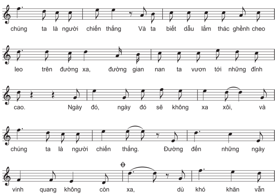 CHỦ ĐỀ 6: HƯỚNG TỚI TƯƠNG LAIBÀI 11 Yêu cầu cần đạt:Hát: Hát đúng cao độ, trường độ, lời ca và sắc thái bài hát Đường đến ngày vinh quang; điều tiết hơi thở hợp lí; mở rộng âm vực; duy trì được nhịp độ ổn định; biết dàn dựng và biểu diễn bài hát ở trong và ngoài nhà trường. Nghe nhạc: Cảm nhận và đánh giá được vẻ đẹp, giá trị nghệ thuật của ca khúc Bài ca hi vọng; biết tưởng tượng khi nghe nhạc; nhắc lại được chủ đề chính của bản nhạc. TIẾT 33HÁT: ĐƯỜNG ĐẾN NGÀY VINH QUANG I. MỤC TIÊU1. Kiến thứcSau tiết học này, HS sẽ:Hát đúng cao độ, trường độ, lời ca và sắc thái bài hát Đường đến ngày vinh quang; điều tiết hơi thở hợp lí; mở rộng âm vực; duy trì được nhịp độ ổn định; biết dàn dựng và biểu diễn bài hát ở trong và ngoài nhà trường.2. Năng lựcNăng lực chung: Tự chủ và tự học: biết lắng nghe và chia sẻ ý kiến cá nhân với bạn, nhóm và GV. Tích cực tham gia các hoạt động trong lớp.Giao tiếp và hợp tác: có thói quen trao đổi, giúp đỡ nhau trong học tập; biết cùng nhau hoàn thành nhiệm vụ học tập theo sự hướng dẫn của thầy cô. Giải quyết vấn đề và sáng tạo: biết phối hợp với bạn bè khi làm việc nhóm, có sáng tạo khi tham gia các hoạt động âm nhạc.Năng lực âm nhạc: Thể hiện âm nhạc: Hát đúng cao độ, trường độ, lời ca và sắc thái bài hát Đường đến ngày vinh quang.3. Phẩm chấtCó ý thức và thái độ tích cực trong giờ học.II. THIẾT BỊ DẠY HỌC VÀ HỌC LIỆU1. Thiết bị dạy họcGiáo án, SGK, SGV Âm nhạc 12 – Cánh diều. Đàn phím điện tử.Máy tính, máy chiếu (nếu có).2. Học liệuTư liệu giới thiệu bài Đường đến ngày vinh quang.III. CÁC HOẠT ĐỘNG DẠY HỌC A. HOẠT ĐỘNG KHỞI ĐỘNG (Khoảng 5 phút)a. Mục tiêu: Tạo tâm thế tích cực, hứng thú học tập cho HS và kết nối với bài học mới.b. Nội dung: GV tổ chức cho HS nghe bài hát Niềm tin chiến thắng và nêu cảm nhận về ý nghĩa nội dung bài hát.c. Sản phẩm: HS nghe bài hát Niềm tin chiến thắng và nêu cảm nhận về ý nghĩa nội dung bài hát.d. Tổ chức thực hiện:Bước 1: GV chuyển giao nhiệm vụ học tập- GV tổ chức cho HS nghe bài hát Niềm tin chiến thắng (sáng tác: Lê Quang):https://youtu.be/bWfvam9ybqA?si=Hmxd39bXEi0mV3lf- GV yêu cầu HS thảo luận cặp đôi và trả lời câu hỏi: Nêu cảm nhận về ý nghĩa nội dung bài hát Niềm tin chiến thắng.Bước 2: HS tiếp nhận, thực hiện nhiệm vụ học tập- HS quan sát, lắng nghe bài hát và thực hiện nhiệm vụ.- GV quan sát, hướng dẫn, hỗ trợ HS (nếu cần thiết). Bước 3: Báo cáo kết quả thực hiện nhiệm vụ- GV mời đại diện 1 – 2 HS trình bày kết quả thảo luận: Ý nghĩa nội dung bài hát Niềm tin chiến thắng: sự quyết tâm, lạc quan vào một tương lai tươi sáng.- GV yêu cầu các HS khác lắng nghe, nhận xét, bổ sung ý kiến (nếu có). Bước 4: Đánh giá kết quả thực hiện nhiệm vụ- GV nhận xét, đánh giá và kết luận.- GV dẫn dắt HS vào bài học mới: Chúng ta cùng tìm hiểu bài học ngày hôm nay  – Bài 11 – tiết 33: Hát - Đường đến ngày vinh quang.B. HOẠT ĐỘNG HÌNH THÀNH KIẾN THỨC (Khoảng 20 phút)Hoạt động: Hát – Đường đến ngày vinh quanga. Mục tiêu: Thông qua hoạt động, HS nắm được thông tin và hát đúng lời ca, giai điệu của bài hát Đường đến ngày vinh quang.b. Nội dung: GV hướng dẫn HS tìm hiểu và học bài hát Đường đến ngày vinh quang theo các nội dung: - Giới thiệu tên bài hát, tên tác giả và nội dung của bài hát Đường đến ngày vinh quang.- Tìm hiểu cấu trúc của bài hát. - Tập hát từng câu, ghép nối các câu hát.- Hát hoàn chỉnh cả bài, kết hợp vỗ tay nhịp nhàng theo nhịp hoặc vận động theo nhạc.- Trình bày bài hát theo tổ, nhóm, cá nhân. c. Sản phẩm: HS thể hiện bài hát Đường đến ngày vinh quang đúng cao độ, trường độ, sắc thái và lời ca; duy trì được nhịp ổn định. d. Tổ chức thực hiện:HOẠT ĐỘNG CỦA GV - HSDỰ KIẾN SẢN PHẨMBước 1: GV chuyển giao nhiệm vụ học tập* Tìm hiểu tác giả, tác phẩm- GV giới thiệu cho HS tên và xuất xứ bài hát Đường đến ngày vinh quang.- GV cung cấp cho HS thông tin tác giả Trần Lập:- GV hướng dẫn HS quan sát bản nhạc và đọc lướt lời ca để nắm được cấu trúc bài hát. - GV mở file âm thanh/video cho HS lắng nghe bài hát Đường đến ngày vinh quang (HS đồng thời theo dõi bản nhạc, hát nhẩm theo).https://youtu.be/tJ2measnTc0?si=BulZtaSL6kylXyjR- GV hát mẫu cho HS 1 lần bài hát Đường đến ngày vinh quang.https://youtu.be/tJ2measnTc0?si=BulZtaSL6kylXyjR* Khởi động giọng- GV hướng dẫn HS khởi động giọng bằng luyện thanh để mở rộng âm vực.* Học hát ca khúc Đường đến ngày vinh quang- GV đàn từng câu, hát mẫu, yêu cầu HS nhắc lại.    - GV phân chia câu đoạn và vị trí lấy hơi:Cùng trèo lên đỉnh núi cao vời vợi,/Để ta khắc tên mình trên đời,/Dù ta biết gian nan đang chờ đón./Và trái tim vẫn âm thầm,/Ta bước đi hướng tới muôn vì sao./Chặng đường nào trải bước trên hoa hồng,/Bàn chân cũng thấm đau vì những mũi gai./Đường vinh quang đi qua muôn ngàn sóng gió,/Lời hứa ghi trong tim mình,/Vẫn bước đi hiên ngang đầu ngẩng cao./Và con tim ta đã ước nguyện cùng nhau vai kề vai,/Đường vinh quang ta chia sẻ cùng nhau./Ngày đó, ngày đó sẽ không xa xôi,/Và chúng ta là người chiến thắng/Vầt biết dẫu lắm thác ghềnh cheo leo trên đường xa./Đường gian nan ta vươn tới những đỉnh cao./Ngày đó, ngày đó sẽ không xa xôi,/Và chúng ta là người chiến thắng./Đường đến những ngày vinh quang không còn xa,/Dù khó khăn vẫn còn./Và mặt trời rực sáng trên cao vời/Mang sức sống huy hoàng khắp muôn nơi./Cài vinh quang lên vai những người chiến thắng./Khoảnh khắc ghi trong tim hồng./ Bao khó khăn ta cũng sẽ vượt qua./ Và con tim ta đã ước nguyện cùng nhau vai kề vai,/ Đỉnh vinh quang ta chia sẻ cùng nhau./ Ngày đó, ngày đó sẽ không xa xôi,/ Và chúng ta là người chiến thắng./ Đường đến những ngày vinh quang không còn xa... (hơ)/Ngày đó, ngày đó sẽ không xa xôi,/ Và chúng ta là người chiến thắng./ Đường đến những ngày vinh quang/Con đường chúng ta đã chọn./- GV bật nhạc đệm để HS hát cả đoạn. - GV hướng dẫn HS hát từng câu cùng nhạc đệm.  - GV hướng dẫn HS hát ghép nối các đoạn đã học với nhạc đệm. Bước 2: HS tiếp nhận, thực hiện nhiệm vụ học tập- HS lắng nghe GV giới thiệu về xuất xứ, tác phẩm Đường đến ngày vinh quang. - HS khởi động giọng. - HS học hát ca khúc Đường đến ngày vinh quang theo hướng dẫn của GV.- GV quan sát, hướng dẫn, hỗ trợ HS (nếu cần thiết). Bước 3: Báo cáo kết quả hoạt động, thảo luận- HS hát từng câu, từng đoạn và ghép nối các đoạn đã học với nhạc đệm.Bước 4: Đánh giá kết quả thực hiện nhiệm vụ học tập- GV nhận xét, chỉnh sửa cho HS những chỗ HS hát sai (nếu có). - GV cho HS nêu một số cảm nhận sau khi học bài hát.- GV chuyển sang nội dung mới.Hát – Đường đến ngày vinh quang* Tác giả Trần Lập- Trần Lập (1974 – 2016) tên thật là Trần Quyết Lập.- Là một nhạc sĩ, ca sĩ thuộc dòng nhạc rock, là người thành lập ban nhạc Bức tường.- Ông không chỉ mang lại sức sống trong dòng nhạc này, tạo dấu ấn với vai trò nhạc sĩ, ca sĩ mà còn tích cực tham gia nhiều hoạt động khác như tổ chức sản xuất, đạo diễn dàn dựng chương trình,...- Ông đã viết nhiều ca khúc mang ý nghĩa tích cực, nhân văn về cuộc sống, ước mơ và những khao khát của tuổi trẻ.- Tác phẩm tiêu biểu: Bông hồng thủy tinh, Tâm hồn của đá, Khám phá, Cây bàng,...* Bài hát Đường đến ngày vinh quang- Giai điệu bài hát: trữ tình.- Tính chất âm nhạc:  lời ca giàu hình ảnh với tính chất tươi sáng, mạnh mẽ.- Nội dung: thể hiện khát vọng đi tới thành công của thế hệ trẻ.- Cấu trúc bài hát: Bài hát có cấu trúc gồm 3 đoạn và kết:+ Đoạn 1: từ đầu đến nhịp thứ 21 (Cùng trèo lên ... đầu ngẩng cao).+ Đoạn 2: từ nhịp thứ 21 đến nhịp thứ 42 (Và con tim ... khó khăn vẫn còn).+ Đoạn 3: từ nhịp thứ 44 đến nhịp thứ 64 (Và mặt trời ... chúng ta đã chọn).+ Kết: từ nhịp thứ 64 đến hết (Ngày đó ... chúng ta đã chọn).* Học hát bài hát Đường đến ngày vinh quang- Nhịp của bài hát: 6/8 - Thể hiện đúng cao độ, sắc thái; chú ý các bước nhảy quãng xa.- Hát rõ lời, gọn tiếng.- Thể hiện đúng tiết tấu với phách mạnh, phách nhẹ, phách mạnh vừa.- Tập hát từng câu, từng đoạn, sau đó ghép thành bài hoàn chỉnh. - Thể hiện đúng tính chất tự hào, tự tin, mạnh mẽ của bài hát.- Chú ý cao độ ở phần cuối của bài hát khi nhảy giọng từ Đô trưởng sang Rê giáng trưởng.----------------------------------------------------------- Còn tiếp ----------------------Ngày soạn:…/…/…Ngày dạy:…/…/… BÀI 12 Yêu cầu cần đạt:Đọc nhạc: Đọc đúng cao độ gam Mi thứ; đọc đúng giai điệu và thể hiện được tính chất âm nhạc của Bài đọc nhạc số 6; cảm nhận được sự hòa quyện của âm thanh khi đọc nhạc ba bè.Nhạc cụ: Thể hiện đúng bài tập tiết tấu bằng vận động cơ thể kết hợp nhạc cụ gõ tự tạo; ứng dụng đệm cho bài hát Đường đến ngày vinh quang; biết kết hợp các loại nhạc cụ để hòa tấu và điều chỉnh âm thanh đúng cách. TIẾT 37ĐỌC NHẠC: THỂ HIỆN BÀI LUYỆN QUÃNG VÀ TIẾT TẤUĐỌC NHẠC: THỂ HIỆN BÀI ĐỌC NHẠC SỐ 6 NỘI DUNG 1: ĐỌC NHẠC – THỂ HIỆN BÀI LUYỆN QUÃNG VÀ TIẾT TẤUA. HOẠT ĐỘNG KHỞI ĐỘNG (Khoảng 5 phút)a. Mục tiêu: HS ôn lại âm hình tiết tấu liên quan đến bài học .b. Nội dung: GV tổ chức cho HS đọc tên nốt nhạc cùng tiết tấu, gõ nhịp theo phách.c. Sản phẩm: HS đọc tên nốt nhạc cùng tiết tấu, gõ nhịp theo phách.d. Tổ chức thực hiện:Bước 1: GV chuyển giao nhiệm vụ học tập- GV tổ chức cho HS đọc tên nốt nhạc cùng tiết tấu, gõ nhịp theo phách.- GV yêu cầu HS đọc với nhịp độ ổn định.Bước 2: HS tiếp nhận, thực hiện nhiệm vụ học tập- HS quan sát và thực hiện nhiệm vụ theo hướng dẫn của GV.- GV quan sát, hướng dẫn, hỗ trợ HS (nếu cần thiết). Bước 3: Báo cáo kết quả thực hiện nhiệm vụ- GV mời đại diện 1 – 2 HS trình bày trước lớp.- GV yêu cầu các HS khác lắng nghe, nhận xét, bổ sung ý kiến (nếu có). Bước 4: Đánh giá kết quả thực hiện nhiệm vụ- GV nhận xét, đánh giá và kết luận.- GV dẫn dắt HS vào bài học mới: Chúng ta cùng tìm hiểu bài học ngày hôm nay  – Bài 12 – tiết 37: Đọc nhạc – Thể hiện bài luyện quãng và tiết tấu; Thể hiện Bài đọc nhạc số 6.B. HOẠT ĐỘNG HÌNH THÀNH KIẾN THỨCHoạt động: Đọc nhạc – Thể hiện bài luyện quãng và tiết tấu (Khoảng 5 phút)a. Mục tiêu: Thông qua hoạt động, HS đọc đúng cao độ, trường độ và cường độ sắc thái của bài luyện quãng và tiết tấu.b. Nội dung: GV hướng dẫn HS đọc cao độ, trường độ và cường độ sắc thái của bài luyện quãng và tiết tấu.c. Sản phẩm: HS biết cách luyện đọc các cao độ kết hợp âm hình tiết tấu.d. Tổ chức thực hiện:HOẠT ĐỘNG CỦA GV - HSDỰ KIẾN SẢN PHẨMBước 1: GV chuyển giao nhiệm vụ học tập- GV hướng dẫn và luyện tập cho HS các nội dung:+ Đọc đúng cao độ gam Mi thứ và các âm ổn định theo hướng đi lên và đi xuống.+ Thực hiện âm hình tiết tấu ; thể hiện đúng các phách mạnh, phách nhẹ, phách mạnh vừa.+ Thực hiện từng câu, sau đó ghép cả bài từ nhịp độ chậm đến nhịp độ phù hợp.- GV gợi ý HS thực hiện:+ Đọc gam và rải của gam Mi thứ.+ Đọc tách riêng cao độ của bài.+ Đọc tên nốt cùng tiết tấu.+ Ghép cao độ cùng tiết tấu với nhịp độ vừa phải kết hợp gõ đệm theo phách.- GV lưu ý HS: bậc VII tăng lên 1/2 cung Rê # của giọng Mi thứ.Bước 2: HS tiếp nhận, thực hiện nhiệm vụ học tập- HS quan sát, lắng nghe sự hướng dẫn của GV và thực hiện theo mẫu.- GV quan sát, hướng dẫn HS thực hiện (nếu có).Bước 3: Báo cáo kết quả hoạt động, thảo luận- GV gọi đại diện HS đứng dậy thực hành.- GV yêu cầu HS khác nhận xét, bổ sung (nếu có).Bước 4: Đánh giá kết quả thực hiện nhiệm vụ học tập- GV nhận xét, chỉnh sửa cho HS (nếu có). - GV chuyển sang nội dung mới.Đọc nhạc – Thể hiện bài luyện quãng và tiết tấuC. HOẠT ĐỘNG LUYỆN TẬP – VẬN DỤNG (Khoảng 10 phút)a. Mục tiêu: Thông qua hoạt động, HS thực hiện bài luyện quãng và tiết tấu theo nhóm.b. Nội dung: GV hướng dẫn HS thực hiện nội dung luyện tập.c. Sản phẩm: HS thực hiện bài luyện quãng và tiết tấu.d. Tổ chức thực hiện:Bước 1: GV chuyển giao nhiệm vụ học tập- GV chia HS thành các nhóm và thực hiện nhiệm vụ: Luyện tập cho thành thục bài luyện quãng và tiết tấu.- GV yêu cầu HS luyện tập từng ô nhịp, từng câu nhạc, sau đó ghép liền thành một bài hoàn chỉnh.- GV tổ chức cho HS vừa hát vừa đánh nhịp, giữ nhịp độ ổn định, thể hiện rõ cường độ sắc thái.Bước 2: HS tiếp nhận, thực hiện nhiệm vụ học tập- HS lắng nghe và thực hiện theo hướng dẫn của GV.- GV hướng dẫn, quan sát thái độ học tập của HS.Bước 3: Báo cáo kết quả hoạt động, thảo luận- GV mời đại diện HS trình bày trước lớp.- GV mời HS khác nhận xét, bổ sung (nếu có).Bước 4: Đánh giá kết quả thực hiện, nhiệm vụ học tập- GV nhận xét, đánh giá, thái độ học tập và tiếp thu của HS. - GV chuyển sang nội dung mới. NỘI DUNG 2: ĐỌC NHẠC – BÀI ĐỌC NHẠC SỐ 6HOẠT ĐỘNG HÌNH THÀNH KIẾN THỨC Hoạt động: Đọc nhạc – Bài đọc nhạc số 6 (Khoảng 5 phút)a. Mục tiêu: Thông qua hoạt động, HS đọc Bài đọc nhạc số 6 đúng cao độ, trường độ riêng từng bè.b. Nội dung: GV hướng dẫn HS đọc Bài đọc nhạc số 6.c. Sản phẩm: HS luyện tập, bước đầu thực hiện đúng cao độ, trường độ riêng từng bè.d. Tổ chức thực hiện:HOẠT ĐỘNG CỦA GV - HSDỰ KIẾN SẢN PHẨMBước 1: GV chuyển giao nhiệm vụ học tập- GV giới thiệu Bài đọc nhạc số 6 cho HS:- GV hướng dẫn HS thực hiện Bài đọc nhạc số 6:+ Đọc tên nốt theo tiết tấu; thể hiện đúng phách mạnh, phách nhẹ, phách mạnh vừa.+ Đọc đúng cao độ, trường độ từng bè.+ Thể hiện đúng cao độ nốt Rê thăng ở nhịp thứ 3 và nhịp thứ 5.+ Đọc đúng cao độ, trường độ cả bài; ba bè kết hợp nhịp nhàng, không lệch nhịp phách; duy trì nhịp độ ổn định.+ Ghép từng cặp hai bè (bè 1 + bè 2, bè 1 + bè 3), ba bè từng nhịp; sau đó ghép ba bè liền cả bài.+ Thực hiện từ nhịp độ chậm, sau đó tăng dần đến nhịp độ vừa phải.- GV chia HS thành các nhóm và mỗi nhóm luyện tập 1 bè, sau đó đổi nhiệm vụ cho nhau.- GV yêu cầu HS luyện tập bè với nhịp độ ổn định, ở mức độ chậm vừa, có thể vừa hát vừa gõ đệm.Bước 2: HS tiếp nhận, thực hiện nhiệm vụ học tập- HS lắng nghe GV hướng dẫn và thực hành theo.- GV hướng dẫn, chỉ ra lỗi sai và sửa cho HS. Bước 3: Báo cáo kết quả hoạt động, thảo luận- GV gọi đại diện 1 – 2 HS thực hiện trước lớp- GV yêu cầu HS khác nhận xét (nếu có).Bước 4: Đánh giá kết quả thực hiện nhiệm vụ học tập- GV nhận xét, chỉnh sửa cho HS (nếu có). - GV chuyển sang nội dung mới.Đọc nhạc – Bài đọc nhạc số 6HS thực hiện đọc Bài đọc nhạc số 6 đúng cao độ, trường độ.C. HOẠT ĐỘNG LUYỆN TẬP (Khoảng 10 phút)a. Mục tiêu: Thông qua hoạt động, HS luyện tập đọc nhạc theo từng cặp đôi.b. Nội dung: GV hướng dẫn HS thực hiện luyện tập Bài đọc nhạc số 6.c. Sản phẩm: HS thực hành tốt nội dung GV yêu cầu.d. Tổ chức thực hiện:Bước 1: GV chuyển giao nhiệm vụ học tậpGV chia HS thành các cặp và luyện tập từng bè có kết hợp gõ đệm theo nhịp phách Bài đọc nhạc số 6.Bước 2: HS tiếp nhận, thực hiện nhiệm vụ học tập- HS lắng nghe và thực hiện nhiệm vụ theo hướng dẫn của GV.- GV quan sát, nhận xét, chỉnh sửa cho HS trong quá trình luyện tập (nếu có).Bước 3: Báo cáo kết quả hoạt động, thảo luận- GV mời đại diện HS thực hành trên lớp.- GV mời HS khác nhận xét, bổ sung (nếu có).Bước 4: Đánh giá kết quả thực hiện, nhiệm vụ học tập- GV nhận xét, đánh giá, thái độ học tập và tiếp thu của HS. - GV chuyển sang nội dung mới.D. HOẠT ĐỘNG VẬN DỤNG (Khoảng 5 phút)a. Mục tiêu: Thông qua hoạt động, HS sáng tạo trong nội dung đọc nhạc.b. Nội dung: GV hướng dẫn HS đặt lời ca cho từng bè theo chủ đề cho trước.c. Sản phẩm: HS thực hành tốt nội dung GV yêu cầu.d. Tổ chức thực hiện:Bước 1: GV chuyển giao nhiệm vụ học tập- GV yêu cầu HS thực hiện nhiệm vụ: Đặt lời ca cho từng bè (hoặc chỉ cho bè giai điệu trên cùng trong trường hợp  thời gian hạn chế) theo một chủ đề cho trước.- GV tiếp tục yêu cầu HS trình bày hát ghép lời ca với từng bè trong Bài đọc nhạc số 6.Bước 2: HS tiếp nhận, thực hiện nhiệm vụ học tập- HS lắng nghe và thực hiện nhiệm vụ theo hướng dẫn của GV.- GV quan sát, nhận xét, chỉnh sửa cho HS trong quá trình luyện tập (nếu có).Bước 3: Báo cáo kết quả hoạt động, thảo luận- GV mời đại diện HS thực hành trên lớp.- GV mời HS khác nhận xét, bổ sung (nếu có).Bước 4: Đánh giá kết quả thực hiện, nhiệm vụ học tập- GV nhận xét, đánh giá, thái độ học tập và tiếp thu của HS. - GV kết thúc tiết học.HƯỚNG DẪN VỀ NHÀ - Ôn lại kiến thức đã học: Đọc nhạc – Thể hiện bài luyện quãng và tiết tấu; Thể hiện Bài đọc nhạc số 6.- Đọc và tìm hiểu trước nội dung kiến thức Bài 12 – Tiết 38: Đọc nhạc - Thể hiện Bài đọc nhạc số 6. ----------------------------------------------------------- Còn tiếp ---------------------- II. TRẮC NGHIỆM KÌ 2 ÂM NHẠC 12 CÁNH DIỀUPhiếu trắc nghiệm Âm nhạc 12 cánh diều Bài 6: Lí thuyết âm nhạc Một số hợp âm của giọng Mi thứ, Đọc nhạc Bài đọc nhạc số 3, Nhạc cụ Hoà tấu nhạc cụ gõ và vận động cơ thểPhiếu trắc nghiệm Âm nhạc 12 cánh diều Bài 7: Hát Bài hát Người nghỉ tôi về, Nghe nhạc Ca khúc Quảng Bình quê ta ơi!, Thường thức âm nhạc Nghệ thuật Cải lương trong âm nhạc truyền thống Việt NamPhiếu trắc nghiệm Âm nhạc 12 cánh diều Bài 8: Lí thuyết âm nhạc Một số hợp âm của giọng Pha trưởng, Đọc nhạc Bài đọc nhạc số 4, Nhạc cụ Thể hiện Bài đọc nhạc số 4 bằng nhạc cụ thể hiện giai điệuPhiếu trắc nghiệm Âm nhạc 12 cánh diều Bài 9: Hát Bài hát Nước Nga – Tổ quốc tôi, Nghe nhạc Ca khúc O Sole Mio, Thường thức âm nhạc Sơ lược về nhạc nhẹPhiếu trắc nghiệm Âm nhạc 12 cánh diều Bài 10: Lí thuyết âm nhạc Một số hợp âm của giọng Rê thứ, Đọc nhạc Bài đọc nhạc số 5, Nhạc cụ Gõ đệm cho bài O Sole Mio, thể hiện hợp âm đệm và tiết điệu đệm cho Bài đọc nhạc số 5 bằng đàn ukulelePhiếu trắc nghiệm Âm nhạc 12 cánh diều Bài 11: Bài hát Đường đến ngày vinh quang, Ca khúc Bài ca hi vọngPhiếu trắc nghiệm Âm nhạc 12 cánh diều Bài 1: Hát đơn caPhiếu trắc nghiệm Âm nhạc 12 cánh diều Bài 2: Hát song caPhiếu trắc nghiệm Âm nhạc 12 cánh diều Bài 3: Hát tốp caPhiếu trắc nghiệm Âm nhạc 12 cánh diều Bài 4: Hát đồng ca, hợp xướng BÀI 10: MỘT SỐ HỢP ÂM CỦA GIỌNG RÊ THỨ(12 CÂU) A. CÂU HỎI TRẮC NGHIỆM1. NHẬN BIẾT (5 CÂU)Câu 1: Kí hiệu Am/C, Am/E có tên gọi làA. các hợp âm Rê thứ đảo.B. các hợp âm La thứ đảo.C. các hợp âm Son thứ đảo.D. các hợp âm La trưởng đảo.Câu 2: Kí hiệu Dm có tên gọi làA. hợp âm Rê thứ.B. hợp âm La thứ.C. hợp âm Son thứ.D. hợp âm La trưởng.Câu 3: Hợp âm Son thứ có kí hiệu là gì?A. Dm.B. Am.C. Bb.D. Gm.Câu 4: Kí hiệu A có tên gọi là A. hợp âm Pha trưởng. B. hợp âm Rê thứ.C. hợp âm La trưởng.D. hợp âm Mi thứ.Câu 5: Đâu là kí hiệu của các hợp âm Son thứ đảo?A. Am/C, Am/E.B. Dm/F, Dm/A.C. Gm/Bb, Gm/D.D. A/C#, A/E. 2. THÔNG HIỂU (2 CÂU)Câu 1: Đâu không phải là kí hiệu hợp âm của giọng Rê thứ?A. Dm.B. Bb.C. Gm.D. ACâu 2: Đâu không phải là kí hiệu hợp âm ở thể đảo của giọng Rê thứ?A. Am/C, Am/E.B. Dm/F, Dm/A.C. G/B, G/D.D. A/C#, A/E.3. VẬN DỤNG (3 CÂU)Câu 1: Giọng Rê thứ hòa thanh có hợp âm ba tăng trên bậc mấy?A. Bậc I.B. Bậc II.C. Bậc III.D. Bậc IV.Câu 2: Giọng Rê thứ hòa thanh có hợp âm trên bậc VII là A. hợp âm hai giảm.B. hợp âm ba tăng.C. hợp âm ba giảm.D. hợp âm hai tăng.Câu 3: Ý nào dưới đây nói đúng về giọng Rê thứ hòa thanh?A. Có hợp âm ba trên bậc II là hợp âm ba giảm.B. Có hợp âm trên bậc VII là hợp âm ba giảm.C. Có hợp âm trên bậc VI là hợp âm ba tăng.D. Có hợp âm trên bậc II là hợp âm ba tăng.----------------------------------------------------------- Còn tiếp ----------------------BÀI 11: BÀI HÁT ĐƯỜNG ĐẾN NGÀY VINH QUANG(13 CÂU)