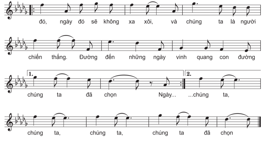 CHỦ ĐỀ 6: HƯỚNG TỚI TƯƠNG LAIBÀI 11 Yêu cầu cần đạt:Hát: Hát đúng cao độ, trường độ, lời ca và sắc thái bài hát Đường đến ngày vinh quang; điều tiết hơi thở hợp lí; mở rộng âm vực; duy trì được nhịp độ ổn định; biết dàn dựng và biểu diễn bài hát ở trong và ngoài nhà trường. Nghe nhạc: Cảm nhận và đánh giá được vẻ đẹp, giá trị nghệ thuật của ca khúc Bài ca hi vọng; biết tưởng tượng khi nghe nhạc; nhắc lại được chủ đề chính của bản nhạc. TIẾT 33HÁT: ĐƯỜNG ĐẾN NGÀY VINH QUANG I. MỤC TIÊU1. Kiến thứcSau tiết học này, HS sẽ:Hát đúng cao độ, trường độ, lời ca và sắc thái bài hát Đường đến ngày vinh quang; điều tiết hơi thở hợp lí; mở rộng âm vực; duy trì được nhịp độ ổn định; biết dàn dựng và biểu diễn bài hát ở trong và ngoài nhà trường.2. Năng lựcNăng lực chung: Tự chủ và tự học: biết lắng nghe và chia sẻ ý kiến cá nhân với bạn, nhóm và GV. Tích cực tham gia các hoạt động trong lớp.Giao tiếp và hợp tác: có thói quen trao đổi, giúp đỡ nhau trong học tập; biết cùng nhau hoàn thành nhiệm vụ học tập theo sự hướng dẫn của thầy cô. Giải quyết vấn đề và sáng tạo: biết phối hợp với bạn bè khi làm việc nhóm, có sáng tạo khi tham gia các hoạt động âm nhạc.Năng lực âm nhạc: Thể hiện âm nhạc: Hát đúng cao độ, trường độ, lời ca và sắc thái bài hát Đường đến ngày vinh quang.3. Phẩm chấtCó ý thức và thái độ tích cực trong giờ học.II. THIẾT BỊ DẠY HỌC VÀ HỌC LIỆU1. Thiết bị dạy họcGiáo án, SGK, SGV Âm nhạc 12 – Cánh diều. Đàn phím điện tử.Máy tính, máy chiếu (nếu có).2. Học liệuTư liệu giới thiệu bài Đường đến ngày vinh quang.III. CÁC HOẠT ĐỘNG DẠY HỌC A. HOẠT ĐỘNG KHỞI ĐỘNG (Khoảng 5 phút)a. Mục tiêu: Tạo tâm thế tích cực, hứng thú học tập cho HS và kết nối với bài học mới.b. Nội dung: GV tổ chức cho HS nghe bài hát Niềm tin chiến thắng và nêu cảm nhận về ý nghĩa nội dung bài hát.c. Sản phẩm: HS nghe bài hát Niềm tin chiến thắng và nêu cảm nhận về ý nghĩa nội dung bài hát.d. Tổ chức thực hiện:Bước 1: GV chuyển giao nhiệm vụ học tập- GV tổ chức cho HS nghe bài hát Niềm tin chiến thắng (sáng tác: Lê Quang):https://youtu.be/bWfvam9ybqA?si=Hmxd39bXEi0mV3lf- GV yêu cầu HS thảo luận cặp đôi và trả lời câu hỏi: Nêu cảm nhận về ý nghĩa nội dung bài hát Niềm tin chiến thắng.Bước 2: HS tiếp nhận, thực hiện nhiệm vụ học tập- HS quan sát, lắng nghe bài hát và thực hiện nhiệm vụ.- GV quan sát, hướng dẫn, hỗ trợ HS (nếu cần thiết). Bước 3: Báo cáo kết quả thực hiện nhiệm vụ- GV mời đại diện 1 – 2 HS trình bày kết quả thảo luận: Ý nghĩa nội dung bài hát Niềm tin chiến thắng: sự quyết tâm, lạc quan vào một tương lai tươi sáng.- GV yêu cầu các HS khác lắng nghe, nhận xét, bổ sung ý kiến (nếu có). Bước 4: Đánh giá kết quả thực hiện nhiệm vụ- GV nhận xét, đánh giá và kết luận.- GV dẫn dắt HS vào bài học mới: Chúng ta cùng tìm hiểu bài học ngày hôm nay  – Bài 11 – tiết 33: Hát - Đường đến ngày vinh quang.B. HOẠT ĐỘNG HÌNH THÀNH KIẾN THỨC (Khoảng 20 phút)Hoạt động: Hát – Đường đến ngày vinh quanga. Mục tiêu: Thông qua hoạt động, HS nắm được thông tin và hát đúng lời ca, giai điệu của bài hát Đường đến ngày vinh quang.b. Nội dung: GV hướng dẫn HS tìm hiểu và học bài hát Đường đến ngày vinh quang theo các nội dung: - Giới thiệu tên bài hát, tên tác giả và nội dung của bài hát Đường đến ngày vinh quang.- Tìm hiểu cấu trúc của bài hát. - Tập hát từng câu, ghép nối các câu hát.- Hát hoàn chỉnh cả bài, kết hợp vỗ tay nhịp nhàng theo nhịp hoặc vận động theo nhạc.- Trình bày bài hát theo tổ, nhóm, cá nhân. c. Sản phẩm: HS thể hiện bài hát Đường đến ngày vinh quang đúng cao độ, trường độ, sắc thái và lời ca; duy trì được nhịp ổn định. d. Tổ chức thực hiện:HOẠT ĐỘNG CỦA GV - HSDỰ KIẾN SẢN PHẨMBước 1: GV chuyển giao nhiệm vụ học tập* Tìm hiểu tác giả, tác phẩm- GV giới thiệu cho HS tên và xuất xứ bài hát Đường đến ngày vinh quang.- GV cung cấp cho HS thông tin tác giả Trần Lập:- GV hướng dẫn HS quan sát bản nhạc và đọc lướt lời ca để nắm được cấu trúc bài hát. - GV mở file âm thanh/video cho HS lắng nghe bài hát Đường đến ngày vinh quang (HS đồng thời theo dõi bản nhạc, hát nhẩm theo).https://youtu.be/tJ2measnTc0?si=BulZtaSL6kylXyjR- GV hát mẫu cho HS 1 lần bài hát Đường đến ngày vinh quang.https://youtu.be/tJ2measnTc0?si=BulZtaSL6kylXyjR* Khởi động giọng- GV hướng dẫn HS khởi động giọng bằng luyện thanh để mở rộng âm vực.* Học hát ca khúc Đường đến ngày vinh quang- GV đàn từng câu, hát mẫu, yêu cầu HS nhắc lại.    - GV phân chia câu đoạn và vị trí lấy hơi:Cùng trèo lên đỉnh núi cao vời vợi,/Để ta khắc tên mình trên đời,/Dù ta biết gian nan đang chờ đón./Và trái tim vẫn âm thầm,/Ta bước đi hướng tới muôn vì sao./Chặng đường nào trải bước trên hoa hồng,/Bàn chân cũng thấm đau vì những mũi gai./Đường vinh quang đi qua muôn ngàn sóng gió,/Lời hứa ghi trong tim mình,/Vẫn bước đi hiên ngang đầu ngẩng cao./Và con tim ta đã ước nguyện cùng nhau vai kề vai,/Đường vinh quang ta chia sẻ cùng nhau./Ngày đó, ngày đó sẽ không xa xôi,/Và chúng ta là người chiến thắng/Vầt biết dẫu lắm thác ghềnh cheo leo trên đường xa./Đường gian nan ta vươn tới những đỉnh cao./Ngày đó, ngày đó sẽ không xa xôi,/Và chúng ta là người chiến thắng./Đường đến những ngày vinh quang không còn xa,/Dù khó khăn vẫn còn./Và mặt trời rực sáng trên cao vời/Mang sức sống huy hoàng khắp muôn nơi./Cài vinh quang lên vai những người chiến thắng./Khoảnh khắc ghi trong tim hồng./ Bao khó khăn ta cũng sẽ vượt qua./ Và con tim ta đã ước nguyện cùng nhau vai kề vai,/ Đỉnh vinh quang ta chia sẻ cùng nhau./ Ngày đó, ngày đó sẽ không xa xôi,/ Và chúng ta là người chiến thắng./ Đường đến những ngày vinh quang không còn xa... (hơ)/Ngày đó, ngày đó sẽ không xa xôi,/ Và chúng ta là người chiến thắng./ Đường đến những ngày vinh quang/Con đường chúng ta đã chọn./- GV bật nhạc đệm để HS hát cả đoạn. - GV hướng dẫn HS hát từng câu cùng nhạc đệm.  - GV hướng dẫn HS hát ghép nối các đoạn đã học với nhạc đệm. Bước 2: HS tiếp nhận, thực hiện nhiệm vụ học tập- HS lắng nghe GV giới thiệu về xuất xứ, tác phẩm Đường đến ngày vinh quang. - HS khởi động giọng. - HS học hát ca khúc Đường đến ngày vinh quang theo hướng dẫn của GV.- GV quan sát, hướng dẫn, hỗ trợ HS (nếu cần thiết). Bước 3: Báo cáo kết quả hoạt động, thảo luận- HS hát từng câu, từng đoạn và ghép nối các đoạn đã học với nhạc đệm.Bước 4: Đánh giá kết quả thực hiện nhiệm vụ học tập- GV nhận xét, chỉnh sửa cho HS những chỗ HS hát sai (nếu có). - GV cho HS nêu một số cảm nhận sau khi học bài hát.- GV chuyển sang nội dung mới.Hát – Đường đến ngày vinh quang* Tác giả Trần Lập- Trần Lập (1974 – 2016) tên thật là Trần Quyết Lập.- Là một nhạc sĩ, ca sĩ thuộc dòng nhạc rock, là người thành lập ban nhạc Bức tường.- Ông không chỉ mang lại sức sống trong dòng nhạc này, tạo dấu ấn với vai trò nhạc sĩ, ca sĩ mà còn tích cực tham gia nhiều hoạt động khác như tổ chức sản xuất, đạo diễn dàn dựng chương trình,...- Ông đã viết nhiều ca khúc mang ý nghĩa tích cực, nhân văn về cuộc sống, ước mơ và những khao khát của tuổi trẻ.- Tác phẩm tiêu biểu: Bông hồng thủy tinh, Tâm hồn của đá, Khám phá, Cây bàng,...* Bài hát Đường đến ngày vinh quang- Giai điệu bài hát: trữ tình.- Tính chất âm nhạc:  lời ca giàu hình ảnh với tính chất tươi sáng, mạnh mẽ.- Nội dung: thể hiện khát vọng đi tới thành công của thế hệ trẻ.- Cấu trúc bài hát: Bài hát có cấu trúc gồm 3 đoạn và kết:+ Đoạn 1: từ đầu đến nhịp thứ 21 (Cùng trèo lên ... đầu ngẩng cao).+ Đoạn 2: từ nhịp thứ 21 đến nhịp thứ 42 (Và con tim ... khó khăn vẫn còn).+ Đoạn 3: từ nhịp thứ 44 đến nhịp thứ 64 (Và mặt trời ... chúng ta đã chọn).+ Kết: từ nhịp thứ 64 đến hết (Ngày đó ... chúng ta đã chọn).* Học hát bài hát Đường đến ngày vinh quang- Nhịp của bài hát: 6/8 - Thể hiện đúng cao độ, sắc thái; chú ý các bước nhảy quãng xa.- Hát rõ lời, gọn tiếng.- Thể hiện đúng tiết tấu với phách mạnh, phách nhẹ, phách mạnh vừa.- Tập hát từng câu, từng đoạn, sau đó ghép thành bài hoàn chỉnh. - Thể hiện đúng tính chất tự hào, tự tin, mạnh mẽ của bài hát.- Chú ý cao độ ở phần cuối của bài hát khi nhảy giọng từ Đô trưởng sang Rê giáng trưởng.----------------------------------------------------------- Còn tiếp ----------------------Ngày soạn:…/…/…Ngày dạy:…/…/… BÀI 12 Yêu cầu cần đạt:Đọc nhạc: Đọc đúng cao độ gam Mi thứ; đọc đúng giai điệu và thể hiện được tính chất âm nhạc của Bài đọc nhạc số 6; cảm nhận được sự hòa quyện của âm thanh khi đọc nhạc ba bè.Nhạc cụ: Thể hiện đúng bài tập tiết tấu bằng vận động cơ thể kết hợp nhạc cụ gõ tự tạo; ứng dụng đệm cho bài hát Đường đến ngày vinh quang; biết kết hợp các loại nhạc cụ để hòa tấu và điều chỉnh âm thanh đúng cách. TIẾT 37ĐỌC NHẠC: THỂ HIỆN BÀI LUYỆN QUÃNG VÀ TIẾT TẤUĐỌC NHẠC: THỂ HIỆN BÀI ĐỌC NHẠC SỐ 6 NỘI DUNG 1: ĐỌC NHẠC – THỂ HIỆN BÀI LUYỆN QUÃNG VÀ TIẾT TẤUA. HOẠT ĐỘNG KHỞI ĐỘNG (Khoảng 5 phút)a. Mục tiêu: HS ôn lại âm hình tiết tấu liên quan đến bài học .b. Nội dung: GV tổ chức cho HS đọc tên nốt nhạc cùng tiết tấu, gõ nhịp theo phách.c. Sản phẩm: HS đọc tên nốt nhạc cùng tiết tấu, gõ nhịp theo phách.d. Tổ chức thực hiện:Bước 1: GV chuyển giao nhiệm vụ học tập- GV tổ chức cho HS đọc tên nốt nhạc cùng tiết tấu, gõ nhịp theo phách.- GV yêu cầu HS đọc với nhịp độ ổn định.Bước 2: HS tiếp nhận, thực hiện nhiệm vụ học tập- HS quan sát và thực hiện nhiệm vụ theo hướng dẫn của GV.- GV quan sát, hướng dẫn, hỗ trợ HS (nếu cần thiết). Bước 3: Báo cáo kết quả thực hiện nhiệm vụ- GV mời đại diện 1 – 2 HS trình bày trước lớp.- GV yêu cầu các HS khác lắng nghe, nhận xét, bổ sung ý kiến (nếu có). Bước 4: Đánh giá kết quả thực hiện nhiệm vụ- GV nhận xét, đánh giá và kết luận.- GV dẫn dắt HS vào bài học mới: Chúng ta cùng tìm hiểu bài học ngày hôm nay  – Bài 12 – tiết 37: Đọc nhạc – Thể hiện bài luyện quãng và tiết tấu; Thể hiện Bài đọc nhạc số 6.B. HOẠT ĐỘNG HÌNH THÀNH KIẾN THỨCHoạt động: Đọc nhạc – Thể hiện bài luyện quãng và tiết tấu (Khoảng 5 phút)a. Mục tiêu: Thông qua hoạt động, HS đọc đúng cao độ, trường độ và cường độ sắc thái của bài luyện quãng và tiết tấu.b. Nội dung: GV hướng dẫn HS đọc cao độ, trường độ và cường độ sắc thái của bài luyện quãng và tiết tấu.c. Sản phẩm: HS biết cách luyện đọc các cao độ kết hợp âm hình tiết tấu.d. Tổ chức thực hiện:HOẠT ĐỘNG CỦA GV - HSDỰ KIẾN SẢN PHẨMBước 1: GV chuyển giao nhiệm vụ học tập- GV hướng dẫn và luyện tập cho HS các nội dung:+ Đọc đúng cao độ gam Mi thứ và các âm ổn định theo hướng đi lên và đi xuống.+ Thực hiện âm hình tiết tấu ; thể hiện đúng các phách mạnh, phách nhẹ, phách mạnh vừa.+ Thực hiện từng câu, sau đó ghép cả bài từ nhịp độ chậm đến nhịp độ phù hợp.- GV gợi ý HS thực hiện:+ Đọc gam và rải của gam Mi thứ.+ Đọc tách riêng cao độ của bài.+ Đọc tên nốt cùng tiết tấu.+ Ghép cao độ cùng tiết tấu với nhịp độ vừa phải kết hợp gõ đệm theo phách.- GV lưu ý HS: bậc VII tăng lên 1/2 cung Rê # của giọng Mi thứ.Bước 2: HS tiếp nhận, thực hiện nhiệm vụ học tập- HS quan sát, lắng nghe sự hướng dẫn của GV và thực hiện theo mẫu.- GV quan sát, hướng dẫn HS thực hiện (nếu có).Bước 3: Báo cáo kết quả hoạt động, thảo luận- GV gọi đại diện HS đứng dậy thực hành.- GV yêu cầu HS khác nhận xét, bổ sung (nếu có).Bước 4: Đánh giá kết quả thực hiện nhiệm vụ học tập- GV nhận xét, chỉnh sửa cho HS (nếu có). - GV chuyển sang nội dung mới.Đọc nhạc – Thể hiện bài luyện quãng và tiết tấuC. HOẠT ĐỘNG LUYỆN TẬP – VẬN DỤNG (Khoảng 10 phút)a. Mục tiêu: Thông qua hoạt động, HS thực hiện bài luyện quãng và tiết tấu theo nhóm.b. Nội dung: GV hướng dẫn HS thực hiện nội dung luyện tập.c. Sản phẩm: HS thực hiện bài luyện quãng và tiết tấu.d. Tổ chức thực hiện:Bước 1: GV chuyển giao nhiệm vụ học tập- GV chia HS thành các nhóm và thực hiện nhiệm vụ: Luyện tập cho thành thục bài luyện quãng và tiết tấu.- GV yêu cầu HS luyện tập từng ô nhịp, từng câu nhạc, sau đó ghép liền thành một bài hoàn chỉnh.- GV tổ chức cho HS vừa hát vừa đánh nhịp, giữ nhịp độ ổn định, thể hiện rõ cường độ sắc thái.Bước 2: HS tiếp nhận, thực hiện nhiệm vụ học tập- HS lắng nghe và thực hiện theo hướng dẫn của GV.- GV hướng dẫn, quan sát thái độ học tập của HS.Bước 3: Báo cáo kết quả hoạt động, thảo luận- GV mời đại diện HS trình bày trước lớp.- GV mời HS khác nhận xét, bổ sung (nếu có).Bước 4: Đánh giá kết quả thực hiện, nhiệm vụ học tập- GV nhận xét, đánh giá, thái độ học tập và tiếp thu của HS. - GV chuyển sang nội dung mới. NỘI DUNG 2: ĐỌC NHẠC – BÀI ĐỌC NHẠC SỐ 6HOẠT ĐỘNG HÌNH THÀNH KIẾN THỨC Hoạt động: Đọc nhạc – Bài đọc nhạc số 6 (Khoảng 5 phút)a. Mục tiêu: Thông qua hoạt động, HS đọc Bài đọc nhạc số 6 đúng cao độ, trường độ riêng từng bè.b. Nội dung: GV hướng dẫn HS đọc Bài đọc nhạc số 6.c. Sản phẩm: HS luyện tập, bước đầu thực hiện đúng cao độ, trường độ riêng từng bè.d. Tổ chức thực hiện:HOẠT ĐỘNG CỦA GV - HSDỰ KIẾN SẢN PHẨMBước 1: GV chuyển giao nhiệm vụ học tập- GV giới thiệu Bài đọc nhạc số 6 cho HS:- GV hướng dẫn HS thực hiện Bài đọc nhạc số 6:+ Đọc tên nốt theo tiết tấu; thể hiện đúng phách mạnh, phách nhẹ, phách mạnh vừa.+ Đọc đúng cao độ, trường độ từng bè.+ Thể hiện đúng cao độ nốt Rê thăng ở nhịp thứ 3 và nhịp thứ 5.+ Đọc đúng cao độ, trường độ cả bài; ba bè kết hợp nhịp nhàng, không lệch nhịp phách; duy trì nhịp độ ổn định.+ Ghép từng cặp hai bè (bè 1 + bè 2, bè 1 + bè 3), ba bè từng nhịp; sau đó ghép ba bè liền cả bài.+ Thực hiện từ nhịp độ chậm, sau đó tăng dần đến nhịp độ vừa phải.- GV chia HS thành các nhóm và mỗi nhóm luyện tập 1 bè, sau đó đổi nhiệm vụ cho nhau.- GV yêu cầu HS luyện tập bè với nhịp độ ổn định, ở mức độ chậm vừa, có thể vừa hát vừa gõ đệm.Bước 2: HS tiếp nhận, thực hiện nhiệm vụ học tập- HS lắng nghe GV hướng dẫn và thực hành theo.- GV hướng dẫn, chỉ ra lỗi sai và sửa cho HS. Bước 3: Báo cáo kết quả hoạt động, thảo luận- GV gọi đại diện 1 – 2 HS thực hiện trước lớp- GV yêu cầu HS khác nhận xét (nếu có).Bước 4: Đánh giá kết quả thực hiện nhiệm vụ học tập- GV nhận xét, chỉnh sửa cho HS (nếu có). - GV chuyển sang nội dung mới.Đọc nhạc – Bài đọc nhạc số 6HS thực hiện đọc Bài đọc nhạc số 6 đúng cao độ, trường độ.C. HOẠT ĐỘNG LUYỆN TẬP (Khoảng 10 phút)a. Mục tiêu: Thông qua hoạt động, HS luyện tập đọc nhạc theo từng cặp đôi.b. Nội dung: GV hướng dẫn HS thực hiện luyện tập Bài đọc nhạc số 6.c. Sản phẩm: HS thực hành tốt nội dung GV yêu cầu.d. Tổ chức thực hiện:Bước 1: GV chuyển giao nhiệm vụ học tậpGV chia HS thành các cặp và luyện tập từng bè có kết hợp gõ đệm theo nhịp phách Bài đọc nhạc số 6.Bước 2: HS tiếp nhận, thực hiện nhiệm vụ học tập- HS lắng nghe và thực hiện nhiệm vụ theo hướng dẫn của GV.- GV quan sát, nhận xét, chỉnh sửa cho HS trong quá trình luyện tập (nếu có).Bước 3: Báo cáo kết quả hoạt động, thảo luận- GV mời đại diện HS thực hành trên lớp.- GV mời HS khác nhận xét, bổ sung (nếu có).Bước 4: Đánh giá kết quả thực hiện, nhiệm vụ học tập- GV nhận xét, đánh giá, thái độ học tập và tiếp thu của HS. - GV chuyển sang nội dung mới.D. HOẠT ĐỘNG VẬN DỤNG (Khoảng 5 phút)a. Mục tiêu: Thông qua hoạt động, HS sáng tạo trong nội dung đọc nhạc.b. Nội dung: GV hướng dẫn HS đặt lời ca cho từng bè theo chủ đề cho trước.c. Sản phẩm: HS thực hành tốt nội dung GV yêu cầu.d. Tổ chức thực hiện:Bước 1: GV chuyển giao nhiệm vụ học tập- GV yêu cầu HS thực hiện nhiệm vụ: Đặt lời ca cho từng bè (hoặc chỉ cho bè giai điệu trên cùng trong trường hợp  thời gian hạn chế) theo một chủ đề cho trước.- GV tiếp tục yêu cầu HS trình bày hát ghép lời ca với từng bè trong Bài đọc nhạc số 6.Bước 2: HS tiếp nhận, thực hiện nhiệm vụ học tập- HS lắng nghe và thực hiện nhiệm vụ theo hướng dẫn của GV.- GV quan sát, nhận xét, chỉnh sửa cho HS trong quá trình luyện tập (nếu có).Bước 3: Báo cáo kết quả hoạt động, thảo luận- GV mời đại diện HS thực hành trên lớp.- GV mời HS khác nhận xét, bổ sung (nếu có).Bước 4: Đánh giá kết quả thực hiện, nhiệm vụ học tập- GV nhận xét, đánh giá, thái độ học tập và tiếp thu của HS. - GV kết thúc tiết học.HƯỚNG DẪN VỀ NHÀ - Ôn lại kiến thức đã học: Đọc nhạc – Thể hiện bài luyện quãng và tiết tấu; Thể hiện Bài đọc nhạc số 6.- Đọc và tìm hiểu trước nội dung kiến thức Bài 12 – Tiết 38: Đọc nhạc - Thể hiện Bài đọc nhạc số 6. ----------------------------------------------------------- Còn tiếp ---------------------- II. TRẮC NGHIỆM KÌ 2 ÂM NHẠC 12 CÁNH DIỀUPhiếu trắc nghiệm Âm nhạc 12 cánh diều Bài 6: Lí thuyết âm nhạc Một số hợp âm của giọng Mi thứ, Đọc nhạc Bài đọc nhạc số 3, Nhạc cụ Hoà tấu nhạc cụ gõ và vận động cơ thểPhiếu trắc nghiệm Âm nhạc 12 cánh diều Bài 7: Hát Bài hát Người nghỉ tôi về, Nghe nhạc Ca khúc Quảng Bình quê ta ơi!, Thường thức âm nhạc Nghệ thuật Cải lương trong âm nhạc truyền thống Việt NamPhiếu trắc nghiệm Âm nhạc 12 cánh diều Bài 8: Lí thuyết âm nhạc Một số hợp âm của giọng Pha trưởng, Đọc nhạc Bài đọc nhạc số 4, Nhạc cụ Thể hiện Bài đọc nhạc số 4 bằng nhạc cụ thể hiện giai điệuPhiếu trắc nghiệm Âm nhạc 12 cánh diều Bài 9: Hát Bài hát Nước Nga – Tổ quốc tôi, Nghe nhạc Ca khúc O Sole Mio, Thường thức âm nhạc Sơ lược về nhạc nhẹPhiếu trắc nghiệm Âm nhạc 12 cánh diều Bài 10: Lí thuyết âm nhạc Một số hợp âm của giọng Rê thứ, Đọc nhạc Bài đọc nhạc số 5, Nhạc cụ Gõ đệm cho bài O Sole Mio, thể hiện hợp âm đệm và tiết điệu đệm cho Bài đọc nhạc số 5 bằng đàn ukulelePhiếu trắc nghiệm Âm nhạc 12 cánh diều Bài 11: Bài hát Đường đến ngày vinh quang, Ca khúc Bài ca hi vọngPhiếu trắc nghiệm Âm nhạc 12 cánh diều Bài 1: Hát đơn caPhiếu trắc nghiệm Âm nhạc 12 cánh diều Bài 2: Hát song caPhiếu trắc nghiệm Âm nhạc 12 cánh diều Bài 3: Hát tốp caPhiếu trắc nghiệm Âm nhạc 12 cánh diều Bài 4: Hát đồng ca, hợp xướng BÀI 10: MỘT SỐ HỢP ÂM CỦA GIỌNG RÊ THỨ(12 CÂU) A. CÂU HỎI TRẮC NGHIỆM1. NHẬN BIẾT (5 CÂU)Câu 1: Kí hiệu Am/C, Am/E có tên gọi làA. các hợp âm Rê thứ đảo.B. các hợp âm La thứ đảo.C. các hợp âm Son thứ đảo.D. các hợp âm La trưởng đảo.Câu 2: Kí hiệu Dm có tên gọi làA. hợp âm Rê thứ.B. hợp âm La thứ.C. hợp âm Son thứ.D. hợp âm La trưởng.Câu 3: Hợp âm Son thứ có kí hiệu là gì?A. Dm.B. Am.C. Bb.D. Gm.Câu 4: Kí hiệu A có tên gọi là A. hợp âm Pha trưởng. B. hợp âm Rê thứ.C. hợp âm La trưởng.D. hợp âm Mi thứ.Câu 5: Đâu là kí hiệu của các hợp âm Son thứ đảo?A. Am/C, Am/E.B. Dm/F, Dm/A.C. Gm/Bb, Gm/D.D. A/C#, A/E. 2. THÔNG HIỂU (2 CÂU)Câu 1: Đâu không phải là kí hiệu hợp âm của giọng Rê thứ?A. Dm.B. Bb.C. Gm.D. ACâu 2: Đâu không phải là kí hiệu hợp âm ở thể đảo của giọng Rê thứ?A. Am/C, Am/E.B. Dm/F, Dm/A.C. G/B, G/D.D. A/C#, A/E.3. VẬN DỤNG (3 CÂU)Câu 1: Giọng Rê thứ hòa thanh có hợp âm ba tăng trên bậc mấy?A. Bậc I.B. Bậc II.C. Bậc III.D. Bậc IV.Câu 2: Giọng Rê thứ hòa thanh có hợp âm trên bậc VII là A. hợp âm hai giảm.B. hợp âm ba tăng.C. hợp âm ba giảm.D. hợp âm hai tăng.Câu 3: Ý nào dưới đây nói đúng về giọng Rê thứ hòa thanh?A. Có hợp âm ba trên bậc II là hợp âm ba giảm.B. Có hợp âm trên bậc VII là hợp âm ba giảm.C. Có hợp âm trên bậc VI là hợp âm ba tăng.D. Có hợp âm trên bậc II là hợp âm ba tăng.----------------------------------------------------------- Còn tiếp ----------------------BÀI 11: BÀI HÁT ĐƯỜNG ĐẾN NGÀY VINH QUANG(13 CÂU)