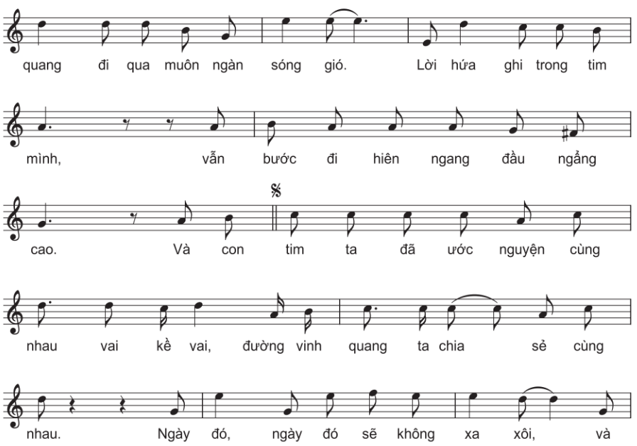 CHỦ ĐỀ 6: HƯỚNG TỚI TƯƠNG LAIBÀI 11 Yêu cầu cần đạt:Hát: Hát đúng cao độ, trường độ, lời ca và sắc thái bài hát Đường đến ngày vinh quang; điều tiết hơi thở hợp lí; mở rộng âm vực; duy trì được nhịp độ ổn định; biết dàn dựng và biểu diễn bài hát ở trong và ngoài nhà trường. Nghe nhạc: Cảm nhận và đánh giá được vẻ đẹp, giá trị nghệ thuật của ca khúc Bài ca hi vọng; biết tưởng tượng khi nghe nhạc; nhắc lại được chủ đề chính của bản nhạc. TIẾT 33HÁT: ĐƯỜNG ĐẾN NGÀY VINH QUANG I. MỤC TIÊU1. Kiến thứcSau tiết học này, HS sẽ:Hát đúng cao độ, trường độ, lời ca và sắc thái bài hát Đường đến ngày vinh quang; điều tiết hơi thở hợp lí; mở rộng âm vực; duy trì được nhịp độ ổn định; biết dàn dựng và biểu diễn bài hát ở trong và ngoài nhà trường.2. Năng lựcNăng lực chung: Tự chủ và tự học: biết lắng nghe và chia sẻ ý kiến cá nhân với bạn, nhóm và GV. Tích cực tham gia các hoạt động trong lớp.Giao tiếp và hợp tác: có thói quen trao đổi, giúp đỡ nhau trong học tập; biết cùng nhau hoàn thành nhiệm vụ học tập theo sự hướng dẫn của thầy cô. Giải quyết vấn đề và sáng tạo: biết phối hợp với bạn bè khi làm việc nhóm, có sáng tạo khi tham gia các hoạt động âm nhạc.Năng lực âm nhạc: Thể hiện âm nhạc: Hát đúng cao độ, trường độ, lời ca và sắc thái bài hát Đường đến ngày vinh quang.3. Phẩm chấtCó ý thức và thái độ tích cực trong giờ học.II. THIẾT BỊ DẠY HỌC VÀ HỌC LIỆU1. Thiết bị dạy họcGiáo án, SGK, SGV Âm nhạc 12 – Cánh diều. Đàn phím điện tử.Máy tính, máy chiếu (nếu có).2. Học liệuTư liệu giới thiệu bài Đường đến ngày vinh quang.III. CÁC HOẠT ĐỘNG DẠY HỌC A. HOẠT ĐỘNG KHỞI ĐỘNG (Khoảng 5 phút)a. Mục tiêu: Tạo tâm thế tích cực, hứng thú học tập cho HS và kết nối với bài học mới.b. Nội dung: GV tổ chức cho HS nghe bài hát Niềm tin chiến thắng và nêu cảm nhận về ý nghĩa nội dung bài hát.c. Sản phẩm: HS nghe bài hát Niềm tin chiến thắng và nêu cảm nhận về ý nghĩa nội dung bài hát.d. Tổ chức thực hiện:Bước 1: GV chuyển giao nhiệm vụ học tập- GV tổ chức cho HS nghe bài hát Niềm tin chiến thắng (sáng tác: Lê Quang):https://youtu.be/bWfvam9ybqA?si=Hmxd39bXEi0mV3lf- GV yêu cầu HS thảo luận cặp đôi và trả lời câu hỏi: Nêu cảm nhận về ý nghĩa nội dung bài hát Niềm tin chiến thắng.Bước 2: HS tiếp nhận, thực hiện nhiệm vụ học tập- HS quan sát, lắng nghe bài hát và thực hiện nhiệm vụ.- GV quan sát, hướng dẫn, hỗ trợ HS (nếu cần thiết). Bước 3: Báo cáo kết quả thực hiện nhiệm vụ- GV mời đại diện 1 – 2 HS trình bày kết quả thảo luận: Ý nghĩa nội dung bài hát Niềm tin chiến thắng: sự quyết tâm, lạc quan vào một tương lai tươi sáng.- GV yêu cầu các HS khác lắng nghe, nhận xét, bổ sung ý kiến (nếu có). Bước 4: Đánh giá kết quả thực hiện nhiệm vụ- GV nhận xét, đánh giá và kết luận.- GV dẫn dắt HS vào bài học mới: Chúng ta cùng tìm hiểu bài học ngày hôm nay  – Bài 11 – tiết 33: Hát - Đường đến ngày vinh quang.B. HOẠT ĐỘNG HÌNH THÀNH KIẾN THỨC (Khoảng 20 phút)Hoạt động: Hát – Đường đến ngày vinh quanga. Mục tiêu: Thông qua hoạt động, HS nắm được thông tin và hát đúng lời ca, giai điệu của bài hát Đường đến ngày vinh quang.b. Nội dung: GV hướng dẫn HS tìm hiểu và học bài hát Đường đến ngày vinh quang theo các nội dung: - Giới thiệu tên bài hát, tên tác giả và nội dung của bài hát Đường đến ngày vinh quang.- Tìm hiểu cấu trúc của bài hát. - Tập hát từng câu, ghép nối các câu hát.- Hát hoàn chỉnh cả bài, kết hợp vỗ tay nhịp nhàng theo nhịp hoặc vận động theo nhạc.- Trình bày bài hát theo tổ, nhóm, cá nhân. c. Sản phẩm: HS thể hiện bài hát Đường đến ngày vinh quang đúng cao độ, trường độ, sắc thái và lời ca; duy trì được nhịp ổn định. d. Tổ chức thực hiện:HOẠT ĐỘNG CỦA GV - HSDỰ KIẾN SẢN PHẨMBước 1: GV chuyển giao nhiệm vụ học tập* Tìm hiểu tác giả, tác phẩm- GV giới thiệu cho HS tên và xuất xứ bài hát Đường đến ngày vinh quang.- GV cung cấp cho HS thông tin tác giả Trần Lập:- GV hướng dẫn HS quan sát bản nhạc và đọc lướt lời ca để nắm được cấu trúc bài hát. - GV mở file âm thanh/video cho HS lắng nghe bài hát Đường đến ngày vinh quang (HS đồng thời theo dõi bản nhạc, hát nhẩm theo).https://youtu.be/tJ2measnTc0?si=BulZtaSL6kylXyjR- GV hát mẫu cho HS 1 lần bài hát Đường đến ngày vinh quang.https://youtu.be/tJ2measnTc0?si=BulZtaSL6kylXyjR* Khởi động giọng- GV hướng dẫn HS khởi động giọng bằng luyện thanh để mở rộng âm vực.* Học hát ca khúc Đường đến ngày vinh quang- GV đàn từng câu, hát mẫu, yêu cầu HS nhắc lại.    - GV phân chia câu đoạn và vị trí lấy hơi:Cùng trèo lên đỉnh núi cao vời vợi,/Để ta khắc tên mình trên đời,/Dù ta biết gian nan đang chờ đón./Và trái tim vẫn âm thầm,/Ta bước đi hướng tới muôn vì sao./Chặng đường nào trải bước trên hoa hồng,/Bàn chân cũng thấm đau vì những mũi gai./Đường vinh quang đi qua muôn ngàn sóng gió,/Lời hứa ghi trong tim mình,/Vẫn bước đi hiên ngang đầu ngẩng cao./Và con tim ta đã ước nguyện cùng nhau vai kề vai,/Đường vinh quang ta chia sẻ cùng nhau./Ngày đó, ngày đó sẽ không xa xôi,/Và chúng ta là người chiến thắng/Vầt biết dẫu lắm thác ghềnh cheo leo trên đường xa./Đường gian nan ta vươn tới những đỉnh cao./Ngày đó, ngày đó sẽ không xa xôi,/Và chúng ta là người chiến thắng./Đường đến những ngày vinh quang không còn xa,/Dù khó khăn vẫn còn./Và mặt trời rực sáng trên cao vời/Mang sức sống huy hoàng khắp muôn nơi./Cài vinh quang lên vai những người chiến thắng./Khoảnh khắc ghi trong tim hồng./ Bao khó khăn ta cũng sẽ vượt qua./ Và con tim ta đã ước nguyện cùng nhau vai kề vai,/ Đỉnh vinh quang ta chia sẻ cùng nhau./ Ngày đó, ngày đó sẽ không xa xôi,/ Và chúng ta là người chiến thắng./ Đường đến những ngày vinh quang không còn xa... (hơ)/Ngày đó, ngày đó sẽ không xa xôi,/ Và chúng ta là người chiến thắng./ Đường đến những ngày vinh quang/Con đường chúng ta đã chọn./- GV bật nhạc đệm để HS hát cả đoạn. - GV hướng dẫn HS hát từng câu cùng nhạc đệm.  - GV hướng dẫn HS hát ghép nối các đoạn đã học với nhạc đệm. Bước 2: HS tiếp nhận, thực hiện nhiệm vụ học tập- HS lắng nghe GV giới thiệu về xuất xứ, tác phẩm Đường đến ngày vinh quang. - HS khởi động giọng. - HS học hát ca khúc Đường đến ngày vinh quang theo hướng dẫn của GV.- GV quan sát, hướng dẫn, hỗ trợ HS (nếu cần thiết). Bước 3: Báo cáo kết quả hoạt động, thảo luận- HS hát từng câu, từng đoạn và ghép nối các đoạn đã học với nhạc đệm.Bước 4: Đánh giá kết quả thực hiện nhiệm vụ học tập- GV nhận xét, chỉnh sửa cho HS những chỗ HS hát sai (nếu có). - GV cho HS nêu một số cảm nhận sau khi học bài hát.- GV chuyển sang nội dung mới.Hát – Đường đến ngày vinh quang* Tác giả Trần Lập- Trần Lập (1974 – 2016) tên thật là Trần Quyết Lập.- Là một nhạc sĩ, ca sĩ thuộc dòng nhạc rock, là người thành lập ban nhạc Bức tường.- Ông không chỉ mang lại sức sống trong dòng nhạc này, tạo dấu ấn với vai trò nhạc sĩ, ca sĩ mà còn tích cực tham gia nhiều hoạt động khác như tổ chức sản xuất, đạo diễn dàn dựng chương trình,...- Ông đã viết nhiều ca khúc mang ý nghĩa tích cực, nhân văn về cuộc sống, ước mơ và những khao khát của tuổi trẻ.- Tác phẩm tiêu biểu: Bông hồng thủy tinh, Tâm hồn của đá, Khám phá, Cây bàng,...* Bài hát Đường đến ngày vinh quang- Giai điệu bài hát: trữ tình.- Tính chất âm nhạc:  lời ca giàu hình ảnh với tính chất tươi sáng, mạnh mẽ.- Nội dung: thể hiện khát vọng đi tới thành công của thế hệ trẻ.- Cấu trúc bài hát: Bài hát có cấu trúc gồm 3 đoạn và kết:+ Đoạn 1: từ đầu đến nhịp thứ 21 (Cùng trèo lên ... đầu ngẩng cao).+ Đoạn 2: từ nhịp thứ 21 đến nhịp thứ 42 (Và con tim ... khó khăn vẫn còn).+ Đoạn 3: từ nhịp thứ 44 đến nhịp thứ 64 (Và mặt trời ... chúng ta đã chọn).+ Kết: từ nhịp thứ 64 đến hết (Ngày đó ... chúng ta đã chọn).* Học hát bài hát Đường đến ngày vinh quang- Nhịp của bài hát: 6/8 - Thể hiện đúng cao độ, sắc thái; chú ý các bước nhảy quãng xa.- Hát rõ lời, gọn tiếng.- Thể hiện đúng tiết tấu với phách mạnh, phách nhẹ, phách mạnh vừa.- Tập hát từng câu, từng đoạn, sau đó ghép thành bài hoàn chỉnh. - Thể hiện đúng tính chất tự hào, tự tin, mạnh mẽ của bài hát.- Chú ý cao độ ở phần cuối của bài hát khi nhảy giọng từ Đô trưởng sang Rê giáng trưởng.----------------------------------------------------------- Còn tiếp ----------------------Ngày soạn:…/…/…Ngày dạy:…/…/… BÀI 12 Yêu cầu cần đạt:Đọc nhạc: Đọc đúng cao độ gam Mi thứ; đọc đúng giai điệu và thể hiện được tính chất âm nhạc của Bài đọc nhạc số 6; cảm nhận được sự hòa quyện của âm thanh khi đọc nhạc ba bè.Nhạc cụ: Thể hiện đúng bài tập tiết tấu bằng vận động cơ thể kết hợp nhạc cụ gõ tự tạo; ứng dụng đệm cho bài hát Đường đến ngày vinh quang; biết kết hợp các loại nhạc cụ để hòa tấu và điều chỉnh âm thanh đúng cách. TIẾT 37ĐỌC NHẠC: THỂ HIỆN BÀI LUYỆN QUÃNG VÀ TIẾT TẤUĐỌC NHẠC: THỂ HIỆN BÀI ĐỌC NHẠC SỐ 6 NỘI DUNG 1: ĐỌC NHẠC – THỂ HIỆN BÀI LUYỆN QUÃNG VÀ TIẾT TẤUA. HOẠT ĐỘNG KHỞI ĐỘNG (Khoảng 5 phút)a. Mục tiêu: HS ôn lại âm hình tiết tấu liên quan đến bài học .b. Nội dung: GV tổ chức cho HS đọc tên nốt nhạc cùng tiết tấu, gõ nhịp theo phách.c. Sản phẩm: HS đọc tên nốt nhạc cùng tiết tấu, gõ nhịp theo phách.d. Tổ chức thực hiện:Bước 1: GV chuyển giao nhiệm vụ học tập- GV tổ chức cho HS đọc tên nốt nhạc cùng tiết tấu, gõ nhịp theo phách.- GV yêu cầu HS đọc với nhịp độ ổn định.Bước 2: HS tiếp nhận, thực hiện nhiệm vụ học tập- HS quan sát và thực hiện nhiệm vụ theo hướng dẫn của GV.- GV quan sát, hướng dẫn, hỗ trợ HS (nếu cần thiết). Bước 3: Báo cáo kết quả thực hiện nhiệm vụ- GV mời đại diện 1 – 2 HS trình bày trước lớp.- GV yêu cầu các HS khác lắng nghe, nhận xét, bổ sung ý kiến (nếu có). Bước 4: Đánh giá kết quả thực hiện nhiệm vụ- GV nhận xét, đánh giá và kết luận.- GV dẫn dắt HS vào bài học mới: Chúng ta cùng tìm hiểu bài học ngày hôm nay  – Bài 12 – tiết 37: Đọc nhạc – Thể hiện bài luyện quãng và tiết tấu; Thể hiện Bài đọc nhạc số 6.B. HOẠT ĐỘNG HÌNH THÀNH KIẾN THỨCHoạt động: Đọc nhạc – Thể hiện bài luyện quãng và tiết tấu (Khoảng 5 phút)a. Mục tiêu: Thông qua hoạt động, HS đọc đúng cao độ, trường độ và cường độ sắc thái của bài luyện quãng và tiết tấu.b. Nội dung: GV hướng dẫn HS đọc cao độ, trường độ và cường độ sắc thái của bài luyện quãng và tiết tấu.c. Sản phẩm: HS biết cách luyện đọc các cao độ kết hợp âm hình tiết tấu.d. Tổ chức thực hiện:HOẠT ĐỘNG CỦA GV - HSDỰ KIẾN SẢN PHẨMBước 1: GV chuyển giao nhiệm vụ học tập- GV hướng dẫn và luyện tập cho HS các nội dung:+ Đọc đúng cao độ gam Mi thứ và các âm ổn định theo hướng đi lên và đi xuống.+ Thực hiện âm hình tiết tấu ; thể hiện đúng các phách mạnh, phách nhẹ, phách mạnh vừa.+ Thực hiện từng câu, sau đó ghép cả bài từ nhịp độ chậm đến nhịp độ phù hợp.- GV gợi ý HS thực hiện:+ Đọc gam và rải của gam Mi thứ.+ Đọc tách riêng cao độ của bài.+ Đọc tên nốt cùng tiết tấu.+ Ghép cao độ cùng tiết tấu với nhịp độ vừa phải kết hợp gõ đệm theo phách.- GV lưu ý HS: bậc VII tăng lên 1/2 cung Rê # của giọng Mi thứ.Bước 2: HS tiếp nhận, thực hiện nhiệm vụ học tập- HS quan sát, lắng nghe sự hướng dẫn của GV và thực hiện theo mẫu.- GV quan sát, hướng dẫn HS thực hiện (nếu có).Bước 3: Báo cáo kết quả hoạt động, thảo luận- GV gọi đại diện HS đứng dậy thực hành.- GV yêu cầu HS khác nhận xét, bổ sung (nếu có).Bước 4: Đánh giá kết quả thực hiện nhiệm vụ học tập- GV nhận xét, chỉnh sửa cho HS (nếu có). - GV chuyển sang nội dung mới.Đọc nhạc – Thể hiện bài luyện quãng và tiết tấuC. HOẠT ĐỘNG LUYỆN TẬP – VẬN DỤNG (Khoảng 10 phút)a. Mục tiêu: Thông qua hoạt động, HS thực hiện bài luyện quãng và tiết tấu theo nhóm.b. Nội dung: GV hướng dẫn HS thực hiện nội dung luyện tập.c. Sản phẩm: HS thực hiện bài luyện quãng và tiết tấu.d. Tổ chức thực hiện:Bước 1: GV chuyển giao nhiệm vụ học tập- GV chia HS thành các nhóm và thực hiện nhiệm vụ: Luyện tập cho thành thục bài luyện quãng và tiết tấu.- GV yêu cầu HS luyện tập từng ô nhịp, từng câu nhạc, sau đó ghép liền thành một bài hoàn chỉnh.- GV tổ chức cho HS vừa hát vừa đánh nhịp, giữ nhịp độ ổn định, thể hiện rõ cường độ sắc thái.Bước 2: HS tiếp nhận, thực hiện nhiệm vụ học tập- HS lắng nghe và thực hiện theo hướng dẫn của GV.- GV hướng dẫn, quan sát thái độ học tập của HS.Bước 3: Báo cáo kết quả hoạt động, thảo luận- GV mời đại diện HS trình bày trước lớp.- GV mời HS khác nhận xét, bổ sung (nếu có).Bước 4: Đánh giá kết quả thực hiện, nhiệm vụ học tập- GV nhận xét, đánh giá, thái độ học tập và tiếp thu của HS. - GV chuyển sang nội dung mới. NỘI DUNG 2: ĐỌC NHẠC – BÀI ĐỌC NHẠC SỐ 6HOẠT ĐỘNG HÌNH THÀNH KIẾN THỨC Hoạt động: Đọc nhạc – Bài đọc nhạc số 6 (Khoảng 5 phút)a. Mục tiêu: Thông qua hoạt động, HS đọc Bài đọc nhạc số 6 đúng cao độ, trường độ riêng từng bè.b. Nội dung: GV hướng dẫn HS đọc Bài đọc nhạc số 6.c. Sản phẩm: HS luyện tập, bước đầu thực hiện đúng cao độ, trường độ riêng từng bè.d. Tổ chức thực hiện:HOẠT ĐỘNG CỦA GV - HSDỰ KIẾN SẢN PHẨMBước 1: GV chuyển giao nhiệm vụ học tập- GV giới thiệu Bài đọc nhạc số 6 cho HS:- GV hướng dẫn HS thực hiện Bài đọc nhạc số 6:+ Đọc tên nốt theo tiết tấu; thể hiện đúng phách mạnh, phách nhẹ, phách mạnh vừa.+ Đọc đúng cao độ, trường độ từng bè.+ Thể hiện đúng cao độ nốt Rê thăng ở nhịp thứ 3 và nhịp thứ 5.+ Đọc đúng cao độ, trường độ cả bài; ba bè kết hợp nhịp nhàng, không lệch nhịp phách; duy trì nhịp độ ổn định.+ Ghép từng cặp hai bè (bè 1 + bè 2, bè 1 + bè 3), ba bè từng nhịp; sau đó ghép ba bè liền cả bài.+ Thực hiện từ nhịp độ chậm, sau đó tăng dần đến nhịp độ vừa phải.- GV chia HS thành các nhóm và mỗi nhóm luyện tập 1 bè, sau đó đổi nhiệm vụ cho nhau.- GV yêu cầu HS luyện tập bè với nhịp độ ổn định, ở mức độ chậm vừa, có thể vừa hát vừa gõ đệm.Bước 2: HS tiếp nhận, thực hiện nhiệm vụ học tập- HS lắng nghe GV hướng dẫn và thực hành theo.- GV hướng dẫn, chỉ ra lỗi sai và sửa cho HS. Bước 3: Báo cáo kết quả hoạt động, thảo luận- GV gọi đại diện 1 – 2 HS thực hiện trước lớp- GV yêu cầu HS khác nhận xét (nếu có).Bước 4: Đánh giá kết quả thực hiện nhiệm vụ học tập- GV nhận xét, chỉnh sửa cho HS (nếu có). - GV chuyển sang nội dung mới.Đọc nhạc – Bài đọc nhạc số 6HS thực hiện đọc Bài đọc nhạc số 6 đúng cao độ, trường độ.C. HOẠT ĐỘNG LUYỆN TẬP (Khoảng 10 phút)a. Mục tiêu: Thông qua hoạt động, HS luyện tập đọc nhạc theo từng cặp đôi.b. Nội dung: GV hướng dẫn HS thực hiện luyện tập Bài đọc nhạc số 6.c. Sản phẩm: HS thực hành tốt nội dung GV yêu cầu.d. Tổ chức thực hiện:Bước 1: GV chuyển giao nhiệm vụ học tậpGV chia HS thành các cặp và luyện tập từng bè có kết hợp gõ đệm theo nhịp phách Bài đọc nhạc số 6.Bước 2: HS tiếp nhận, thực hiện nhiệm vụ học tập- HS lắng nghe và thực hiện nhiệm vụ theo hướng dẫn của GV.- GV quan sát, nhận xét, chỉnh sửa cho HS trong quá trình luyện tập (nếu có).Bước 3: Báo cáo kết quả hoạt động, thảo luận- GV mời đại diện HS thực hành trên lớp.- GV mời HS khác nhận xét, bổ sung (nếu có).Bước 4: Đánh giá kết quả thực hiện, nhiệm vụ học tập- GV nhận xét, đánh giá, thái độ học tập và tiếp thu của HS. - GV chuyển sang nội dung mới.D. HOẠT ĐỘNG VẬN DỤNG (Khoảng 5 phút)a. Mục tiêu: Thông qua hoạt động, HS sáng tạo trong nội dung đọc nhạc.b. Nội dung: GV hướng dẫn HS đặt lời ca cho từng bè theo chủ đề cho trước.c. Sản phẩm: HS thực hành tốt nội dung GV yêu cầu.d. Tổ chức thực hiện:Bước 1: GV chuyển giao nhiệm vụ học tập- GV yêu cầu HS thực hiện nhiệm vụ: Đặt lời ca cho từng bè (hoặc chỉ cho bè giai điệu trên cùng trong trường hợp  thời gian hạn chế) theo một chủ đề cho trước.- GV tiếp tục yêu cầu HS trình bày hát ghép lời ca với từng bè trong Bài đọc nhạc số 6.Bước 2: HS tiếp nhận, thực hiện nhiệm vụ học tập- HS lắng nghe và thực hiện nhiệm vụ theo hướng dẫn của GV.- GV quan sát, nhận xét, chỉnh sửa cho HS trong quá trình luyện tập (nếu có).Bước 3: Báo cáo kết quả hoạt động, thảo luận- GV mời đại diện HS thực hành trên lớp.- GV mời HS khác nhận xét, bổ sung (nếu có).Bước 4: Đánh giá kết quả thực hiện, nhiệm vụ học tập- GV nhận xét, đánh giá, thái độ học tập và tiếp thu của HS. - GV kết thúc tiết học.HƯỚNG DẪN VỀ NHÀ - Ôn lại kiến thức đã học: Đọc nhạc – Thể hiện bài luyện quãng và tiết tấu; Thể hiện Bài đọc nhạc số 6.- Đọc và tìm hiểu trước nội dung kiến thức Bài 12 – Tiết 38: Đọc nhạc - Thể hiện Bài đọc nhạc số 6. ----------------------------------------------------------- Còn tiếp ---------------------- II. TRẮC NGHIỆM KÌ 2 ÂM NHẠC 12 CÁNH DIỀUPhiếu trắc nghiệm Âm nhạc 12 cánh diều Bài 6: Lí thuyết âm nhạc Một số hợp âm của giọng Mi thứ, Đọc nhạc Bài đọc nhạc số 3, Nhạc cụ Hoà tấu nhạc cụ gõ và vận động cơ thểPhiếu trắc nghiệm Âm nhạc 12 cánh diều Bài 7: Hát Bài hát Người nghỉ tôi về, Nghe nhạc Ca khúc Quảng Bình quê ta ơi!, Thường thức âm nhạc Nghệ thuật Cải lương trong âm nhạc truyền thống Việt NamPhiếu trắc nghiệm Âm nhạc 12 cánh diều Bài 8: Lí thuyết âm nhạc Một số hợp âm của giọng Pha trưởng, Đọc nhạc Bài đọc nhạc số 4, Nhạc cụ Thể hiện Bài đọc nhạc số 4 bằng nhạc cụ thể hiện giai điệuPhiếu trắc nghiệm Âm nhạc 12 cánh diều Bài 9: Hát Bài hát Nước Nga – Tổ quốc tôi, Nghe nhạc Ca khúc O Sole Mio, Thường thức âm nhạc Sơ lược về nhạc nhẹPhiếu trắc nghiệm Âm nhạc 12 cánh diều Bài 10: Lí thuyết âm nhạc Một số hợp âm của giọng Rê thứ, Đọc nhạc Bài đọc nhạc số 5, Nhạc cụ Gõ đệm cho bài O Sole Mio, thể hiện hợp âm đệm và tiết điệu đệm cho Bài đọc nhạc số 5 bằng đàn ukulelePhiếu trắc nghiệm Âm nhạc 12 cánh diều Bài 11: Bài hát Đường đến ngày vinh quang, Ca khúc Bài ca hi vọngPhiếu trắc nghiệm Âm nhạc 12 cánh diều Bài 1: Hát đơn caPhiếu trắc nghiệm Âm nhạc 12 cánh diều Bài 2: Hát song caPhiếu trắc nghiệm Âm nhạc 12 cánh diều Bài 3: Hát tốp caPhiếu trắc nghiệm Âm nhạc 12 cánh diều Bài 4: Hát đồng ca, hợp xướng BÀI 10: MỘT SỐ HỢP ÂM CỦA GIỌNG RÊ THỨ(12 CÂU) A. CÂU HỎI TRẮC NGHIỆM1. NHẬN BIẾT (5 CÂU)Câu 1: Kí hiệu Am/C, Am/E có tên gọi làA. các hợp âm Rê thứ đảo.B. các hợp âm La thứ đảo.C. các hợp âm Son thứ đảo.D. các hợp âm La trưởng đảo.Câu 2: Kí hiệu Dm có tên gọi làA. hợp âm Rê thứ.B. hợp âm La thứ.C. hợp âm Son thứ.D. hợp âm La trưởng.Câu 3: Hợp âm Son thứ có kí hiệu là gì?A. Dm.B. Am.C. Bb.D. Gm.Câu 4: Kí hiệu A có tên gọi là A. hợp âm Pha trưởng. B. hợp âm Rê thứ.C. hợp âm La trưởng.D. hợp âm Mi thứ.Câu 5: Đâu là kí hiệu của các hợp âm Son thứ đảo?A. Am/C, Am/E.B. Dm/F, Dm/A.C. Gm/Bb, Gm/D.D. A/C#, A/E. 2. THÔNG HIỂU (2 CÂU)Câu 1: Đâu không phải là kí hiệu hợp âm của giọng Rê thứ?A. Dm.B. Bb.C. Gm.D. ACâu 2: Đâu không phải là kí hiệu hợp âm ở thể đảo của giọng Rê thứ?A. Am/C, Am/E.B. Dm/F, Dm/A.C. G/B, G/D.D. A/C#, A/E.3. VẬN DỤNG (3 CÂU)Câu 1: Giọng Rê thứ hòa thanh có hợp âm ba tăng trên bậc mấy?A. Bậc I.B. Bậc II.C. Bậc III.D. Bậc IV.Câu 2: Giọng Rê thứ hòa thanh có hợp âm trên bậc VII là A. hợp âm hai giảm.B. hợp âm ba tăng.C. hợp âm ba giảm.D. hợp âm hai tăng.Câu 3: Ý nào dưới đây nói đúng về giọng Rê thứ hòa thanh?A. Có hợp âm ba trên bậc II là hợp âm ba giảm.B. Có hợp âm trên bậc VII là hợp âm ba giảm.C. Có hợp âm trên bậc VI là hợp âm ba tăng.D. Có hợp âm trên bậc II là hợp âm ba tăng.----------------------------------------------------------- Còn tiếp ----------------------BÀI 11: BÀI HÁT ĐƯỜNG ĐẾN NGÀY VINH QUANG(13 CÂU)