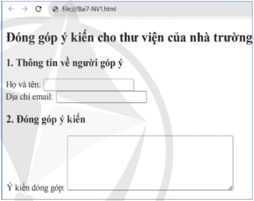 BÀI 7: THỰC HÀNH TẠO BIỂU MẪUA. KHỞI ĐỘNGHS ôn tập lại một số điều khiển hỗ trợ nhập dữ liệu thông dụng.B. HOẠT ĐỘNG HÌNH THÀNH KIẾN THỨCHoạt động 1: Tạo biểu mẫu có ô text nhập dữ liệuSoạn văn bản HTML để tạo biểu mẫu như ở Hình 1 khi hiển thị trên trình duyệt web.Hình 1. Một biểu mẫu có ô text nhập dữ liệu Dự kiến sản phẩm:- Bước 1: HS tạo tệp “Bai7-NV1.html”.- Bước 2: HS thực hiện tạo cấu trúc và khai báo phần tử head.- Bước 3: HS thực hiện tạo biểu mẫu.- Bước 4: HS ghi lưu, mở tệp bằng trình duyệt web và xem kết quả.Hoạt động 2: Thêm các điều khiển nhập dữ liệu lựa chọn, gửi dữ liệu vào biểu mẫuSoạn văn bản HTML để thêm các điều khiển nhập dữ liệu như minh hoạ ở Hình 2 vào biểu mẫu đã tạo ở Nhiệm vụ 1. Khi mở bằng trình duyệt web, kết quả hiển thị như ở Hình 3.Hình 2. Ví dụ điều khiển lựa chọn, gửi dữ liệuHình 3. Ví dụ một trang web Dự kiến sản phẩm:- Bước 1: HS đổi tên tệp “Bai7-NV1.html” thành “Bai7-NV2.html”.- Bước 2: HS thực hiện cập nhật nội dung phần tử body.- Bước 3: HS ghi lưu, mở tệp bằng trình duyệt web và xem kết quả.Hoạt động 3: Tạo trang web phản hồi khi người dùng nhấn nút gửi dữ liệuGV yêu cầu HS đọc kĩ yêu cầu của Nhiệm vụ 3 SGK tr.67 và thực hành cá nhân theo hướng dẫn.Dự kiến sản phẩm:- Bước 1: HS tạo tệp “Bai7-NV3.html”.- Bước 2: HS thực hiện tạo cấu trúc và khai báo phần tử head.- Bước 3: HS thực hiện khai báo nội dung phần tử body…C. HOẠT ĐỘNG LUYỆN TẬPD. HOẠT ĐỘNG VẬN DỤNG