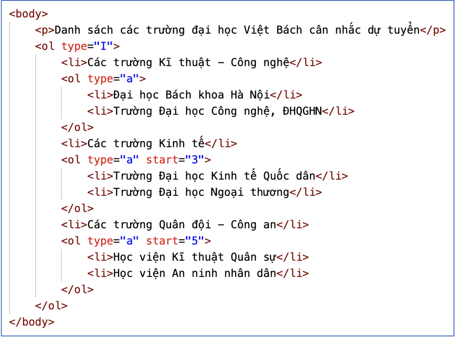 BÀI 4: TRÌNH BÀY NỘI DUNG THEO DẠNG DANH SÁCH, BẢNG BIỂUA. KHỞI ĐỘNGHS suy nghĩ trả lời câu hỏi Khởi động tr.49 SGK theo hiểu biết của mình.B. HOẠT ĐỘNG HÌNH THÀNH KIẾN THỨCHoạt động 1: Tạo danh sách+ Danh sách xác định thứ tự được dùng khi nào?+ Trong HTML, danh sách xác định thứ tự được tạo như thế nào?+ Theo em, có thể xác định thứ tự bắt đầu của danh sách bằng một số nguyên khác 1 được không?Dự kiến sản phẩm:- Danh sách xác định thứ tự được dùng khi thứ tự xuất hiện các mục của nó là quan trọng.- HTML sử dụng các thẻ <ol> và <li> để tạo danh sách xác định thứ tự:Trong đó:+ Cặp thẻ <ol></ol> dùng để tạo danh sách.+ Cặp thẻ <li></li> dùng để tạo các mục nội dung trong danh sách.+ Các mục trong danh sách theo mặc định được xác định thứ tự tăng dần bằng các số nguyên bắt đầu từ 1.Hoạt động 2: Tạo bảng+ Theo em, khi nào nên sử dụng bảng để trình bày thông tin?+ Trong HTML, bảng được tạo như thế nào?+ Dữ liệu trong các ô của bảng thường có dạng gì?Dự kiến sản phẩm:- Bảng thường được sử dụng để thể hiện thông tin có cấu trúc, dùng cho thống kê, so sánh dữ liệu.- HTML sử dụng các thẻ <table>, <tr> và <td> để tạo bảng:Trong đó:+ Cặp thẻ <table></table> dùng để tạo bảng.+ Cặp thẻ <tr></tr> dùng để khai báo các hàng trong bảng.+ Cặp thẻ <td></td> dùng để khai báo các ô dữ liệu của mỗi hàng.- Dữ liệu trong các ô thường là văn bản, hình ảnh, siêu liên kết,…Hoạt động 3: Thực hành tạo danh sách, tạo bảngGV hướng dẫn HS thực hiện theo hai nhiệm vụ trong SGK để tạo danh sách và bảng.Dự kiến sản phẩm:Nhiệm vụ 1. Tạo danh sách- Bước 1: HS tạo tệp “Bai4-NV1.html”.- Bước 2: HS thực hiện tạo cấu trúc và khai báo phần tử head.- Bước 3: HS thực hiện tạo danh sách xác định thứ tự trong phần tử body.- Bước 4: HS ghi lưu, mở tệp bằng trình duyệt web và xem kết quả.C. HOẠT ĐỘNG LUYỆN TẬPCâu 1 (Câu 2 phần Câu hỏi tự kiểm tra SGK tr.53). Khai báo nào sau đây sẽ tạo một bảng có hai hàng, mỗi hàng gồm một ô dữ liệu?A. <table><td><tr>Hàng 1</tr><tr>Hàng 2</tr></td></table>B. <table><tr>Hàng 1</tr><tr>Hàng 2</tr></table>C. <table><tr><td>Hàng 1</td></tr><tr><td>Hàng 2</td></tr></table>D. <table><td>Hàng 1</td><td>Hàng 2</td></table>Câu 2. Thẻ nào sau đây được sử dụng để tạo danh sách không xác định thứ tự?A. <dl>.B. <ol>.C. <ul>.D. <h1>.Câu 3. HTML định nghĩa phần tử nào để bổ sung thông tin chú thích cho bảng?A. comment.B. caption.C. subtitle.D. description.Câu 4. Khi tạo danh sách xác định thứ tự, thuộc tính type được dùng để làm gì?A. Xác định thứ tự bắt đầu của danh sách.B. Xác định kiểu danh sách.C. Xác định kí tự đánh dấu các mục của danh sách.D. Xác định cách đánh số thứ tự các mục của danh sách.Câu 5. Khi tạo danh sách xác định thứ tự, nội dung mục đầu tiên được mặc định đánh số thứ tự làA. i.B. 1.C. I.D. a.Dự kiến sản phẩm:Câu hỏi12345Đáp ánCCBDBD. HOẠT ĐỘNG VẬN DỤNG