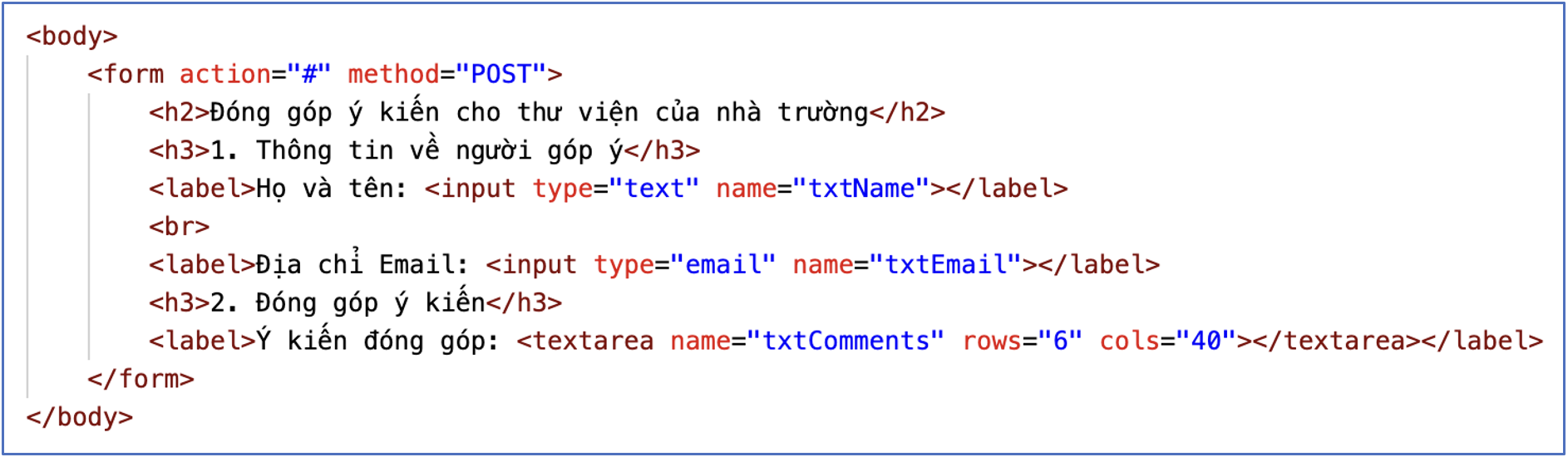 BÀI 7: THỰC HÀNH TẠO BIỂU MẪUA. KHỞI ĐỘNGHS ôn tập lại một số điều khiển hỗ trợ nhập dữ liệu thông dụng.B. HOẠT ĐỘNG HÌNH THÀNH KIẾN THỨCHoạt động 1: Tạo biểu mẫu có ô text nhập dữ liệuSoạn văn bản HTML để tạo biểu mẫu như ở Hình 1 khi hiển thị trên trình duyệt web.Hình 1. Một biểu mẫu có ô text nhập dữ liệu Dự kiến sản phẩm:- Bước 1: HS tạo tệp “Bai7-NV1.html”.- Bước 2: HS thực hiện tạo cấu trúc và khai báo phần tử head.- Bước 3: HS thực hiện tạo biểu mẫu.- Bước 4: HS ghi lưu, mở tệp bằng trình duyệt web và xem kết quả.Hoạt động 2: Thêm các điều khiển nhập dữ liệu lựa chọn, gửi dữ liệu vào biểu mẫuSoạn văn bản HTML để thêm các điều khiển nhập dữ liệu như minh hoạ ở Hình 2 vào biểu mẫu đã tạo ở Nhiệm vụ 1. Khi mở bằng trình duyệt web, kết quả hiển thị như ở Hình 3.Hình 2. Ví dụ điều khiển lựa chọn, gửi dữ liệuHình 3. Ví dụ một trang web Dự kiến sản phẩm:- Bước 1: HS đổi tên tệp “Bai7-NV1.html” thành “Bai7-NV2.html”.- Bước 2: HS thực hiện cập nhật nội dung phần tử body.- Bước 3: HS ghi lưu, mở tệp bằng trình duyệt web và xem kết quả.Hoạt động 3: Tạo trang web phản hồi khi người dùng nhấn nút gửi dữ liệuGV yêu cầu HS đọc kĩ yêu cầu của Nhiệm vụ 3 SGK tr.67 và thực hành cá nhân theo hướng dẫn.Dự kiến sản phẩm:- Bước 1: HS tạo tệp “Bai7-NV3.html”.- Bước 2: HS thực hiện tạo cấu trúc và khai báo phần tử head.- Bước 3: HS thực hiện khai báo nội dung phần tử body…C. HOẠT ĐỘNG LUYỆN TẬPD. HOẠT ĐỘNG VẬN DỤNG