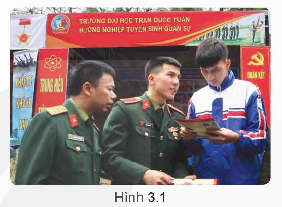 BÀI 3: CÔNG TÁC TUYỂN SINH, ĐÀO TẠO TRONG CÁC TRƯỜNG QUÂN ĐỘI NHÂN DÂN VIỆT NAM VÀ CÔNG AN NHÂN DÂN VIỆT NAM HOẠT ĐỘNG KHỞI ĐỘNGGV yêu cầu HS thảo luận và trả lời:Em hãy quan sát và cho biết hình 3.1 thể hiện hoạt động gì? Thời gian nào trong năm thường diễn ra hoạt động đó?HOẠT ĐỘNG HÌNH THÀNH KIẾN THỨCHOẠT ĐỘNG I. MỘT SỐ VẤN ĐỀ CHUNGHS thảo luận trả lời câu hỏi: Theo em, công tác tuyển sinh, đào tạo trong các trường Quân đội, Công an có những điểm chung nào?Sản phẩm dự kiến:Các trường Quân đội, Công an thực hiện tuyển sinh, đào tạo theo quy định và hướng dẫn của Bộ Giáo dục và Đào tạo, Bộ Lao động – Thương binh và Xã hội, Bộ Quốc phòng và Bộ Công an, trong đó có một số yêu cầu sau:Lựa chọn những công dân tự nguyện và có đủ tiêu chuẩn theo quy định vào đào tạo trong các trường Quân đội, Công an đáp ứng yêu cầu nhiệm vụ nâng cao chất lượng nguồn nhân lực, góp phần xây dựng Quân đội nhân dân Việt Nam, Công an nhân dân Việt Nam cách mạng, chính quy, tinh nhuệ, từng bước hiện đại.– Tuyển sinh đáp ứng yêu cầu đào tạo gắn với phát hiện nhân tài, quy hoạch và nhu cầu sử dụng đội ngũ cán bộ; thực hiện chế độ cử tuyển đúng quy định.– Tổ chức tuyển sinh đúng pháp luật, dân chủ, công khai, minh bạch, chính xác, công bằng; tạo đồng thuận của thí sinh, gia đình thí sinh và xã hội.HOẠT ĐỘNG II. CÔNG TÁC TUYỂN SINH, ĐÀO TẠO TRONG CÁC TRƯỜNG QUÂN ĐỘI NHÂN DÂN VIỆT NAMHS thảo luận trả lời câu hỏi: Em hãy kể tên các học viện, trường sĩ quan có tổ chức tuyển sinh quân sự từ học sinh phổ thông?Sản phẩm dự kiến:- Các học viện, trường sĩ quan (đại học) có tuyển sinh thí sinh từ học sinh phổ thông gồm: Học viện Kĩ thuật Quân sự (Đại học Kĩ thuật Lê Quý Đôn); Học viện Quân y (Trường Đại học Y – Dược Lê Hữu Trác); Học viện Hậu cần (Hình 3.2); Học viện Khoa học Quân sự; Học viện Biên phòng; Học viện Phòng không - Không quân; Học viện Hải quân; Trường Sĩ quan Lục quân 1 (Trường Đại học Trần Quốc Tuấn); Trường Sĩ quan Lục quân 2 (Trường Đại học Nguyễn Huệ); Trường Sĩ quan Chính trị (Trường Đại học Chính trị); Trường Sĩ quan Thông tin (Trường Đại học Thông tin Liên lạc); Trường Sĩ quan Công binh (Trường Đại học Ngô Quyền); Trường Sĩ quan Pháo binh; Trường Sĩ quan Phòng hoá; Trường Sĩ quan Tăng thiết giáp; Trường Sĩ quan Không quân; Trường Sĩ quan Đặc công; Trường Đại học Văn hoá – Nghệ thuật Quân đội; Trường Sĩ quan Kĩ thuật Quân sự (Trường Đại học Trần Đại Nghĩa).- Ngoài ra, trong hệ thống nhà trường quân đội còn có các trường cao đẳng, trung cấp (các trường này không tuyển sinh thí sinh từ học sinh phổ thông mà chỉ tuyển sinh đối tượng theo quy định của quân đội) như: Trường Cao đẳng Công nghiệp Quốc phòng; Trường Cao đẳng Kĩ thuật Quân sự 1; Trường Cao đẳng Hậu cần 1; Trường Cao đẳng Hậu cần 2; Trường Cao đẳng Kĩ thuật Hải quân; Trường Cao đẳng Trinh sát; Trường Cao đẳng Kĩ thuật Thông tin; Trường Cao đẳng Kĩ thuật Phòng không – Không quân; Trường Cao đẳng Biên phòng;... Trường Trung cấp 24 Biên phòng; Trường Trung cấp Kĩ thuật Công binh; Trường Trung cấp Kĩ thuật Tăng thiết giáp; Trường Trung cấp Kĩ thuật miền Trung và các trường quân sự quân khu, quân đoàn,...HS thảo luận trả lời câu hỏi: Nam năm nay 21 tuổi, đã tốt nghiệp trung cấp nghề nhưng chưa tốt nghiệp Trung học phổ thông. Theo em, Nam có đủ điều kiện để đăng kí thi tuyển sinh vào các trường đại học, cao đẳng quân sự không? Tại sao?Sản phẩm dự kiến:Theo em, Nam đủ điều kiện để đăng kí thi tuyển sinh vào các trường đại học, cao đẳng quân sự.Vì tiêu chuẩn về độ tuổi không quá 21 tuổi và theo Khoản 1 Điều 15 Thông tư 17/2016/TT-BQP có quy định về tiêu chuẩn về văn hóa của các trường quân đội: Tính đến thời điểm xét tuyển, đã tốt nghiệp trung học phổ thông (theo hình thức giáo dục chính quy hoặc giáo dục thường xuyên) hoặc đã tốt nghiệp trung cấp chuyên nghiệp, trung cấp nghề (sau đây viết gọn là tốt nghiệp trung học).HOẠT ĐỘNG III. CÔNG TÁC TUYỂN SINH, ĐÀO TẠO TRONG CÁC TRƯỜNG CÔNG AN NHÂN DÂN VIỆT NAMHS thảo luận trả lời câu hỏi: Theo em, thí sinh đăng kí xét tuyển vào các trường công an cần đạt những tiêu chuẩn nào? Làm rõ tiêu chuẩn về văn hoá, độ tuổi?Sản phẩm dự kiến:Thí sinh đăng kí xét tuyển vào các trường công an cần đạt những tiêu chuẩn về chính trị, đạo đức; về trình độ văn hóa, về độ tuổi và về sức khỏe.+ Về trình độ văn hoá: Công dân thường trú tại địa phương nơi đăng kí sơ tuyển, học sinh Trường Văn hoá trong những năm học Trung học phổ thông hoặc tương đương đạt học lực từ khá trở lên (theo kết quả học bạ các năm học Trung học phổ thông).+ Về độ tuổi: Tính đến năm dự tuyển, học sinh Trường Văn hoá và công dân thường trú tại địa phương nơi đăng kí sơ tuyển không quá 22 tuổi, trường hợp là người dân tộc thiểu số không quá 25 tuổi.HOẠT ĐỘNG LUYỆN TẬPCâu 1. Ở Việt Nam, hiện có bao nhiêu học viện thuộc hệ thống nhà trường quân đội?A. 08 học viện.B. 09 học viện.C. 10 học viện.D. 11 học viện.Câu 2. Ở Việt Nam, học viện nào dưới đây không thuộc hệ thống nhà trường quân đội?A. Học viện Quốc phòng.B. Học viện Lục quân.C. Học viện Hải quân.D. Học viện cảnh sát.Câu 3. Trường Sĩ quan Lục quân 1 còn được gọi làA. Trường Đại học Trần Quốc Tuấn.B. Trường Đại học Nguyễn Huệ.C. Trường Đại học Chính trị.D. Trường Sĩ quan kĩ thuật – quân sự.HOẠT ĐỘNG VẬN DỤNG