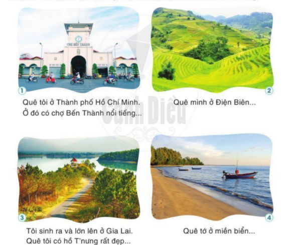 CHỦ ĐỀ 5: EM YÊU TỔ QUỐC VIỆT NAMBÀI 30: QUÊ HƯƠNG CỦA EM-  GV chỉ tranh minh hoạ giới thiệu chủ đề Em yêu Tổ quốc Việt Nam: Đây là tranh cột cờ Lũng Cú ở tỉnh Hà Giang, địa đầu Tổ quốc. Cột cờ Lũng Cú đã được xây dựng từ 1 000 năm trước. Lá cờ đỏ tung bay trên bầu trời biên giới, xác định chủ quyền của nước ta. Chủ đề này giúp các em mở mang hiểu biết về đất nước, con người Việt Nam... Chủ điểm mở đầu là Quê hương của em. CHIA SẺ VỀ CHỦ ĐIỂM(15 phút) - GV dẫn dắt: Quê hương là nơi gia đình em, dòng họ của em nhiều đời làm ăn, sinh sống. Các em đã hỏi ông bà, bố mẹ quê mình ở đâu chưa? Đã chuẩn bị tranh ảnh quê hương mang đến lớp chưa?- GV yêu cầu HS trả lời, bày lên bàn tranh ảnh quê hương. HS mang tranh ảnh nơi các em đang sinh sống cùng gia đình thay cho tranh ảnh quê hương. - GV khen ngợi những HS chuẩn bị tốt.- GV mời 4 HS, mỗi em nhìn 1 hình trong SGK, đọc lời giới thiệu quê hương (hoặc nơi sinh sống cùng gia đình) dưới mỗi hình. - GV mời một vài HS dùng tranh ảnh các em mang đến, tiếp nối nhau giới thiệu về quê hương: Xin chào các bạn. Minh là Mai. Mình muốn giới thiệu quê mình. Quê mình ở thành phố này - thành phố Vũng Tàu Ông bà, bố mẹ, cô bác mình đều sinh sống ở đây. Mình cũng sinh ra và lớn lên ở đây. Quê mình có biến rộng bao la, có Côn Đảo. Đây là bức ảnh biển Vũng Tàu rất đẹp...- GV yêu cầu cả lớp vỗ tay sau mỗi lần bạn giới thiệu. GV khen ngợi những HS giới thiệu to, rõ, tự tin về quê hương. - GV nói lời dẫn vào bài đọc mở đầu chủ điểm Quê hương em.  BÀI ĐỌC 1: BÉ XEM TRANH(55 phút)