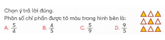 HOẠT ĐỘNG HÌNH THÀNH KIẾN THỨCHoạt động 1. Khám pháGV đặt câu hỏi hướng dẫn học sinh tìm hiểu: Sản phẩm dự kiến:Hình bên gồm 9 tam giác bằng nhau, tô màu 5 hình tam giác→ Phân số chỉ phần được tô màu trong hình bên là 5/9.- HS chữa bài vào vởHoạt động 2. Hoạt động GV đưa ra câu hỏi: Rút gọn các phân số:Sản phẩm dự kiến:…HOẠT ĐỘNG LUYỆN TẬPTừ nội dung bài học,GV yêu cầu HS hoàn thành các bài tập trắc nghiệm sau:Câu 1: Phép nhân phân số có những tính chất nào dưới đây?A. Tính chất giao hoánB. Tính chất kết hợpC. Tính chất phân phốiD. Tất cả các đáp án trên đều đúngCâu 2: Chọn phát biểu đúng nhất trong các phát biểu sau:A. Muốn nhân hai phân số, ta lấy tử số nhân với tử số, mẫu số nhân với mẫu số.B. Phân số nào nhân với 1 cũng bằng chính nó.C. Phân số nào nhân với 0 cũng bằng 0D. Cả A, B, C đều đúngCâu 3: Muốn chia hai phân số, ta lấy phân số thứ nhất nhân với phân số thứ hai đảo ngược. Đúng hay sai?A. ĐúngB. SaiSản phẩm dự kiến:Câu 1: DCâu 2: DCâu 3: AHOẠT ĐỘNG VẬN DỤNG