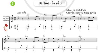 CHỦ ĐỀ 3: CÔNG ƠN THẦY CÔ – BÀI 6BÀI 6 - TIẾT 1LUYỆN ĐỌC GAM LA THỨ THEO MẪU; BÀI ĐỌC NHẠC SỐ 3THẾ BẤM HỢP ÂM RÊ THỨ TRÊN KÈN PHÍM; BÀI HÒA TẤU SỐ 3A. KHỞI ĐỘNG- GV tổ chức cho HS lắng nghe bài hát Thương lắm thầy cô ơi! kết hợp vỗ tay nhịp nhàng.- GV tổ chức cho HS hát và vận động theo nhịp điệu bài Dáng thầy.B. HOẠT ĐỘNG HÌNH THÀNH KIẾN THỨCHoạt động 1: Luyện đọc gam La thứ theo mẫu; Bài đọc nhạc số 3 (Khoảng 18 – 19 phút)Nhiệm vụ 1: Luyện đọc gam La thứ theo mẫuGV sử dụng đàn lấy cao độ chuẩn và yêu cầu HS thực hiện đọc gam La thứ theo mẫuNhiệm vụ 2: Bài đọc nhạc số 3+ Bài đọc nhạc được viết ở giọng gì?+ Có những cao độ và trường độ nào?+ Có mấy nét nhạc? Dự kiến sản phẩm:- Giọng: La thứ- Cao độ: Mi, son, La, Si, Đô, Rế, Mí- Trường độ: đơn, đen, trắng, có sử dụng dấu lặng đơn- Nét nhạc: 4 nét nhạcHoạt động 2: Thế bấm hợp âm Rê thứ trên kèn phím; Bài hòa tấu số 3 (Khoảng 21 – 23 phút)Nhiệm vụ 1: Thế bấm hợp âm Rê thứ trên kèn phímGV hướng dẫn và yêu cầu HS luyện tập thế bấm của hợp âm Dm trên kèn phím.Nhiệm vụ 2: Bài hòa tấu số 3GV yêu cầu HS tự tìm hiểu bài hòa tấu và các ngón bấm để chơi phần bè của mình.Dự kiến sản phẩm:- Ngón bấm cho kèn phím:- Ghép các bè nhạc cụ:C. HOẠT ĐỘNG LUYỆN TẬPCâu 1: Nốt nhạc nào không xuất hiện ở thế bấm hợp âm Rê thứ trên kèn phím? A. D.B. F. C. A. D. E.Câu 2: Nốt nhạc nào không xuất hiện ở Bài đọc nhạc số 1 thể hiện bằng nhạc cụ tiết tấu?A. Nốt đen. B. Nốt móc đơn. C. Nốt móc đôi.D. Nốt trắng.Câu 3: Đâu không phải một nhận xét đúng về Bài hòa tấu số 3?A. Được thể hiện bằng nhạc cụ tiết tấu là trống con và ma-ra-cát. B. Được thực hiện ở quãng Am và Em. C. Được viết ở nhịp 2/4.D. Nhạc theo Lê Vinh Phúc, chuyển soạn theo Vũ Ngọc Tuyên. Câu 4: Bài đọc nhạc số 3 có sự xuất hiện của kí tự âm nhạc nào?A. Giáng.B. Thăng. C. Nhắc lại.D. Bình. Câu 5: Mẫu luyện đọc theo gam nào? A. Pha trưởng.  B. Mi trưởng. C. Rê thứ. D. La thứ.Dự kiến sản phẩm:Câu 1: DCâu 2: CCâu 3: BCâu 4: CCâu 5: DD. HOẠT ĐỘNG VẬN DỤNG