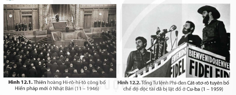 HOẠT ĐỘNG KHỞI ĐỘNGGV yêu cầu HS thảo luận và trả lời:Em hãy quan sát Hình 12.1, 12.2 và trả lời câu hỏi: Sự thay đổi về tình hình của một số nước châu Á và Mỹ La-tinh (Nhật Bản và Cu-ba) qua hai hình trên là gì?HOẠT ĐỘNG HÌNH THÀNH KIẾN THỨCHoạt động 1. Tìm hiểu khái quát khu vực Mỹ - Latinh GV đặt câu hỏi hướng dẫn học sinh tìm hiểu: Hãy nêu nét chính về các nước Mỹ La-tinh từ năm 1945 đến năm 1991. Đánh giá kết quả của công cuộc xây dựng chủ nghĩa xã hội ở Cu-ba (1961 – 1991).Sản phẩm dự kiến:Sau Chiến tranh thế giới thứ hai, Mỹ đã tìm cách thiết lập các chế độ độc tài thân Mỹ ở Mỹ La-tinh nhằm biến khu vực này thành “sân sau  của mình. Nhiều nước Mỹ La-tinh đã tiến hành cách mạng dân tộc dân chủ, lật đổ chế độ độc tài thành công, mở đầu là cuộc cách mạng Cu-ba (1959), sau đó bùng phát mạnh mẽ với các cuộc đấu tranh vũ trang ở nhiều nước như: Bô-li-vi-a, Vê-nê-xu-ê-la, Cô-lôm-bi-a, Ni-ca-ra-goa, ... Sau khi hoàn thành cách mạng dân tộc dân chủ, các nước Mỹ La-tinh bắt tay vào xây dựng đất nước và đã đạt được nhiều thành tựu quan trọng.Độc lập, chủ quyền được củng cố, nền chính trị được dân chủ hóa, nền kinh tế được cải cách, quá trình liên kết khu vực cũng được đẩy mạnh. Cu-ba là nước đi tiên phong trong cuộc cách mạng dân tộc dân chủ ở Mỹ La-tinh. Cách mạng Cu-ba nổ ra và giành thắng lợi (1952 - 1959), nước Cộng hòa Cu-ba được thành lập. Từ năm 1961, Cu-ba tiến hành xây dựng chủ nghĩa xã hội và đạt được nhiều thành tựu to lớn trên các lĩnh vực chính trị, kinh tế, xã hội.Hoạt động 2. Những nét chính về Nhật Bản, Ấn Độ, Trung Quốc, Ấn Độ từ những năm 1945-1991 HS thảo luận trả lời câu hỏi: - Trình bày những nét chính về tình hình Nhật Bản từ năm 1945 đến năm 1991. - Trình bày những nét chính về tình hình Trung Quốc từ năm 1945 đến năm 1978. Nêu nét chính của công cuộc cải cách, mở cửa ở Trung Quốc (1978 – 1991).- Trình bày những nét chính về tình hình Ấn Độ từ năm 1945 đến năm 1991. Sản phẩm dự kiến:2.1. Nhật Bản+ Chính trị: Giai đoạn 1945 - 1952: Nhật Bản bị quân đội Mỹ dưới danh nghĩa lựclượng Đồng minh chiếm đóng. Bộ chỉ huy tối cao lực lượng Đồng minh (SCAP) do Mỹ đứng đầu đã tiến hành cải cách, loại bỏ chủ nghĩa quân phiệt và thiết lập nền dân chủ tư sản đại nghị ở Nhật Bản. Nhật Bản hoàn toàn lệ thuộc vào Mỹ về chính trị và an ninh. Từ năm 1955 đến năm 1991, Đảng Dân chủ Tự do (LDP) liên tục cầm quyền ở Nhật Bản và tiếp tục duy trì liên minh chặt chẽ với Mỹ, nhưng dần đa dạng hoá quan hệ đối ngoại nhằm nâng cao vị thế quốc tế.+ Về kinh tế: Sau khi tiến hành cải cách (1945 - 1952), nền kinh tế Nhật Bản đãphục hồi và phát triển nhanh. Đến những năm 60, kinh tế Nhật Bản tăng trưởng đạtmức “thần kì