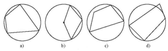 1. NHẬN BIẾT (5 CÂU)Câu 1: Em hãy nêu định nghĩa về tứ giác nội tiếp đường tròn.Trả lờiTứ giác có bốn đỉnh nằm trên một đường tròn được gọi là tứ giác nội tiếp đường tròn (hoặc đơn giản là tứ giác nội tiếp) và đường tròn được gọi là đường tròn ngoại tiếp tứ giác. Câu 2: Em hãy nêu định lí về tổng số đo hai góc đối nhau bằng 180 độ.Trả lờiĐịnh lí Trong một tứ giác nội tiếp, tổng số đo hai góc đối nhau bằng 180°. Câu 3: Đường tròn ngoại tiếp của hình vuông và hình chữ nhật có đặc điểm gì?Trả lời:Đường tròn ngoại tiếp của chúng có tâm là giao điểm của hai đường chéo và bán kính bằng một nửa độ dài đường chéo. Câu 4: Trong các tứ giác sau, tứ giác nào nội tiếp được đường tròn? Giải thích.Trả lời: Câu 5: Trong các tứ giác sau, tứ giác nào nội tiếp được đường tròn? Giải thích.Trả lời: Câu 6: Trong các đường tròn (O) sau, đường tròn nào ngoại tiếp tứ giác ABCD? Giải thích. Trả lời: 2. THÔNG HIỂU (4 CÂU)Câu 1: Trong hình vẽ dưới đây, cho a = 140 độa) Tính các góc ,  của tứ giác ABCDb) Tính  + Trả lời:a) Ta có:  (góc nội tiếp và góc ở tâm cùng chắn cung AC)   +  =  (tứ giác ABCD nội tiếp đường tròn)  +  =  =  -  = b) Tứ giác ABCD nội tiếp đường trong nên   +  =  Câu 2: Cho tứ giác ABCD nội tiếp đường tròn. Tính số đo các góc còn lại của tứ giác đó trong  trường hợp sau:   = 45 và  = 155 Trả lời:Ta có:  (tứ giác  nội tiếp đường tròn )Ta có:  (tứ giác  nội tiếp đường tròn ) Câu 3: Trong hình vẽ dưới đây, cho ADC = 40 độ, BCD = 100 độa) Tính các góc ,  của tứ giác ABCDb) Tính Trả lời: Câu 4: Cho tam giác ABC có ba góc nhọn. Vẽ các đường cao BD và CE của tam giác ABC . Gọi H là giao điểm của BD và CE. Chứng minh ADHE là tứ giác nội tiếpTrả lời: 3. VẬN DỤNG (2 CÂU)Câu 1: Cho nửa đường tròn đường kính AD. Lấy điểm B thuộc nửa đường tròn (B khác A và D), trên cung BD lấy điểm C (C khác B và D). Hai dây AC, BD cắt nhau tại điểm E. Kẻ đoạn thẳng EF vuông góc với AD (F∈ AD):a) Chứng minh tứ giác ABEF nội tiếp b) Chứng minh AE.AC = AF.AD.Trả lời:Ta có hình vẽ:a) Chứng minh tứ giác ABEF nội tiếpB thuộc (O) ⇒   = 90° (góc nội tiếp chắn nửa đường tròn ) ⇒  = 90°  EFAD (gt) ⇒  = 90° Xét tứ giác ABEF có  mà 2 góc này đối nhau⇒ABEF là tứ giác nội tiếpb) Chứng minh AE.AC = AF.AD : Có C ∈ (O) ⇒ = 90° (góc nội tiếp chắn nửa đường tròn)Xét ∆AFE và ∆ACD có: chung,  ⇒ ∆AFE  ∆ACD (g . g) ⇒  AE.AC = AF.AD (đpcm). Câu 2: Cho tam giác nhọn . Đường tròn  đường kính  cắt  lần lượt tại . Đường thẳng  cắt  tại  và đường thẳng  cắt  tại .a) Chứng minh tứ giác  nội tiếp.b) Chứng minh tứ giác  nội tiếp.Trả lời:4. VẬN DỤNG CAO (2 CÂU)