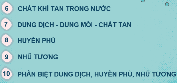 PHẦN 1: SOẠN GIÁO ÁN WORD KHTN 6 (HOÁ HỌC) CHÂN TRỜI SÁNG TẠONgày soạn:.../..../.....Ngày dạy: :.../..../.....CHỦ ĐỀ 5: CHẤT TINH KHIẾT- HỖN HỢP. PHƯƠNG PHÁP TÁCH CÁC CHẤT (6 TIẾT)BÀI 15: CHẤT TINH KHIẾT- HỖN HỢPI. MỤC TIÊU:1. Kiến thức: - Sau khi học xong bài này, HS:Nêu được khái niệm chất tinh khiết, hỗn hợp.Phân biệt được hỗn hợp đồng nhất, hỗn hợp không đồng nhất.Nhận ra được một số khí cũng có thể hoà tan trong nước để tạo thành một dung dịch; các chất rắn hoà tan và không hoà tan trong nước.Nêu được các yếu tố ảnh hưởng đến lượng chất rần hoà tan trong nước.Thực hiện được thí nghiệm để biết dung môi, dung địch là gì; phân biệt được dung môi và dung dịch.Quan sát được một số hiện tượng trong thực tiễn để phân biệt được dung dịch với huyền phù, nhữ tương.2. Năng lực- Năng lực chung: Tự chủ và tự học: Tự học theo hướng dẫn của GV các nội dung về chất tỉnh khiết, hỗn hợp, dung dịch, huyền phù và nhũ tươngGiao tiếp và hợp tác: Hoạt động nhóm một cách hiệu quả, đảm bảo các thành viên trong nhóm đều được tham gia và trình bày báo cáoGiải quyết vấn đề và sáng tạo: Thảo luận hiệu quả với các thành viên trong nhóm để hoàn thành các phương án tìm hiểu chất tỉnh khiết, hỗn hợp, dung dịch, huyền phù và nhũ tương.- Năng lực khoa học tự nhiênNhận thức khoa học tự nhiên: Nêu được khái niệm chất tinh khiết, hỗn hợpPhân biệt được hỗn hợp đồng nhất, hỗn hợp không đồng nhất; Nhận ra được một số khí cũng có thể hoà tan trong nước để tạo thành một dung dịch, các chất rắn hoà tan và không hoà tan trong nước; Nêu được các yếu tố ảnh hưởng đến lượng chất rần hoà tan trong nướcTìm hiểu tự nhiên: Thực hiện được thí nghiệm đề biết dung môi, dung dịch là gì; Phân biệt được dung môi và dung dịchVận dụng kiến thức, kỉ năng đã học: Quan sát một số hiện tượng trong thực tiễn để phân biệt được dung dịch với huyền phù, nhũ tương.3. Phẩm chấtTham gia tích cực hoạt động nhóm phủ hợp với khả năng của bản thânCẩn thận, khách quan và trung thực trong thực hành, hoàn thành các bảng số liệuCó niềm say mê, hứng thú với việc khám phá và học tập khoa học tự nhiên.II. THIẾT BỊ DẠY HỌC VÀ HỌC LIỆU 1. Đối với giáo viên: tranh ảnh, máy chiếu, slide bài giảng, SGV. Đường viên, cốc nước.....2 . Đối với học sinh : vở  ghi, sgk, đồ dùng học tập và chuẩn bị từ trướcIII. TIẾN TRÌNH DẠY HỌCA. HOẠT ĐỘNG KHỞI ĐỘNG (MỞ ĐẦU)a. Mục tiêu: tạo hứng thú cho HS tìm hiểu về bài họcb. Nội dung: HS  quan sát SGK để tìm hiểu nội dung kiến thức theo yêu cầu của GV.c. Sản phẩm: Từ bài HS vận dụng kiến thức để trả lời câu hỏi GV đưa ra.d. Tổ chức thực hiện: Gv dẫn dắt, đặt vấn đề từ câu hỏi phần khởi động:Ở bài 14, em đã được học các loại lương thực- thực phẩm. Chúng ở dạng tinh khiết hay hỗn hợp? Trong cuộc sống có những sản phẩm ở dạng chất tinh khiết những cũng có nhiều sản phẩm ở dạng hỗ hợp, Vậy thế nào là chất tinh khiết, hỗn hợp? Bài học 15: Chất tinh khiết- hỗn hợp ngày hôm nay chúng ta sẽ tìm hiểu và giải thích được những vấn đề đóB. HÌNH THÀNH KIẾN THỨC MỚII. CHẤT TINH KHIẾTHoạt động 1: Quan sát một số chất trong cuộc sốnga. Mục tiêu: HS quan sát và nhận xét về một số chất có ứng dụng trong cuộc sống.b. Nội dung: HS đọc SGK để tìm hiểu nội dung kiến thức theo yêu cầu của GV.c. Sản phẩm: HS đưa ra được câu trả lời phù hợp với câu hỏi GV đưa rad. Tổ chức thực hiện: Hoạt động của GV và HSSản phẩm dự kiến- Bước 1: GV chuyển giao nhiệm vụ học tậpGV yêu cầu các nhóm HS quan sát hình 15.1 và thảo luận các nội dung 1 và 2 trong SGK:Câu 1. Em có nhận xét gì về số lượng các chất có trong nước cất, bình khí oxygen y tế, sản phẩm đường tinh luyện và muối tỉnh. Các chất đó ở thể nào?Câu 2: Đường có vị ngọt, muối ăn có vị mặn, nước sôi ở 100 9C và khí oxygen hoá lỏng ở -183 °C. Theo em, nếu lẫn tạp chất khác thì những tính chất trên có thay đổi không?- Bước 2: HS thực hiện nhiệm vụ học tập  + HS Hoạt động theo nhóm đôi, quan sát hình vẽ+ GV: quan sát và trợ giúp các cặp.  - Bước 3: Báo cáo kết quả hoạt động và thảo luận GV gọi HS trả lời, HS còn lại nghe và nhận xét- Bước 4: Đánh giá kết quả thực hiện nhiệm vụ học tập GV gợi ý HS rút ra kết luận như SGK.1. Chất tinh khiếta. Quan sát một số chất trong cuộc sống- Chất tinh khiết ( chất nguyên chất) được tạo ra từ một chất duy nhất.- Các chất có trong nước cất, bình khí oxygen y tế, sản phẩm đường tinh luyện và muối tỉnh đều nguyên chất, không lẫn tạp chất. Nước cất ở thể lỏng, oxygen ở thể khí, đường tinh luyện và muối ăn ở thể rắn.- Nếu lẫn tạp chất thì vị, nhiệt độ sôi và nhiệt độ ngưng tụ của các chất ( đường, nước sôi, khí oxygen hóa lỏng ở -183 °C)  sẽ thay đổi.II. HỖN HỢPHoạt động 2: Quan sát một số sản phẩm chứa hỗn hợp các chấta) Mục tiêu: HS quan sát một số hỗn hợp được minh họa ở hình 15.2 và 15.3 trong SGK, sau đó tổ chức cho HS thảo luậnb. Nội dung: HS đọc SGK để tìm hiểu nội dung kiến thức theo yêu cầu của GV.c. Sản phẩm: HS đưa ra được câu trả lời phù hợp với câu hỏi GV đưa rad. Tổ chức thực hiện: ------------------- Còn tiếp -------------------PHẦN 2: BÀI GIẢNG POWERPOINT KHTN 6 (HOÁ HỌC) CHÂN TRỜI SÁNG TẠOCHÀO MỪNG CÁC EM ĐẾN VỚI BUỔI HỌC NGÀY HÔM NAYKHỞI ĐỘNGTheo em, nước khoáng mà chúng ta sử dụng có được coi  là một chất tinh khiết không?CHỦ ĐỀ 5: CHẤT TINH KHIẾT- HỖN HỢP. PHƯƠNG PHÁP TÁCH CÁC CHẤTBÀI 15.CHẤT TINH KHIẾT- HỖN HỢPNỘI DUNG BÀI HỌC1. CHẤT TINH KHIẾTMuối tinh khiếtNước cấtBình OxygenĐường tinh luyệnMột số sản phẩm tinh khiếtEm có nhận xét gì về số lượng các chất có trong các sản phẩm trên? Các chất đó ở thể nào?- Được tạo ra từ một chất duy nhất.- Mỗi chất tinh khiết đều có thành phần hoá học và tính nhất định.=> Cách nhận biết chất tinh khiết.- Chất tinh khiết có thể là:+ Chất lỏng: nước cất, cồn ethanol, sunfuric acid.+ Chất khí: oxygen, hydrogen, nitrogen.+ Chất rắn: đường, muối.VD: Nước tinh khiếtChứa 11,2% hydrogen Chứa 88,8% oxygen Nhiệt độ sôi 100°CNhiệt độ đông đặc ở 0°C tại áp suất thườngKhối lượng riêng D=1g/mlĐường có vị ngọtMuối ăn có vị mặnNước sôi ở 100°C Khí oxygen hoá lỏng ở -183°CTheo em, nếu lẫn tạp chất khác thì những tính chất trên có thay đổi không?- Nếu lẫn tạp chất thì vị, nhiệt độ sôi và nhiệt độ ngưng tụ của tất cả các chất trên (đường, muối, nước sôi, khí oxygen hóa lỏng) đều sẽ thay đổi.2. HỖN HỢP------------------- Còn tiếp -------------------PHẦN 3: TÀI LIỆU ĐƯỢC TẶNG KÈM1. TRỌN BỘ TRẮC NGHIỆM KHTN 6 (HOÁ HỌC) CHÂN TRỜI SÁNG TẠOBộ trắc nghiệm KHTN 6 (Hoá học) CTST tổng hợp câu hỏi 4 mức độ khác nhau: nhận biết, thông hiểu, vận dụng, vận dụng cao + trắc nghiệm đúng/sai + câu hỏi trả lời ngắnBÀI 15: CHẤT TINH KHIẾT - HỖN HỢP. PHƯƠNG PHÁP TÁCH CÁC CHẤT PHẦN A. CÂU HỎI TRẮC NGHIỆM ( 28 câu)