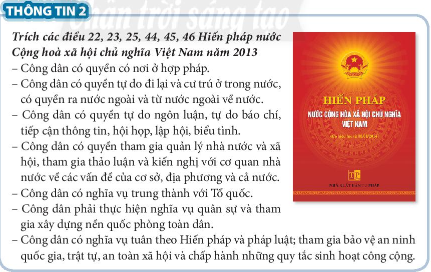 PHẦN 1: SOẠN GIÁO ÁN WORD GIÁO DỤC CÔNG DÂN 6 CHÂN TRỜI SÁNG TẠONgày soạn: …/…/…Ngày dạy: …/…/…BÀI 10: QUYỀN VÀ NGHĨA VỤ CƠ BẢN CỦA CÔNG DÂN VIỆT NAM (2 TIẾT)I. MỤC TIÊU:1. Kiến thức:  Sau khi học xong tiết học này HS- Khám phá được quy định của Hiến pháp nước Cộng hoà xã hội chủ nghĩa Việt Nam về quyền và nghĩa vụ cơ bản của công dân.- Thực hiện được một số quyền và nghĩa vụ cơ bản của công dân.2. Năng lực - Năng lực chung: Năng lực tự chủ và tự học, năng lực giao tiếp và hợp tác, năng lực giải quyết vấn đề và sáng tạo.- Năng lực đặc thù: Năng lực điều chỉnh hành vi, năng lực phát triển bản thân3. Phẩm chất:- Trách nhiệm của bản thân trong cuộc sống.II. THIẾT BỊ DẠY HỌC VÀ HỌC LIỆU 1 – Chuẩn bị của GV: - Tài liệu SGK, SGV, SBT- Phương tiện: máy tính, máy chiếu, bảng, phấn.- Tranh ảnh mô phỏng trang phục các dân tộc Việt Nam.2 – Chuẩn bị của HS: - Tài liệu SGK, SBT- Đồ dùng học tập và chuẩn bị tài liệu theo hướng dẫn của GV.III. TIẾN TRÌNH DẠY HỌCA. HOẠT ĐỘNG KHỞI ĐỘNG (MỞ ĐẦU)a. Mục tiêu: HS huy động vốn kiến thức, hiểu biết của mình về một số dân tộc Việt Nam để biết được công dân Việt Nam thuộc các dân tộc khác nhau ở Việt Nam đều được hưởng quyền và nghĩa vụ như nhau theo quy định của Hiến pháp năm 2013.b. Nội dung: Em hãy quan sát các hình ảnh trong SGK tr. 39 và trả lời câu hỏi:- Dựa vào trang phục trong các hình ảnh trên, em hãy xác định tên các dân tộc Việt Nam.- Theo em, công dân Việt Nam thuộc các dân tộc khác nhau trên đất nước ta có quyền và nghĩa vụ như nhau không?c. Sản phẩm:  HS biết được công dân Việt Nam thuộc các dân tộc khác nhau trên đất nước ta có được hưởng quyền và nghĩa vụ như nhau. Điều đó thể hiện công dân Việt Nam có quyền bình đẳng trên mọi lĩnh vực của cuộc sống. Công dân Việt Nam được hưởng quyền công dân nhưng đồng thời phải thực hiện nghĩa vụ công dân.d. Tổ chức thực hiện: - GV chia lớp thành các nhóm và giao nhiệm vụ học tập cho từng nhóm.- GV có thể chia lớp thành các nhóm nhỏ khoảng 6 HS một nhóm, mỗi nhóm là một đội chơi. Có thể linh hoạt sử dụng các kĩ thuật chia nhóm.- GV có thể chọn ra 1 số bạn trong lớp cùng với cô giáo để làm ban tổ chức (đã có chuẩn bị trước giờ học), đưa ra những câu hỏi dưới dạng thông tin, hình ảnh,... về trang phục, tập quán truyền thống, nét đặc trưng của vùng miền của một số dân tộc. Chuẩn bị ít nhất thông tin về 6 dân tộc dưới dạng các câu hỏi.- Ban tổ chức chiếu lần lượt các câu hỏi trên màn hình với mỗi dân tộc sẽ có những gợi ý từ dễ đến khó dần. Các nhóm sẽ có tín hiệu trả lời, nhóm nào trả lời ở gợi ý đầu tiên sẽ được 15 điểm, ở gợi ý thứ 2 là 10 điểm, gợi ý thứ 3 là 5 điểm.- Kết thúc phần trò chơi, đội nào được nhiều điểm nhất sẽ là đội chiến thắng và nhận được phần quà do ban tổ chức chuẩn bị.- GV tổng kết trò chơi và đặt câu hỏi cho HS.- Theo em, công dân Việt Nam thuộc các dân tộc khác nhau trên đất nước ta có được hưởng quyền và nghĩa vụ như nhau không? Vì sao?- GV mời đại diện HS trả lời.- GV nhận xét và dẫn dắt vào bài học: Các quyền của công dân được quy định trong Hiến pháp và các văn bản pháp luật khác, điểu chỉnh những quan hệ quan trọng giữa công dân và nhà nước, là cơ sở tồn tại của cá nhân và hoạt động bình thường của xã hội. Để tìm hiểu kĩ về Quyền và nghĩa cụ của công dân Việt Nam, chúng ta tìm hiểu bài 10: Quyền và nghĩa vụ cơ bản của công dân Việt Nam.B. HOẠT ĐỘNG HÌNH THÀNH KIẾN THỨC ( Khám phá)Hoạt động 1: Tìm hiểu khái niệm quyền và nghĩa vụ của công dâna. Mục tiêu: HS nêu được hiểu biết của mình về quyền và nghĩa vụ của công dân qua việc đọc thông tin về một số tấm gương công dân Việt Nam tiêu biểu.b. Nội dung: Em hãy đọc các thông tin trong SGK tr. 40 và trả lời câu hỏi.c. Sản phẩm: HS nhận ra tấm gương trong SGK tr. 40 cho thấy trách nhiệm của công dân trong việc thực hiện quyền và nghĩa vụ đối với Nhà nước, thể hiện mối quan hệ giữa công dân với Nhà nước. Nhà nước đảm bảo các quyền cho công dân đồng thời để được hưởng các quyền đó công dân phải có trách nhiệm với Nhà nước. Từ đó, HS rút ra ý nghĩa: Là công dân Việt Nam cần có trách nhiệm thực hiện tốt quyền và nghĩa vụ cơ bản của công dân, góp phần xây dựng đất nước. Các quyền và nghĩa vụ cơ bản của công dân được quy định trong các văn bản pháp luật mà cụ thể nhất là trong Hiến pháp và các Luật, Bộ Luật.d. Tổ chức thực hiện: HOẠT ĐỘNG CỦA GV VÀ HSSẢN PHẨM DỰ KIẾNBước 1: Chuyển giao nhiệm vụ: GV cho HS quan sát và yêu cầu HS trả lời câu hỏi:- Theo em, chị Thanh đã thực hiện quyền và nghĩa vụ cơ bản nào của công dân nước Cộng hoà xã hội chủ nghĩa Việt Nam?- Em hiểu thế nào là quyền cơ bản, thế nào là nghĩa vụ cơ bản của công dân? Bước 2: Thực hiện nhiệm vụ:  + HS hoạt động theo nhóm đôi, thảo luận và trả lời câu hỏi.+ GV: quan sát và trợ giúp các cặp.   Bước 3: Báo cáo, thảo luận: + GV mời 2, 3 HS trả lời+ Các bạn khác nhận xét, bổ sung cho nhau.  Bước 4: Kết luận, nhận định+ GV nhận xét, dẫn dắt HS hướng tới khái niệm siêng năng, kiên trì+ GV chuẩn kiến thức.1. Tìm hiểu khái niệm - Trách nhiệm của công dân trong việc thực hiện quyền và nghĩa vụ đối với Nhà nước, thể hiện mối quan hệ giữa công dân với Nhà nước. Nhà nước đảm bảo các quyền cho công dân đồng thời để được hưởng các quyền đó công dân phải có trách nhiệm với Nhà nước.-  Là công dân Việt Nam cần có trách nhiệm thực hiện tốt quyền và nghĩa vụ cơ bản của công dân, góp phần xây dựng đất nước. Các quyền và nghĩa vụ cơ bản của công dân được quy định trong các văn bản pháp luật mà cụ thể nhất là trong Hiến pháp và các Luật, Bộ Luật.=> Khái niệm:- Quyền cơ bản của công dân là những lợi ích cơ bản mà người công dân được hưởng và được luật pháp bảo vệ- Nghĩa vụ cơ bản của công dân là yêu cầu bắt buộc của nhà nước mà mọi công dân phải thực hiện nhằm đáp ứng lợi ích của nhà nước và xã hội theo quy định của pháp luật.Hoạt động 2: Tìm hiểu quyền và nghĩa vụ cơ bản của công dân. a. Mục tiêu : HS trình bày được quy định của Hiến pháp năm 2013 về quyền vànghĩa vụ cơ bản của công dânb. Nội dung : Em hãy quan sát các bức tranh trong SGK tr. 41 và trả lời câu hỏi.c. Sản phẩm : HS hiểu được:- Quyền của công dân là những điều mà công dân được hưởng, được đảm bảo về mặt lợi ích để phát triển.- Nghĩa vụ công dân là trách nhiệm mà công dân buộc phải thực hiện.- Nhà nước Cộng hoà xã hội chủ nghĩa Việt Nam quy định quyền con người, quyền công dân về chính trị, dân sự, kinh tế, văn hoá, xã hội được công nhận, tôn trọng, bảo vệ, bảo đảm theo Hiến pháp và pháp luật. Quyền công dân không tách rời nghĩa vụ công dân.- Việc thực hiện quyền công dân cần đảm bảo nguyên tắc:+ Tôn trọng quyền công dân của người khác.+ Thực hiện quyền con người, quyền công dân không được xâm phạm lợi íchquốc gia, dân tộc, quyền và lợi ích hợp pháp của người khác.d. Tổ chức thực hiện : ------------------- Còn tiếp -------------------PHẦN 2: BÀI GIẢNG POWERPOINT GIÁO DỤC CÔNG DÂN 6 CHÂN TRỜI SÁNG TẠOCHÀO MỪNG THẦY CÔ VÀ CÁC EMQuan sát các hình ảnh và trả lời câu hỏi:- Dựa vào trang phục các hình ảnh trên, em hãy xác định tên dân tộc Việt Nam?- Theo em, công dân Việt Nam thuộc các dân tộc khác nhau trên đất nước ta có quyền và nghĩa vụ như nhau không?Dân tộc KinhDân tộc MườngDân tộc Thái………………BÀI 10: QUYỀN VÀ NGHĨA VỤ CƠ BẢN CỦA CÔNG DÂN VIỆT NAMNỘI DUNG BÀI HỌCHOẠT ĐỘNG 1: TÌM HIỂU KHÁI NIỆM QUYỀN VÀ NGHĨA VỤ CỦA CÔNG DÂNTHÔNG TIN 1Tốt nghiệp đại học, chị Thanh sang Nhật Bản du học một năm trong lĩnh vực nông nghiệp. Trở về nước, chị được một công ty nước ngoài đặt trụ sở tại Việt Nam mời làm việc, trả lương rất cao.Sau hai năm làm việc, chị xin nghỉ làm và bắt đầu một công việc mới mà chị ấp ủ từ lâu, đó là trồng rau sạch theo mô hình nông nghiệp hiện đại. Chị quyết định trở về quê, nơi mình sinh ra và lớn lên, để bắt đầu khởi nghiệp.Những ngày đầu tiên bắt tay vào làm công việc mới, như bao người khác, chị cũng gặp nhiều khó khăn, thách thức. Nhưng với ý thức về trách nhiệm của mỗi công dân, với lòng đam mê cháy bỏng, khát khao xây dựng quê hương đất nước, chị Thanh đã vượt qua những trở ngại để thực hiện được các kế hoạch đề ra.Giờ đây, mảnh đất khô can ở quê chỉ được thay thế bằng màu xanh mát mắt, trải dài tít tắp của những luống rau, vườn hành, vườn dưa…. Thành quả của chị được bắt nguồn từ một trái tim tha thiết yêu mảnh đất quê mình, muốn công hiện một phần công sức nhỏ bé của mình cho sự phát triển giàu đẹp của quê hương đất nước.THÔNG TIN 2Trích các điều 22, 23, 25, 44, 45, 46 Hiến pháp nước Cộng hoà xã hội chủ nghĩa Việt Nam  năm  2013- Công dân có quyền có nơi ở hợp pháp.- Công dân có quyền tự do đi lại và cư trú ở trong nước, có quyền ra nước ngoài và từ nước ngoài về nước.- Công dân có quyền tự do ngôn luận, tự do báo chí, tiếp cận thông tin, hội họp, lập hội, biểu tình. - Công dân có quyền tham gia quản lý nhà nước và xã hội, tham gia thảo luận và kiến nghị với cơ quan nhà nước về các vấn đề của cơ sở, địa phương và cả nước. - Công dân có nghĩa vụ trung thành với tổ quốc. Công dân phải thực hiện nghĩa vụ quân sự và tham gia xây dựng nên quốc phòng toàn dân.- Công dân có nghĩa vụ tuân theo Hiến pháp và pháp luật; tham gia bảo vệ an ninh quốc gia, trật tự, an toàn xã hội và chấp hành những quy lúc sinh hoạt công cộng Theo em chị Thanh đã thực hiện quyền và nghĩa vụ cơ bản nào của  công dân nước Cộng hòa xã hội chủ nghĩa Việt Nam?Quyền tự do kinh doanh theo quy định của pháp luật.Em hiểu thế nào là quyền cơ bản, thế nào là nghĩa vụ của công dân?- Trách nhiệm của công dân trong việc thực hiện quyền và nghĩa vụ đối với Nhà nước, thể hiện mối quan hệ giữa công dân với Nhà nước. Nhà nước đảm bảo các quyền cho công dân đồng thời để được hưởng các quyền đó công dân phải có trách nhiệm với Nhà nước.-  Là công dân Việt Nam cần có trách nhiệm thực hiện tốt quyền và nghĩa vụ cơ bản của công dân, góp phần xây dựng đất nước. Các quyền và nghĩa vụ cơ bản của công dân được quy định trong các văn bản pháp luật mà cụ thể nhất là trong Hiến pháp và các Luật, Bộ Luật.KHÁI NIỆMQuyền cơ bản của công dân là những lợi ích cơ bản mà người công dân được hưởng và được luật pháp bảo vệ Nghĩa vụ cơ bản của công dân là yêu cầu bắt buộc của nhà nước mà mọi công dân phải thực hiện nhằm đáp ứng lợi ích của nhà nước và xã hội theo quy định của pháp luật.HOẠT ĐỘNG 2: TÌM HIỂU QUYỀN VÀ NGHĨA VỤ CƠ BẢN CỦA CÔNG DÂN. ------------------- Còn tiếp -------------------PHẦN 3: TÀI LIỆU ĐƯỢC TẶNG KÈM