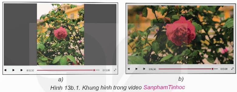 BÀI 13b. BIÊN TẬP VÀ XUẤT VIDEOHOẠT ĐỘNG KHỞI ĐỘNGGV yêu cầu HS thảo luận và trả lời: Quan sát Hình 13.b.1a và Hình 13b.1.b, em có nhận xét gì?HOẠT ĐỘNG HÌNH THÀNH KIẾN THỨCHoạt động 1. Biên tập VideoGV đặt câu hỏi hướng dẫn học sinh tìm hiểu: Biên tập video là gì?Sản phẩm dự kiến:Biên tập video là việc tìm ra các vấn đề chưa đúng, chưa tốt còn tồn tại để chỉnh sửa sao cho sản phẩm video được hoàn chỉnh về cả mặt hình thức lẫn nội dung trước khi trình chiếu hay chia sẻ.Hoạt động 2. Thực hành: Biên tập và xuất videoGv chia lớp thành 2 nhóm:- Nhóm 1: Biên tập video- Nhóm 2: Xuất videoGV hướng dẫn HS thực hiện nhiệm vụ.Sản phẩm dự kiến:2.1. Biên tập videoLoại bỏ thanh màu đenNháy chuột chọn ảnh bông hoa hồng trong bàn dựng, nháy chuột chọn , một khung bao gồm hai lệnh là Remove black bar và Shrink to fit được hiển thị phía trên biểu tượng Em chọn Remove black bar để loại bỏ âm thành màu đen. Khi đó ảnh sẽ được tự động thay đổi kích thước để vừa với khung hìnhNếu không muốn loại bỏ thanh màu đen, em thực hiện tương tự và chọn RemoveChỉnh lại thời gian hiển thị dữ liệuNháy nút chuột phải vào khung hình của tiêu đề trong bàn dựng, chọn Edit, chọn Text Cửa sổ chỉnh sửa tiêu đề mở ra. Em sẽ thấy thời gian hiển thị dòng tiêu đề đang là từ giây thứ 1 đến giây thứ 3Dùng chuột kéo thả con chạy bên phải đến vị trí giây thứ 5 để đặt thời gian hiển thị cho dòng tiêu đề là 5 giây.Nháy chuột chọn Done để hoàn thành công việc2.2. Xuất videoSau khi biên tập xong video, em nháy chuột chọn lệnh ở góc trên, bên phải giao diện phần mềm để xuất video thành tệp có định dạng mp4Cửa sổ Finish your video hiện ra cho phép em chọn chất lượng của tệp video (High, Medium hoặc Low)Nháy chuột chọn Export để mở cửa Save As rồi nhập tên video là SanPhamTinHoc.mp4 và chọn ExportVới tệp video vừa tạo ra em có thể sao chép, chia sẻ với các bạn để sử dụng triển lãm, em cũng có thể đưa lên mạng để giới thiệu với mọi ngườiHOẠT ĐỘNG LUYỆN TẬP