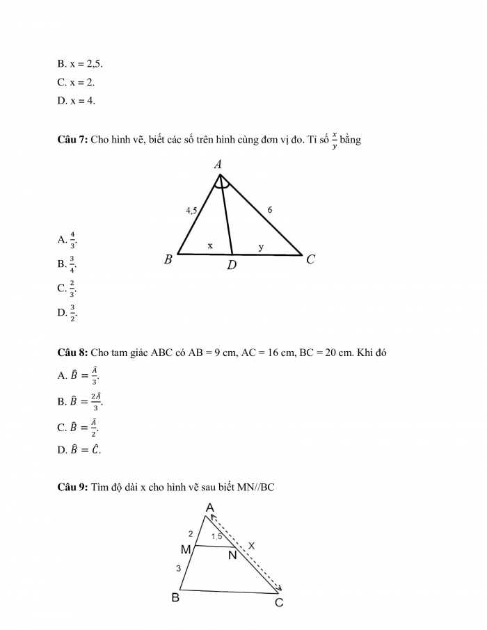 Phiếu trắc nghiệm Toán 8 cánh diều Chương 8 Bài 5: Tam giác đồng dạng