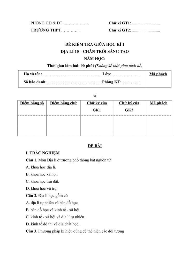 Đề thi giữa kì 1 địa lí 10 chân trời sáng tạo (Đề số 1)