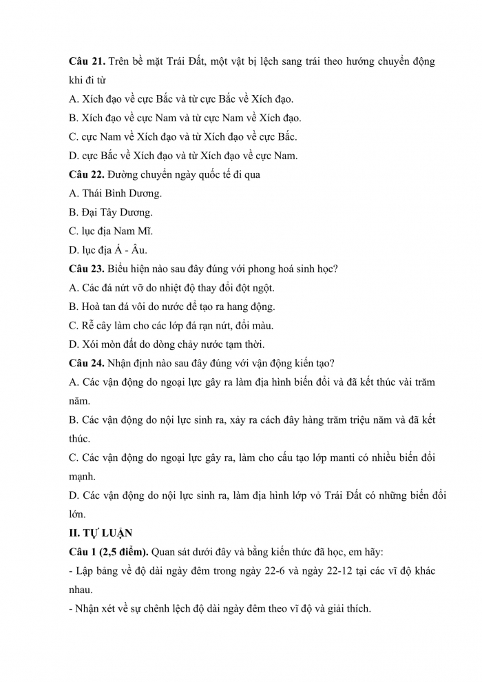 Đề thi giữa kì 1 địa lí 10 chân trời sáng tạo (Đề số 1)
