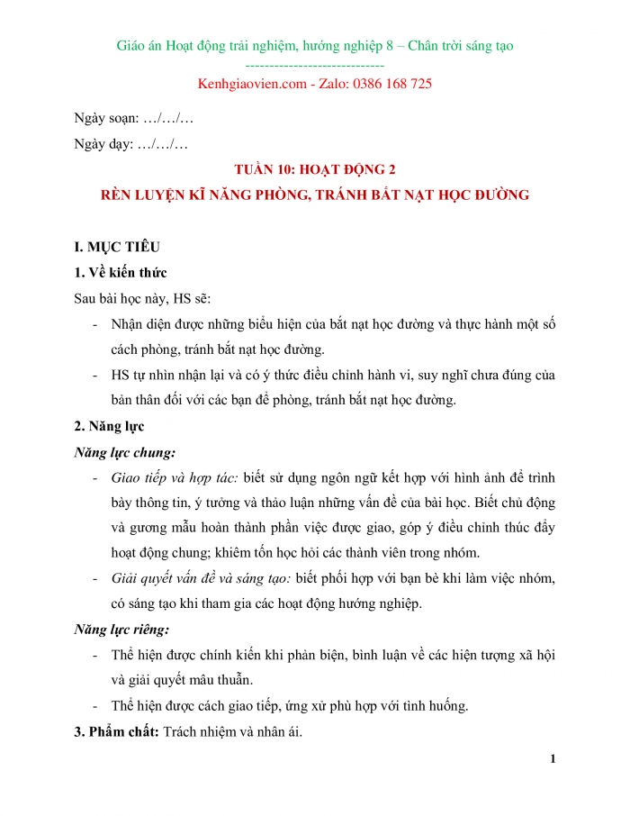 Giáo án kì 1 hoạt động trải nghiệm, hướng nghiệp 8 chân trời sáng tạo bản 2
