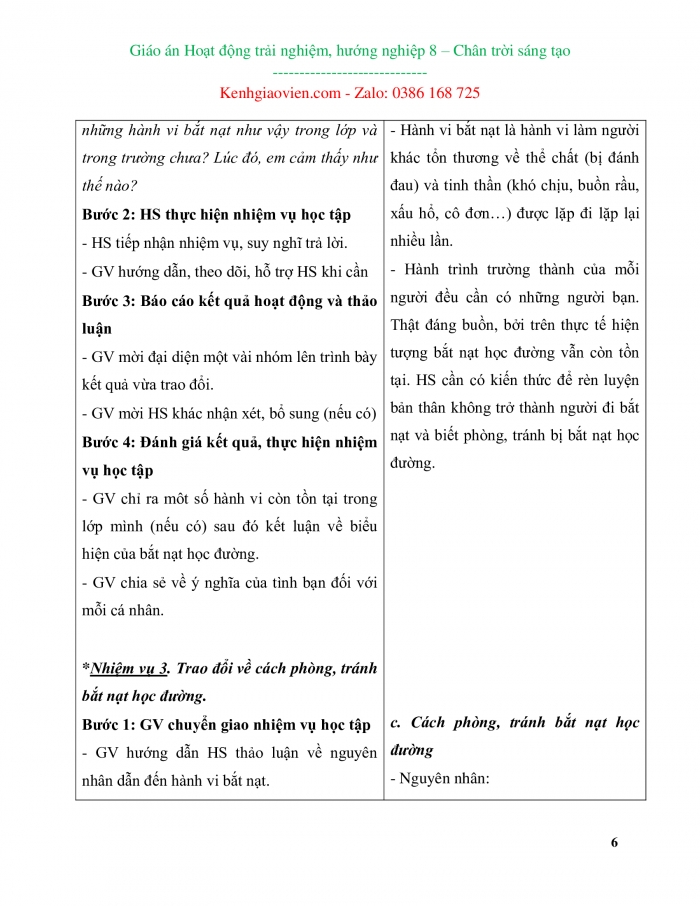 Giáo án kì 1 hoạt động trải nghiệm, hướng nghiệp 8 chân trời sáng tạo bản 2