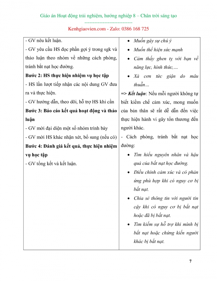 Giáo án kì 1 hoạt động trải nghiệm, hướng nghiệp 8 chân trời sáng tạo bản 2