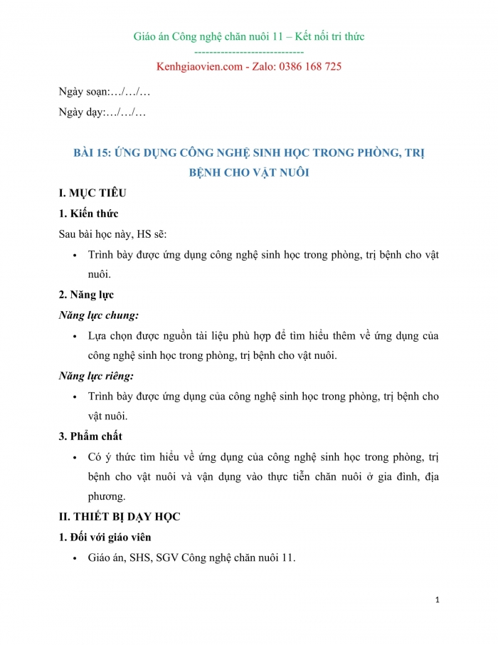Giáo án kì 2 Công nghệ chăn nuôi 11 kết nối tri thức