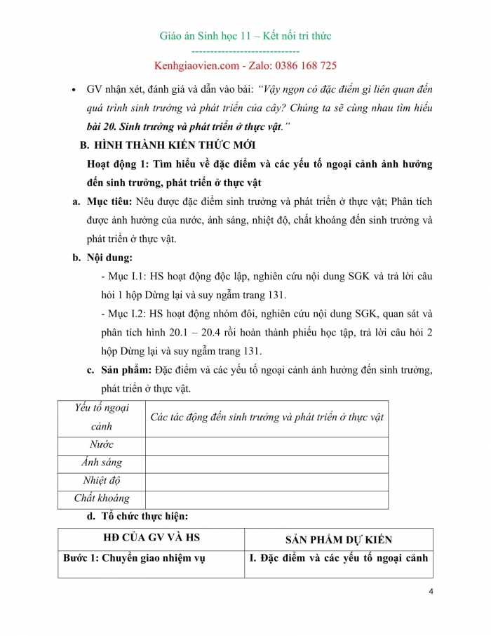 Giáo án kì 2 Sinh học 11 kết nối tri thức