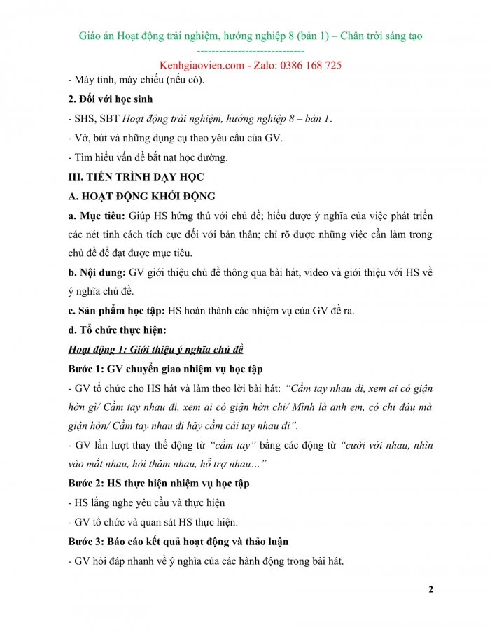 Giáo án kì 1 hoạt động trải nghiệm hướng nghiệp 8 chân trời sáng tạo bản 1